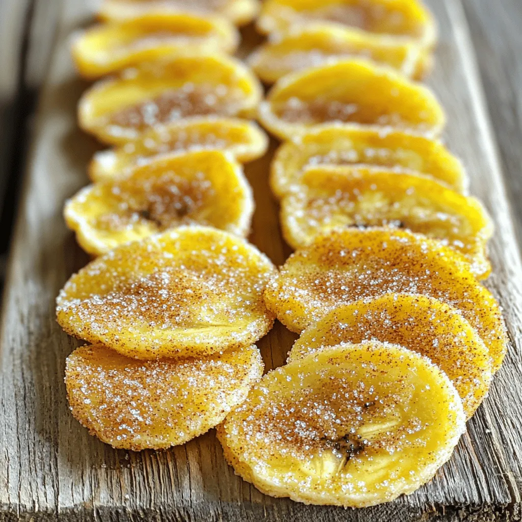 - 3 ripe bananas - 1 tablespoon ground cinnamon - 2 tablespoons brown sugar (or coconut sugar) - 1 teaspoon fresh lemon juice - A pinch of salt - Tips for selecting ripe bananas: Choose bananas that are yellow with a few brown spots. This means they are sweet and ready to use. Avoid bananas that are too green, as they won’t taste as good when cooked. - Alternatives for sugar: If you want a healthier option, use coconut sugar instead of brown sugar. It has a lower glycemic index and adds a unique taste. You can also try honey or maple syrup if you prefer liquid sweeteners. To make the banana chips, start by preparing the bananas. Peel 3 ripe bananas and slice them thinly into rounds. Aim for about 1/8 inch thickness. This thickness helps the chips crisp up nicely. A sharp knife or a mandoline slicer works best for even slices. Consistent thickness allows for even cooking, so take your time with this step. Next, add lemon juice to the banana slices. Toss them gently in a large bowl with 1 teaspoon of fresh lemon juice. This step is key because it prevents the bananas from turning brown and adds a nice flavor to the final snack. Now it’s time to cook the banana chips. First, preheat your air fryer to 350°F (175°C). Allow it to preheat for about 3-5 minutes. This ensures your chips will cook evenly and get that perfect crunch. Once preheated, arrange the banana slices in a single layer in the air fryer basket. If you find your air fryer is small, work in batches. Overcrowding may lead to uneven cooking. Cook the banana slices for 8-10 minutes. Be sure to gently shake the basket halfway through to help them cook evenly. Keep a close eye on them, as air fryer models can vary, and you don’t want them to burn. After cooking, carefully remove the banana chips from the air fryer. They will be golden and crispy. Allow them to cool on a wire rack. As they cool, they will become even crunchier, enhancing that delightful crunch we all love. For serving, arrange the banana chips on a plate. You can enjoy them as is or pair them with a tasty dip. Displaying them nicely makes them even more appealing. For those who want to explore, check out the Full Recipe for more tips and ideas. To get the best results with your banana chips, follow these air fryer tips: - Ideal Settings: Set your air fryer to 350°F (175°C). This temperature cooks the bananas evenly. - Avoid Burning: Keep a close eye on the chips. Shake the basket halfway through to ensure they cook evenly. If they start to darken too much, reduce the time slightly. You can make your banana chips even more fun with these flavor ideas: - Optional Spices: Try adding nutmeg or a dash of vanilla extract to the cinnamon-sugar mix for a unique twist. - Dipping Sauces: Pair your chips with yogurt, chocolate sauce, or nut butter for a tasty dip. Sometimes, you might face issues while making banana chips. Here are common problems and fixes: - Soggy Chips: If your chips are soft, they might need more time in the fryer. Cook them longer while checking frequently. - Uneven Cooking: If some chips are crisp and others are not, slice your bananas to the same thickness. This helps them cook evenly. {{image_4}} You can get creative with your banana chips! Adding cocoa powder gives them a rich, chocolatey flavor. Just mix in about one tablespoon of cocoa powder with your cinnamon-sugar mix. It adds a fun twist! You can also switch up sweeteners. Instead of brown sugar, try honey, maple syrup, or stevia. Each choice will change the taste slightly, so experiment to find your favorite. If you're looking for healthier options, consider using coconut sugar instead of brown sugar. Coconut sugar has a lower glycemic index. It is a great choice for a sweet treat. You can also try other fruits. Apples or pears work well in this recipe. Slice them thinly and follow the same steps. It’s a fun way to mix up your snacks! To keep your banana chips fresh, place them in an airtight container. This method stops air from making them soft. You can also use a zip-top bag, but make sure to squeeze out all the air. Store the chips in a cool, dry place. Avoid direct sunlight, as it can affect their crunch. These banana chips last about a week when stored properly. If you notice any signs of moisture, discard them. The texture is best when they are fresh, so enjoy them quickly! If your banana chips lose their crunch, don’t worry! You can easily revive them. Preheat your air fryer to 350°F (175°C). Place the chips in the basket in a single layer. Heat them for 2-3 minutes. This quick step brings back their crispy texture. Just be careful not to overheat them, as they can burn quickly. To make banana chips in an air fryer, start with ripe bananas. Peel and slice them thinly, about 1/8 inch thick. Toss the slices with lemon juice to prevent browning. In a bowl, mix cinnamon, brown sugar, and salt. Coat the banana slices with this mixture. Preheat your air fryer to 350°F. Place the slices in a single layer in the basket. Cook for 8-10 minutes, shaking halfway through. Let them cool on a wire rack for extra crunch. Using unripe bananas is not ideal for this recipe. They are harder and less sweet. Ripe bananas have more flavor and sweetness. If you only have unripe bananas, you can try them, but the taste will differ. Banana chips offer several nutritional benefits: - They are a good source of potassium. - They provide fiber, which aids digestion. - They contain vitamins B6 and C, important for your health. - Cinnamon adds antioxidants and may improve blood sugar levels. These benefits make banana chips a tasty and healthy snack. After making cinnamon-sugar air fryer banana chips, they can last up to a week. Store them in an airtight container to keep them fresh. If they lose crunch, you can reheat them in the air fryer for a few minutes. Yes, you can make banana chips without sugar! Use coconut sugar, honey, or maple syrup for sweetness. You can also skip the sweetener and focus on the cinnamon flavor. Adjust to your taste, and enjoy a healthier snack! This guide covered everything you need to make delicious banana chips in an air fryer. We discussed the best ingredients, preparation steps, and cooking tips to ensure perfect snacks. Remember to choose ripe bananas and explore flavor variations to suit your taste. With proper storage, your banana chips will stay fresh. Enjoy your homemade treat, knowing you can satisfy cravings while keeping it simple and healthy. Happy cooking!