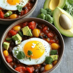 For this tasty dish, we need some key ingredients that bring flavor and texture. Here’s what you should gather: - 1 can (15 oz) black beans, thoroughly drained and rinsed - 1 can (14.5 oz) diced tomatoes with green chiles - 1 small onion, finely diced - 1 bell pepper (your choice of color), finely diced - 2 cloves garlic, minced These ingredients form the base of our breakfast chili. The black beans add protein, while the tomatoes give moisture and zest. Onions, bell peppers, and garlic bring sweetness and depth. Spices can elevate any dish, and this recipe is no different. Grab these seasonings to boost the flavor: - 1 tablespoon chili powder - 1 teaspoon ground cumin - 1 teaspoon smoked paprika - Salt and freshly ground black pepper, to taste Chili powder gives warmth and spice. Cumin adds earthiness, and smoked paprika enhances the dish with a subtle smokiness. Garnishes make the meal pop with color and flavor. You might want to include: - Fresh cilantro, chopped, for garnish - Slices of ripe avocado, for serving (optional) - Crumbled feta cheese, for garnish (optional) Fresh cilantro adds brightness. Avocado brings creaminess, and feta adds a salty bite. These garnishes turn your breakfast chili into a beautiful and hearty dish. For the full recipe, check out the details above. Enjoy crafting this delightful morning meal! Start by heating the olive oil in a large skillet over medium heat until it shimmers. Then, add the finely diced onion and bell pepper. Cook them for about five minutes. You want them to be soft and translucent. Next, add the minced garlic and sauté for one minute. Be careful not to let it burn. This step keeps the flavors bright. Now, stir in the black beans and diced tomatoes with green chiles. Add the chili powder, ground cumin, and smoked paprika. Mix everything well and let it simmer for about ten minutes. Stir it occasionally to blend the flavors. Taste the chili and adjust the seasoning with salt and freshly ground black pepper as needed. Using the back of a spoon, create four little wells in the simmering chili mixture. Carefully crack an egg into each well. Cover the skillet with a lid. Cook for five to seven minutes. The eggs should be set to your liking. I prefer mine a bit runny, but you can adjust this to suit your taste. Once cooked, remove the skillet from heat and sprinkle fresh cilantro over the dish. If you like, add slices of ripe avocado and crumbled feta cheese on top. For serving, scoop portions of the chili and eggs into deep bowls. This dish looks great when garnished with cilantro and avocado. It makes for a hearty and colorful breakfast. For the full recipe, check out the details to make your morning meal a delightful experience! To get the eggs just how you like them, you can follow these tips: - Soft Eggs: Cover the skillet and cook for 5 minutes. The yolk remains runny, and the white is set. - Medium Eggs: Cook for 6 minutes. The yolk will be slightly firm but still creamy. - Hard Eggs: For fully cooked yolks, let them cook for 7 minutes. The yolk will be firm. You can easily adjust the flavors in your breakfast chili. Here are some ideas: - Spice it Up: Add cayenne pepper or crushed red pepper flakes for heat. - Fresh Herbs: Stir in fresh cilantro or parsley for a bright touch. - Smoky Flavor: Use chipotle powder instead of chili powder for a smoky twist. Pair your chili and eggs for a delightful meal. Here are some great options: - With Bread: Serve with crusty bread or toast to soak up the chili. - Tortillas: Use warm tortillas to scoop up the chili and eggs. - Breakfast Sides: Add fruit or yogurt for a balanced breakfast. For more ideas, check out the Full Recipe for Breakfast Chili and Eggs. {{image_4}} You can make a tasty vegetarian version of breakfast chili and eggs. Replace the black beans with lentils or chickpeas for a protein boost. Add a mix of colorful vegetables like zucchini, corn, or spinach. They will add flavor and texture. This version still tastes great and is filling. If you like heat, go for a spicy version. Add sliced jalapeños to the chili base. You can also drizzle in hot sauce while cooking. This will give your dish a nice kick. Adjust the spice level to fit your taste. For a hearty breakfast bowl style, serve this chili over rice or quinoa. This adds extra fiber and makes it more filling. You can also layer it with avocado slices for creaminess. This option is perfect for a bigger meal to start your day. For the full recipe details, check out the Spicy Breakfast Chili & Eggs recipe. After you make your breakfast chili and eggs, store any leftovers in an airtight container. Refrigerate them within two hours of cooking. This helps keep your dish fresh and safe to eat. If you want to keep it longer, you can freeze it. Just make sure to use a freezer-safe container or bag. This way, it stays tasty for later meals. To reheat your breakfast chili and eggs, do it gently. Use a skillet over low heat. This helps keep the eggs from getting rubbery. Stir the chili as it warms up. If it looks a bit dry, add a splash of water or broth. You can also use a microwave, but cover the dish to avoid splatters. Heat in short bursts, stirring in between, to keep everything nice. In the fridge, your breakfast chili and eggs will last about three to four days. Keep an eye on it, and if it starts to smell off, it’s time to toss it. In the freezer, it can last up to three months. Just remember to label your container with the date. This helps you know when to eat it by. Yes, you can prep ahead! You can chop the veggies and store them in the fridge. Cook the chili base without eggs, and cool it down. When you are ready to eat, heat it up, add the eggs, and finish cooking. This saves time during busy mornings. If you want an egg-free dish, try these options: - Tofu: Crumbled or sliced firm tofu works well. - Chickpea flour: Mix with water to create a batter. - Silken tofu: Blend it to a creamy texture. - Vegan egg replacers: Check store-bought options for easy use. Make this dish your own! Here are some ideas: - Add more beans for extra protein. - Use different veggies like zucchini or corn. - Experiment with spices: add cayenne for heat or oregano for a twist. - Top with different garnishes like green onions or hot sauce. These tips help you create a breakfast chili and eggs that fits your taste! For the full recipe, visit the previous section. Breakfast chili and eggs provide a fun and tasty way to start your day. You learned about key ingredients, cooking steps, and garnishes. Tips helped you perfect egg doneness and explore flavor variations. You can even store leftovers for later enjoyment. With all these insights, you’ll make a delicious breakfast that suits your taste. Embrace creativity in each step, and enjoy your tasty dish!