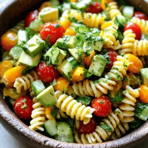 - 8 oz fusilli or rotini pasta - 1 cup cherry tomatoes, halved - 1 cup cucumber, diced - 1/2 cup red bell pepper, diced - 1/4 cup red onion, finely chopped - 1 ripe avocado, diced - 1/2 cup fresh cilantro, chopped - 1/4 cup extra virgin olive oil - 3 tablespoons freshly squeezed lime juice - 1 teaspoon lime zest - Salt and freshly ground black pepper to taste - 1/4 teaspoon garlic powder - 1/4 teaspoon ground cumin (optional for a flavor boost) - Pot for boiling pasta - Colander for draining pasta - Mixing bowl for combining ingredients - Whisk for dressing preparation To make a great cilantro lime pasta salad, you need a few key ingredients and tools. Use fusilli or rotini pasta as they hold the dressing well. Fresh veggies like cherry tomatoes, cucumber, red bell pepper, red onion, and avocado add color and crunch. Cilantro brings a fresh taste that shines in this salad. For the dressing, you’ll need extra virgin olive oil, lime juice, and lime zest for zing. Don’t forget salt, pepper, garlic powder, and cumin for added flavor. Make sure you have a pot for boiling the pasta and a colander for draining it. A mixing bowl helps you combine all the ingredients. Finally, a whisk is essential for blending your dressing smoothly. This simple list is all you need to create a fresh and flavorful dish. Check out the Full Recipe for complete details! To boil pasta perfectly for salads, start with a large pot. Fill it with water and add salt. Bring the water to a rolling boil. Add the fusilli or rotini pasta. Cook it according to the package instructions until it’s al dente, which means it should be firm but not hard. Once the pasta is done, drain it in a colander. Rinsing pasta after cooking is key. It stops the cooking process and cools the pasta quickly. This helps your salad stay fresh and tasty. While the pasta cooks, prepare your vegetables. To cut vegetables uniformly, use a sharp knife. For even bites, make sure all pieces are about the same size. This gives your salad a nice look and balanced flavor. When choosing produce for salads, pick fresh and crisp items. Look for bright colors and firm textures. For this salad, use ripe tomatoes, crunchy cucumbers, and sweet bell peppers. To make the dressing, start with a small bowl. Add extra virgin olive oil, freshly squeezed lime juice, and lime zest. Sprinkle in salt, pepper, garlic powder, and cumin if you like. Whisk these ingredients together until they blend well. This process combines the oil and juice, which is called emulsifying. A balanced dressing is key to a great salad. Taste it and adjust the flavors as needed. Follow these steps for a delicious Cilantro Lime Pasta Salad. You can find the full recipe for more details. To make your cilantro lime pasta salad sing, add fresh herbs. Consider using basil or mint for a new twist. You can also mix in spices like chili powder for heat or smoked paprika for depth. Always taste as you go! Adjust the seasoning with salt and pepper to ensure the flavors pop. Presentation matters! Serve the salad in a big, colorful bowl. Top it with a sprinkle of fresh cilantro and a few lime wedges for a bright look. This salad pairs well with grilled chicken or fish, adding protein and making it a complete meal. {{image_4}} If you want a gluten-free option, choose gluten-free pasta. Many brands offer great choices. Look for pasta made from rice, corn, or quinoa. These options work well in this salad, keeping it tasty and light. For a vegan twist, replace the avocado with a different creamy element. You could use tahini or a dollop of vegan mayo. Both will add richness and keep the salad fresh. You can switch up the citrus in your dressing. Instead of lime, use lemon for a bright taste. Or try orange for a sweet, tangy kick. Both options work wonderfully with the other flavors. Want to add protein? Try grilled chicken or shrimp for a heartier dish. Beans are also a great choice. Black beans or chickpeas add protein and texture. They make this pasta salad more filling and satisfying. For the full recipe, check out the details to make your own delicious cilantro lime pasta salad. To keep your cilantro lime pasta salad fresh, store it in an airtight container. This helps lock in the flavors and keep the salad crisp. It’s best to chill the salad for at least 30 minutes before serving. This time allows the flavors to blend beautifully. In the fridge, this pasta salad lasts about 3 to 5 days. If you notice any signs of spoilage, like odd smells or colors, it’s best to toss it. Always check before you dig in! Freezing pasta salad is not ideal. The texture of the pasta and fresh veggies changes when frozen. If you still want to freeze it, do so without the avocado. Add fresh avocado after you thaw and serve. This keeps the salad tasting fresh and vibrant. If you decide to freeze it, use a freezer-safe container. This way, you can enjoy your cilantro lime pasta salad later, but remember, it’s best fresh! I recommend chilling the salad for at least 30 minutes. This time lets the flavors blend well. The cold salad is refreshing and vibrant. If you have more time, chilling it for an hour or more enhances the taste even further. Yes, you can make this salad ahead of time. Prepare it up to a day in advance. Just keep it in the fridge, covered tightly. This allows the flavors to develop. If you add avocado, do so just before serving to keep it fresh. If your salad seems dry, you can fix it easily. Add a splash of olive oil or lime juice. You can also mix in a bit of yogurt for creaminess. Stir gently to combine. Taste it to check if you need more seasoning. In this post, I detailed the steps to create a delicious pasta salad. We covered required ingredients, kitchen tools, and easy cooking methods. You learned how to prepare fresh vegetables and make a tasty dressing. I also shared tips for serving and storage, along with variations to suit your diet. Pasta salad is versatile, quick, and perfect for any meal. Enjoy experimenting with ingredients and flavors. You’ll not only impress yourself but also those who share the meal with you. Happy cooking!