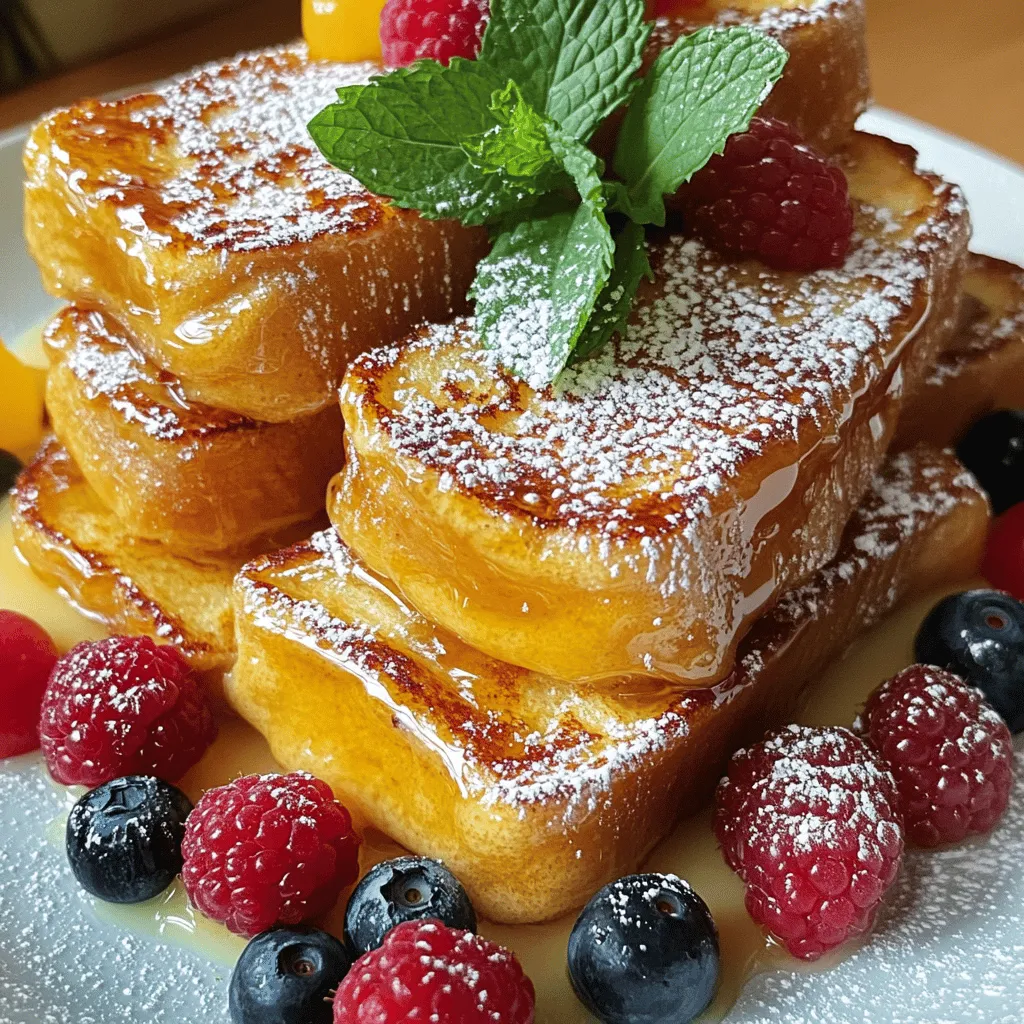 - 1 loaf of brioche bread, sliced thick - 4 large eggs - 2 cups whole milk - 1 cup heavy cream - 1 cup granulated sugar - 1 tablespoon vanilla extract - 1 teaspoon ground cinnamon - Pinch of salt The main ingredients in this recipe create a rich and creamy base. Brioche bread adds a soft texture, while the eggs, milk, and cream form the custard. Granulated sugar sweetens the mix, and vanilla provides a lovely aroma. Ground cinnamon adds warmth and flavor, while salt brings balance. - 1/4 cup additional granulated sugar (for brûlée topping) - Fresh berries and mint leaves for garnish (optional) The additional ingredients complete this dish. The extra granulated sugar is crucial for the caramelized top. Fresh berries and mint leaves not only make the dish look pretty, but they also add fresh flavors. These garnishes are optional but highly recommended for a beautiful presentation. You can find the full recipe at the end of the article. First, gather your ingredients. In a large mixing bowl, add the eggs, milk, heavy cream, granulated sugar, vanilla extract, ground cinnamon, and a pinch of salt. Whisk them together well. You want a smooth mixture, with no lumps. This custard is the heart of your crème brûlée French toast. Next, take a 9x13 inch baking dish. Grease it with butter or non-stick spray to prevent sticking. Now, layer the thick slices of brioche in the dish. Overlap the slices slightly to fit them all in. Once arranged, pour the custard mixture evenly over the brioche. Use a spatula to press down gently. This helps the bread soak up all that creamy goodness. Cover the baking dish with plastic wrap. Place it in the fridge and let it chill overnight. This allows the bread to fully absorb the custard. When you’re ready to bake, preheat your oven to 350°F (175°C). Take the dish out of the fridge and let it sit for 15 minutes at room temperature. Then, bake it uncovered for 40-45 minutes. Your French toast should be golden and set. This ensures you get that perfect texture. To make the best crème brûlée French toast, use day-old bread. Fresh bread can get too soggy. Day-old bread absorbs the custard better and holds its shape. Adjust the sweetness to your liking. If you want it sweeter, add more sugar to the custard. If you prefer it less sweet, reduce sugar accordingly. Taste as you go for the best results. Make your dish look as good as it tastes. Garnish each serving with fresh berries and mint leaves. This adds color and a fresh touch. A light dusting of powdered sugar on top brings elegance. Use a fine sieve to sprinkle the sugar evenly. Serve the French toast warm for the best flavor and texture. You can cut it into squares or serve it in individual portions for a nice touch. {{image_4}} You can easily change the flavor of your crème brûlée. Try adding chocolate, fruit, or spices. For chocolate, melt some dark chocolate and mix it into the custard. This adds a rich taste. For fruit, mash ripe bananas or blend berries into the mix. This gives your French toast a fruity twist. If you love spices, add nutmeg or cardamom to the custard. These ingredients create unique flavors that make your dish stand out. If you need gluten-free options, use gluten-free bread instead of brioche. It works well and tastes great. For vegan adaptations, swap eggs for flax eggs and use almond milk and coconut cream. This way, everyone can enjoy this dish, no matter their diet. Making these changes allows you to enjoy the same creamy, delicious taste. You can serve your overnight crème brûlée French toast with different syrups or toppings. Maple syrup is a classic choice. But you might also try chocolate syrup or a fruit compote. Fresh berries add a burst of color and flavor. You can also sprinkle nuts for a crunchy texture. Get creative with your toppings to make each serving special! To keep your Overnight Crème Brûlée French Toast fresh, store it properly. Place any leftover portions in an airtight container. This helps maintain its taste and texture. Make sure to refrigerate it right away. It will stay good for about 3 to 4 days. If you want, you can also freeze it. Wrap each piece tightly in plastic wrap, then place them in a freezer bag. It can last up to 2 months in the freezer. Remember to label the bag with the date for easy reference. When you're ready to enjoy your French toast again, you want to reheat it carefully. The best way to do this is in the oven. Preheat your oven to 350°F (175°C). Place the slices on a baking sheet lined with parchment paper. Cover them with foil to keep them moist. Heat for about 10 to 15 minutes. If you prefer the microwave, reheat on low power. Heat in 30-second intervals, checking after each round. This method helps keep the texture nice and soft. Avoid high heat, as it can make the toast tough. Always enjoy your French toast warm for the best flavor! To make the custard less eggy, you can reduce the number of eggs. Try using only three large eggs instead of four. This change helps create a lighter texture. You can also add more milk or cream to balance the flavor. A good ratio is to keep the total liquid around three cups. This way, the taste of eggs will be less strong. Yes, you can prepare this dish in advance. I recommend soaking the brioche overnight. This allows the bread to absorb all the custard flavors. You can also bake it the next day and enjoy it fresh. If you want to prepare it even earlier, you can assemble it up to two days ahead. Just cover it well and store it in the fridge. If you do not have a kitchen torch, do not worry! You can caramelize the sugar using your oven. Simply sprinkle the sugar on top of the baked French toast. Then, place it under the broiler for 2-3 minutes. Keep a close eye on it to avoid burning. The sugar should melt and turn a beautiful golden brown. This method gives you that crispy top without needing a torch. This post covered how to make delicious crème brûlée French toast. We discussed key ingredients like brioche, eggs, and cream, along with helpful tips for perfecting your dish. I shared easy steps for preparing the custard, soaking the bread, and baking. You learned various ways to adjust flavors and offered storage and reheating tips. Finally, I encourage you to get creative and impress your friends with this recipe. Enjoy your cooking journey!