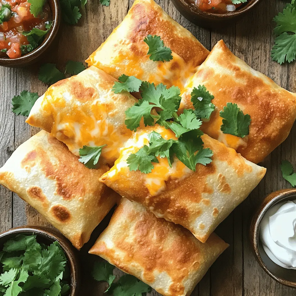 - 1 pound ground beef - 1 small onion, finely chopped - 2 cloves garlic, minced - 1 tablespoon chili powder - 1 teaspoon ground cumin - 1 teaspoon paprika - Salt and freshly ground black pepper, to taste - 1 cup shredded sharp cheddar cheese - 1 cup shredded Monterey Jack cheese - 6 large flour tortillas - 1 cup vegetable oil (for frying) - Sour cream and your favorite salsa (for serving) - Fresh cilantro, chopped (for garnish) To make crispy beef and cheese chimichangas, gather these ingredients. Each item plays a key role in flavor and texture. The ground beef is the heart of the dish. The onion and garlic add depth. The spices bring warmth and a hint of heat. Cheese lovers will appreciate the sharp cheddar and Monterey Jack. They melt beautifully and create a gooey filling. Flour tortillas are perfect for wrapping the filling tightly. The vegetable oil is essential for achieving that golden, crispy exterior. Don't forget the sour cream and salsa. They elevate the dish with a refreshing contrast. Chopped cilantro adds a pop of color and flavor. For the full recipe, check the details provided. - Heat a drizzle of oil in a large skillet over medium heat. - Add the finely chopped onion and sauté for about 3-4 minutes. The onion should be soft and fragrant. - Next, add minced garlic and ground beef to the skillet. - Sprinkle in chili powder, cumin, paprika, salt, and black pepper. - Cook this mixture for about 6-7 minutes. Stir often to break up the beef. - When the beef is fully browned and no longer pink, remove the skillet from heat. - Stir in the shredded cheddar and Monterey Jack cheeses. Mix until the cheese melts. Set this filling aside to cool slightly. - To make the tortillas flexible, warm them in a dry skillet or microwave. - Heat them for about 20 seconds in the microwave. This step helps prevent tearing. - Spoon about 1/3 cup of the beef and cheese filling onto each warm tortilla. - Fold the sides over the filling, then roll it up tightly from the bottom. - In a large pot, heat vegetable oil over medium-high heat until it shimmers. - Carefully place the chimichangas seam-side down into the hot oil. - Do this in batches to avoid overcrowding the pot. - Fry for about 3-4 minutes on each side. Look for a golden brown color. - Once they are crispy and done, remove them and place them on paper towels to drain excess oil. Check out the Full Recipe for more details. Enjoy your crispy beef and cheese chimichangas! To get that perfect crunch, control the frying temperature. Heat your oil to about 350°F. If it's too hot, the outside burns before the inside cooks. Too cool, and you'll get soggy chimichangas. To prevent oil splatter, use a splatter guard. This tool keeps the oil contained while the chimichangas fry. You can also gently lower them into the hot oil. This reduces splashing and helps keep your kitchen clean. Want to jazz up your chimichangas? Add spices like cayenne pepper for heat or oregano for a rich flavor. A little smoked paprika adds a nice touch too. You can mix in vegetables like bell peppers, corn, or spinach. Just sauté them before adding to the filling. This adds color and nutrition to your dish. Rolling chimichangas can be tricky. Start with a warm tortilla to make it more flexible. Place the filling in the center, fold in the sides, and roll from the bottom up. This method keeps everything secure. For extra security, tuck in the ends as you roll. This prevents the filling from escaping during cooking. Follow these steps for a tight, well-rolled chimichanga that holds together beautifully. For the complete recipe, check out the Full Recipe. {{image_4}} You can change the filling to suit your taste. Instead of ground beef, try using shredded chicken or black beans. Both options are tasty and healthy. You can also add vegetables like bell peppers or corn to boost the flavor. For cheese, mix in pepper jack or mozzarella for a fun twist. If you want a lighter version, consider baking your chimichangas instead of frying them. This keeps them crispy but cuts down on oil. Just brush them with a little oil and bake at 400°F (200°C) until golden. You can also use whole wheat tortillas. They add fiber and give a nice nutty flavor. To spice things up, add jalapeños to your beef mix. They give a great kick! You can also experiment with different flavor styles. Tex-Mex chimichangas often have beans and cheese, while traditional ones focus on beef and spices. Both are delicious, so try what you like best! For more ideas, check out the Full Recipe for Crispy Beef and Cheese Chimichangas. To store your chimichanga leftovers, let them cool first. Place them in an airtight container. This keeps them fresh. You can keep them in the fridge for up to three days. Make sure to label your container with the date. This way, you know when to eat them. You can freeze chimichangas before or after frying. If freezing before frying, wrap each chimichanga tightly in plastic wrap. Place them in a freezer-safe bag. They can last up to three months. If you're freezing cooked chimichangas, let them cool first. Then, wrap them in foil or cling film. They will stay good for two months. When you're ready to eat, thaw them in the fridge overnight. Reheat them in an oven for best results. Chimichangas pair well with many sides. Try serving them with fresh guacamole or pico de gallo. Sour cream is also a tasty dip. For meal prep, you can slice them in half and pack them in lunch boxes. This makes for a fun and easy meal. Check out the Full Recipe for more ideas on how to enjoy your chimichangas! To make crispy chimichangas, follow these key steps: - Use fresh tortillas for the best texture. - Heat oil to the right temperature (about 350°F). - Fry in small batches to avoid crowding. - Drain on paper towels right after frying. When you fry chimichangas, the hot oil creates that perfect crunch. The oil should shimmer, signaling it’s ready. If the oil is too cold, your chimichangas will absorb more oil and become soggy. Aim for a golden-brown color for the best results. Yes, you can bake chimichangas! Here's how: - Preheat your oven to 400°F. - Brush chimichangas lightly with oil. - Place them seam-side down on a baking sheet. - Bake for about 20-25 minutes, turning halfway. Baking gives a different texture but still tastes great. This method is healthier if you want to cut down on oil and calories. To reheat chimichangas, use one of these methods: - Oven: Preheat to 350°F and bake for 10-15 minutes. - Air Fryer: Set to 350°F for about 5-7 minutes. - Microwave: Heat in short intervals, but this may make them soggy. The oven or air fryer keeps the crispiness better than the microwave. If you want them warm and crunchy, the oven is your best bet. You can customize your filling in many ways: - Substitute ground beef with shredded chicken or beans. - Add veggies like bell peppers, corn, or spinach. - Try different cheese blends, like pepper jack or feta. This flexibility allows you to cater to different tastes and dietary needs. Feel free to experiment with spices and flavors! Chimichangas pair well with various dipping sauces: - Sour cream is a classic choice. - Salsa adds a fresh, zesty flavor. - Guacamole brings creaminess and richness. - Cheese sauce adds a fun twist. You can mix and match to find your favorite combinations. Each sauce enhances the flavor of the chimichangas and makes every bite special. For the full recipe, check out the Crispy Beef and Cheese Chimichangas section! You learned how to make delicious chimichangas step by step. We covered the key ingredients, filling preparation, and frying techniques. You now know tips for extra crispiness and how to customize your chimichanga. Whether you want a classic or a healthy version, options are endless. Enjoying chimichangas brings fun to your meals. With practice, you can master this tasty dish. Dive into cooking, and let your taste buds savor the results.