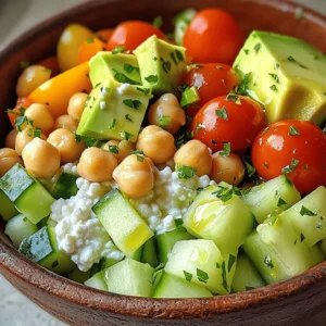 - 1 cup creamy cottage cheese - 1 can (15 oz) chickpeas, thoroughly rinsed and drained - 1 medium cucumber, diced into refreshing cubes - 1 bell pepper (choose your favorite color), diced for a vibrant touch - 1/4 red onion, finely chopped for a bit of zing - 1 cup cherry tomatoes, halved for sweetness - 1 ripe avocado, diced for creaminess - 1/4 cup fresh parsley, finely chopped for a burst of flavor - 2 tablespoons extra virgin olive oil - 1 tablespoon freshly squeezed lemon juice - 1 teaspoon ground cumin for depth - Salt and freshly cracked pepper to taste Cottage cheese is the star here. It adds a creamy texture and packs protein and calcium. Chickpeas bring fiber and vitamins. Together, they make a hearty base for this salad. Fresh vegetables add crunch and nutrients. Cucumbers are cool and refreshing. Bell peppers add color and sweetness. Cherry tomatoes bring a burst of juicy flavor. Red onion gives a nice zing. Avocado adds creaminess and healthy fats. Parsley gives a fresh touch. Olive oil and lemon juice dress the salad, enhancing flavors. Cumin adds depth, while salt and pepper round it all off. This salad is not just delicious; it’s full of healthy benefits. You’ll feel great eating it. For the full recipe, check out Chickpea & Cottage Cheese Delight. - In a large bowl, combine 1 cup of creamy cottage cheese and 1 can of chickpeas. - Gently stir until they mix well. - Next, add 1 diced cucumber, 1 diced bell pepper, and 1/4 finely chopped red onion. - Toss in 1 cup of halved cherry tomatoes and 1 diced avocado. - Sprinkle 1/4 cup of fresh parsley on top for color. - In a small bowl, mix 2 tablespoons of olive oil, 1 tablespoon of lemon juice, and 1 teaspoon of ground cumin. - Add salt and pepper to taste, then whisk until smooth. - Drizzle the dressing over your salad mixture. - Toss gently to coat every piece with the dressing. - Let the salad sit for 10 minutes. This helps all the flavors blend together. - Serve your salad chilled or at room temperature for a fresh taste. Using fresh vegetables makes a big difference. They add flavor, color, and crunch. Look for crisp cucumbers and bright bell peppers. These veggies make your salad pop! When choosing an avocado, select one that feels slightly soft. A ripe avocado will add creamy goodness to your dish. You can customize your salad with toppings. Try adding nuts for crunch or seeds for extra nutrition. Pomegranate seeds also add a sweet burst. This salad pairs well with bread or crackers. Serve it with whole grain pita for a fun twist. Adjusting the dressing can elevate your dish. If you want more zing, add more lemon juice. For a spicy kick, try adding red pepper flakes. Don't be afraid to experiment with spices like smoked paprika or garlic powder. This adds layers of flavor to your salad. {{image_4}} You can change the flavors in your salad. For a creamier texture, use Greek yogurt instead of cottage cheese. This swap gives a tangy taste and boosts protein. If you don't have chickpeas, try black beans. They add a nice texture and flavor. Want a vegan dish? Just omit the cheese or use a plant-based option. This keeps the salad fresh and tasty without dairy. If you're gluten-free, enjoy the salad as is. It fits into a gluten-free diet perfectly. You can serve it with gluten-free crackers or on lettuce leaves for a crunchy bite. To keep your cottage cheese and chickpea salad fresh, store it in a sealed container. This helps prevent it from drying out. The salad stays fresh for about 3 days in the fridge. If you notice any changes in smell or texture, it’s best to throw it out. Always check for any signs of spoilage before enjoying leftovers. Can this salad be frozen? I do not recommend freezing it as the texture may change. However, you can freeze some components. For example, you can freeze the chickpeas or the diced veggies. Just make sure to store them separately. When ready to use, thaw them in the fridge overnight. This keeps them fresh and tasty for your next salad. To make this salad, follow these steps from the Full Recipe. 1. In a large bowl, mix 1 cup of cottage cheese with 1 can of rinsed chickpeas. Stir gently until blended. 2. Add in a diced cucumber, a colorful bell pepper, finely chopped red onion, halved cherry tomatoes, and diced avocado. 3. Sprinkle 1/4 cup of fresh parsley on top of the mix. 4. In a small bowl, whisk together 2 tablespoons of olive oil, 1 tablespoon of lemon juice, and 1 teaspoon of ground cumin. Add salt and pepper to taste. 5. Pour the dressing over the salad and toss gently. 6. Let the salad rest for 10 minutes to let the flavors mix. 7. Serve the salad chilled or at room temperature for a great meal. You can enhance your chickpea salad with many tasty items. Consider adding: - Feta cheese for a salty bite - Chopped olives for a briny flavor - Fresh herbs like mint or dill for freshness - Sliced radishes for a crunchy texture - A dash of hot sauce for some heat These additions can make your salad even more delicious and exciting. Cottage cheese can stay fresh in a salad for about 1 to 3 days when stored in the fridge. - Keep it in an airtight container to maintain freshness. - Always check for off smells or changes in texture before eating. This way, you can enjoy your salad safely! This blog post covered a tasty Cottage Cheese and Chickpea Salad. We explored key ingredients like cottage cheese, chickpeas, and fresh veggies. I shared steps for preparation and serving tips to make the salad shine. In conclusion, this salad is packed with nutrients and flavor. It’s easy to make and great for any meal. Adjust it as you like, and enjoy the health benefits it offers!