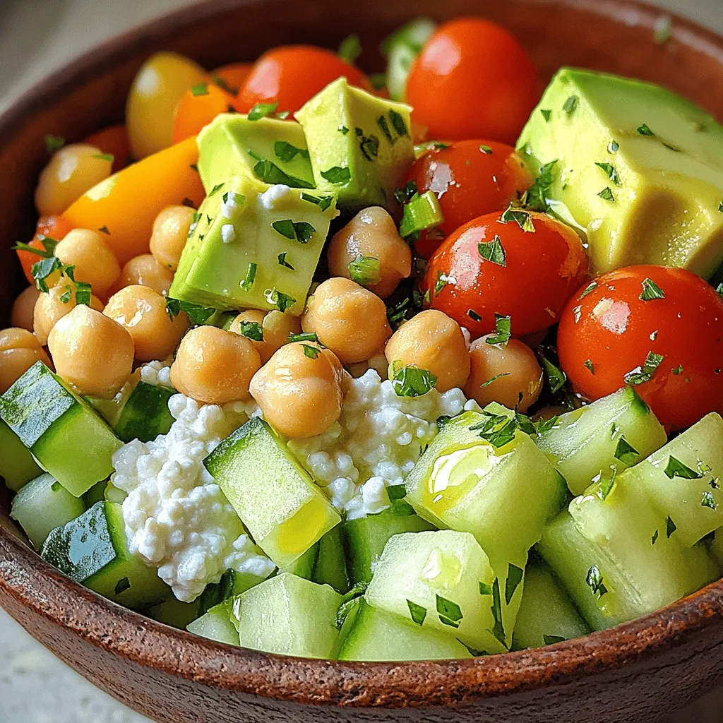 - 1 cup creamy cottage cheese - 1 can (15 oz) chickpeas, thoroughly rinsed and drained - 1 medium cucumber, diced into refreshing cubes - 1 bell pepper (choose your favorite color), diced for a vibrant touch - 1/4 red onion, finely chopped for a bit of zing - 1 cup cherry tomatoes, halved for sweetness - 1 ripe avocado, diced for creaminess - 1/4 cup fresh parsley, finely chopped for a burst of flavor - 2 tablespoons extra virgin olive oil - 1 tablespoon freshly squeezed lemon juice - 1 teaspoon ground cumin for depth - Salt and freshly cracked pepper to taste Cottage cheese is the star here. It adds a creamy texture and packs protein and calcium. Chickpeas bring fiber and vitamins. Together, they make a hearty base for this salad. Fresh vegetables add crunch and nutrients. Cucumbers are cool and refreshing. Bell peppers add color and sweetness. Cherry tomatoes bring a burst of juicy flavor. Red onion gives a nice zing. Avocado adds creaminess and healthy fats. Parsley gives a fresh touch. Olive oil and lemon juice dress the salad, enhancing flavors. Cumin adds depth, while salt and pepper round it all off. This salad is not just delicious; it’s full of healthy benefits. You’ll feel great eating it. For the full recipe, check out Chickpea & Cottage Cheese Delight. - In a large bowl, combine 1 cup of creamy cottage cheese and 1 can of chickpeas. - Gently stir until they mix well. - Next, add 1 diced cucumber, 1 diced bell pepper, and 1/4 finely chopped red onion. - Toss in 1 cup of halved cherry tomatoes and 1 diced avocado. - Sprinkle 1/4 cup of fresh parsley on top for color. - In a small bowl, mix 2 tablespoons of olive oil, 1 tablespoon of lemon juice, and 1 teaspoon of ground cumin. - Add salt and pepper to taste, then whisk until smooth. - Drizzle the dressing over your salad mixture. - Toss gently to coat every piece with the dressing. - Let the salad sit for 10 minutes. This helps all the flavors blend together. - Serve your salad chilled or at room temperature for a fresh taste. Using fresh vegetables makes a big difference. They add flavor, color, and crunch. Look for crisp cucumbers and bright bell peppers. These veggies make your salad pop! When choosing an avocado, select one that feels slightly soft. A ripe avocado will add creamy goodness to your dish. You can customize your salad with toppings. Try adding nuts for crunch or seeds for extra nutrition. Pomegranate seeds also add a sweet burst. This salad pairs well with bread or crackers. Serve it with whole grain pita for a fun twist. Adjusting the dressing can elevate your dish. If you want more zing, add more lemon juice. For a spicy kick, try adding red pepper flakes. Don't be afraid to experiment with spices like smoked paprika or garlic powder. This adds layers of flavor to your salad. {{image_4}} You can change the flavors in your salad. For a creamier texture, use Greek yogurt instead of cottage cheese. This swap gives a tangy taste and boosts protein. If you don't have chickpeas, try black beans. They add a nice texture and flavor. Want a vegan dish? Just omit the cheese or use a plant-based option. This keeps the salad fresh and tasty without dairy. If you're gluten-free, enjoy the salad as is. It fits into a gluten-free diet perfectly. You can serve it with gluten-free crackers or on lettuce leaves for a crunchy bite. To keep your cottage cheese and chickpea salad fresh, store it in a sealed container. This helps prevent it from drying out. The salad stays fresh for about 3 days in the fridge. If you notice any changes in smell or texture, it’s best to throw it out. Always check for any signs of spoilage before enjoying leftovers. Can this salad be frozen? I do not recommend freezing it as the texture may change. However, you can freeze some components. For example, you can freeze the chickpeas or the diced veggies. Just make sure to store them separately. When ready to use, thaw them in the fridge overnight. This keeps them fresh and tasty for your next salad. To make this salad, follow these steps from the Full Recipe. 1. In a large bowl, mix 1 cup of cottage cheese with 1 can of rinsed chickpeas. Stir gently until blended. 2. Add in a diced cucumber, a colorful bell pepper, finely chopped red onion, halved cherry tomatoes, and diced avocado. 3. Sprinkle 1/4 cup of fresh parsley on top of the mix. 4. In a small bowl, whisk together 2 tablespoons of olive oil, 1 tablespoon of lemon juice, and 1 teaspoon of ground cumin. Add salt and pepper to taste. 5. Pour the dressing over the salad and toss gently. 6. Let the salad rest for 10 minutes to let the flavors mix. 7. Serve the salad chilled or at room temperature for a great meal. You can enhance your chickpea salad with many tasty items. Consider adding: - Feta cheese for a salty bite - Chopped olives for a briny flavor - Fresh herbs like mint or dill for freshness - Sliced radishes for a crunchy texture - A dash of hot sauce for some heat These additions can make your salad even more delicious and exciting. Cottage cheese can stay fresh in a salad for about 1 to 3 days when stored in the fridge. - Keep it in an airtight container to maintain freshness. - Always check for off smells or changes in texture before eating. This way, you can enjoy your salad safely! This blog post covered a tasty Cottage Cheese and Chickpea Salad. We explored key ingredients like cottage cheese, chickpeas, and fresh veggies. I shared steps for preparation and serving tips to make the salad shine. In conclusion, this salad is packed with nutrients and flavor. It’s easy to make and great for any meal. Adjust it as you like, and enjoy the health benefits it offers!