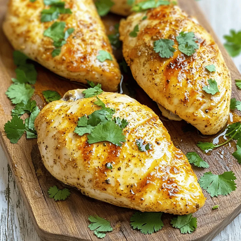 - 4 boneless, skinless chicken breasts - 2 tablespoons olive oil - 1 teaspoon garlic powder - 1 teaspoon onion powder - 1 teaspoon smoked paprika - 1 teaspoon dried oregano - 1 teaspoon salt - 1/2 teaspoon freshly ground black pepper - 1/4 teaspoon cayenne pepper (optional, for an extra kick) - Fresh herbs for garnish (such as parsley or cilantro) I love using fresh chicken breasts. They cook evenly and stay juicy. The olive oil helps the spices stick and adds flavor. Each spice brings its own unique taste. Garlic and onion powder give depth, while smoked paprika adds a nice smokiness. Oregano and salt round it out for a balanced profile. - Lemon juice or zest - Fresh herbs like thyme or rosemary - A splash of hot sauce Adding lemon juice brightens up the dish. Fresh herbs add a pop of color and flavor. If you enjoy heat, a splash of hot sauce gives a nice kick. - Air fryer - Meat thermometer - Mixing bowls - Whisk or fork - Measuring spoons An air fryer is key for making this dish. A meat thermometer ensures you cook the chicken perfectly. Mixing bowls help you prepare the spice blend. A whisk or fork mixes the spices well, and measuring spoons keep your amounts accurate. For the full recipe, check out the Full Recipe section. - Preheating the Air Fryer Set your air fryer to 375°F (190°C). Preheat it for about 5 minutes. This step helps the chicken cook evenly and get crispy. - Preparing the Chicken Breasts Take 4 boneless, skinless chicken breasts. Use paper towels to pat them dry. Dry chicken helps keep the meat juicy and tender. - Making the Spice Blend In a bowl, mix 2 tablespoons of olive oil with 1 teaspoon each of garlic powder, onion powder, smoked paprika, dried oregano, salt, and black pepper. If you like heat, add 1/4 teaspoon of cayenne pepper. Whisk until smooth. - Applying the Seasoning Rub the spice blend all over each chicken breast. Make sure each piece is fully coated. This step locks in great flavors. - Arranging the Chicken in the Air Fryer Spray the air fryer basket lightly with cooking spray. Place the seasoned chicken breasts in a single layer. Avoid overlapping to ensure even cooking. - Cooking Time and Temperature Cook the chicken for 18-20 minutes. Flip them halfway for even browning. Check for doneness by using a meat thermometer. The internal temperature should reach 165°F (74°C). To get juicy chicken, start by drying the chicken breasts. Use paper towels to remove any extra moisture. This helps the skin get crispy and keeps the meat moist. After cooking, let the chicken rest for about five minutes. Resting allows the juices to settle in the meat. Cutting too soon will let all those juices run out, leading to dry chicken. You can swap ingredients to boost flavor. For example, use lemon juice instead of vinegar in your marinade. This gives a fresh taste. Try adding honey for a hint of sweetness. Marinating is another great way to enhance flavor. A simple marinade of olive oil, lemon juice, and herbs can work wonders. Let the chicken soak for at least 30 minutes before cooking. The longer, the better the flavor. To avoid dry chicken, don't overcook it. Use a meat thermometer to check the internal temperature. It should be 165°F (74°C). For even cooking, place the chicken in a single layer in the air fryer. Avoid stacking or overlapping pieces. This ensures hot air circulates around each piece, cooking them evenly. Try these tips for juicy, flavorful air fryer chicken breasts. For the full recipe, check out the complete guide. {{image_4}} You can change the flavors of your juicy chicken breasts by trying different spice blends. Here are two fun ways to mix it up: - Adding Citrus Elements: Squeeze fresh lemon or lime juice over the chicken before seasoning. This adds a bright tang and enhances the flavor. You can also use zest for a stronger citrus kick. - Infusing with Fresh Herbs: Try using fresh herbs like rosemary, thyme, or basil. Chop them finely and mix them into your spice blend. This gives the chicken a fresh and vibrant taste. You can use more than just chicken breasts in your air fryer. Here are some great alternatives: - Using Bone-in Chicken Breasts: Bone-in chicken breasts add flavor and moisture. Cook them for a bit longer, about 25-30 minutes, to ensure they are fully done. - Air Frying Chicken Thighs: Chicken thighs are juicy and full of flavor. They cook in about 20-25 minutes. Adjust your seasoning to match their rich taste. Pairing your chicken with the right sides makes a great meal. Here are some ideas: - Pairing with Side Dishes: Serve your chicken with roasted vegetables, mashed potatoes, or a fresh salad. These sides complement the chicken well and add color to your plate. - Recommended Sauces: Drizzle your chicken with sauces like honey mustard, barbecue, or a yogurt-based sauce. These add extra flavor and make each bite special. For more details, check out the Full Recipe for juicy air fryer chicken breasts! - Storing Cooked Chicken Breasts After cooking, let the chicken cool down. Place it in an airtight container. This keeps it fresh and safe. You can store it in the fridge for up to four days. - Freezing Tips for Longevity If you want to keep it longer, freezing is great. Wrap each chicken breast tightly in plastic wrap. Then, place them in a freezer bag. This prevents freezer burn and keeps the chicken tasty. Frozen chicken lasts up to six months. - Best Practices for Reheating in the Air Fryer To reheat, set your air fryer to 350°F (175°C). Place the chicken in the basket. Heat for about 5 to 7 minutes. This method ensures the chicken stays juicy and doesn't dry out. - Other Effective Reheating Techniques You can also use the microwave. Place the chicken on a microwave-safe plate. Add a splash of water to keep it moist. Cover it with a lid or microwave-safe wrap. Heat it in short bursts to avoid overcooking. - How Long It Lasts in the Fridge Cooked chicken lasts about four days in the fridge. Make sure to store it properly to enjoy it safely. - Signs of Spoilage Always check for signs of spoilage before eating. Look for an off smell or any color changes. If it feels slimy or sticky, it's best to throw it away. You should cook chicken breasts for 18 to 20 minutes in an air fryer. This time allows the chicken to become juicy and tender. To get the best results, flip the chicken halfway through. This helps both sides cook evenly and develop a nice crust. Chicken breasts should reach an internal temperature of 165°F (74°C). Use a meat thermometer to check. This temperature ensures the chicken is safe to eat and still juicy. Cooking it to this temperature keeps the meat moist and flavorful. No, avoid stacking chicken breasts in the air fryer. Stacking can block air flow. This can lead to uneven cooking. Each piece needs space for the hot air to circulate. For best results, place the chicken in a single layer. You can serve juicy air fryer chicken breasts with many sides. Here are some great options: - Roasted vegetables - Fresh salad - Garlic mashed potatoes - Quinoa or rice - Steamed broccoli These sides complement the chicken well and make a complete meal. To know if your chicken is fully cooked, check the internal temperature. It should be 165°F (74°C). You can also cut into the thickest part of the chicken. If the juices run clear and there’s no pink meat, it is ready to eat. Always let the chicken rest for a few minutes before slicing. This keeps it juicy. To make juicy air fryer chicken breasts, you need fresh ingredients. Here’s a quick list: - 4 boneless, skinless chicken breasts - 2 tablespoons olive oil - 1 teaspoon garlic powder - 1 teaspoon onion powder - 1 teaspoon smoked paprika - 1 teaspoon dried oregano - 1 teaspoon salt - 1/2 teaspoon freshly ground black pepper - 1/4 teaspoon cayenne pepper (optional) - Fresh herbs for garnish Now, let’s talk about why each step matters. First, preheating the air fryer is crucial. It gets the air circulating and helps to crisp the chicken. Set it to 375°F (190°C) for about 5 minutes. Next, drying the chicken is key. Patting the chicken with paper towels removes moisture. This step helps achieve that crispy skin everyone loves. Then, let’s make the spice blend. Combine olive oil, garlic powder, onion powder, smoked paprika, oregano, salt, black pepper, and cayenne in a bowl. This blend adds flavor. Now, coat the chicken. Rub the spice mix all over each breast. Make sure to cover every inch. This locks in the flavor during cooking. Lightly spray the air fryer basket with cooking spray. This helps prevent sticking. Place the chicken breasts in a single layer. Avoid overlapping them for even cooking. Cook the chicken for 18-20 minutes. Flip them halfway through. This ensures both sides get crispy. Check the internal temperature. It should reach 165°F (74°C). Let the chicken rest for 5 minutes on a plate. This allows the juices to settle. The chicken will be more juicy and tasty. Finally, sprinkle fresh herbs on top before serving. This adds color and a fresh taste. Enjoy your juicy air fryer chicken breasts! For more details, check the Full Recipe. Juicy air fryer chicken breasts are easy to make with the right steps and tips. You learned about key ingredients, cooking methods, and storage tips. This guide can help you create flavorful meals without the fuss. Remember, juicy chicken needs the right prep, seasoning, and care after cooking. Try adjusting flavors or using different proteins for variety. Enjoy your tasty results and impress your family and friends with your cooking skills!