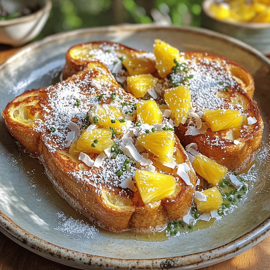 To make Hawaiian Roll French Toast, you need the following ingredients: - 8 Hawaiian rolls, sliced in half horizontally - 4 large eggs - 1 cup coconut milk - 1 teaspoon vanilla extract - 1 teaspoon ground cinnamon - 1 tablespoon brown sugar - 1/4 teaspoon ground nutmeg - Butter, for frying - Powdered sugar, for dusting - Fresh pineapple chunks and toasted coconut, for garnish Here are the important measurements for each ingredient: - Hawaiian rolls: 8, sliced - Large eggs: 4 - Coconut milk: 1 cup - Vanilla extract: 1 teaspoon - Ground cinnamon: 1 teaspoon - Brown sugar: 1 tablespoon - Ground nutmeg: 1/4 teaspoon - Butter: Enough for frying - Powdered sugar: To dust - Fresh pineapple and toasted coconut: For garnish If you want to change things up, consider these alternatives: - Use almond milk instead of coconut milk for a nutty flavor. - Swap brown sugar for maple syrup for a different sweetness. - Try adding cream cheese between the rolls for a richer texture. - Use other fruits like strawberries or bananas as garnishes. For the Full Recipe, check the detailed instructions above! To start, grab a medium mixing bowl. Crack four large eggs into the bowl. Add one cup of coconut milk for a rich taste. Next, stir in one teaspoon of vanilla extract. This adds a lovely sweetness. Then, sprinkle one teaspoon of ground cinnamon and one tablespoon of brown sugar. Finally, add a pinch of nutmeg for warmth. Whisk all these until smooth. Make sure everything mixes well. Now, heat a large skillet or griddle over medium heat. Once it’s hot, add one tablespoon of butter. Let it melt and coat the pan evenly. Take each half of the Hawaiian roll and dip it in the egg mixture. Be sure to coat it well, but don’t soak it too long. Let the extra mixture drip off. Place the soaked rolls cut-side down in the skillet. Cook for about two to three minutes until golden brown. Flip them gently and cook the other side until it’s golden too. Remove the cooked rolls and transfer them to a warm plate. Repeat with the other halves, adding more butter as needed. Once all the rolls are cooked, it’s time to serve. Place them on a plate while they are warm. Dust generously with powdered sugar for sweetness. For a tropical touch, add fresh pineapple chunks and a sprinkle of toasted coconut on top. You can even arrange them on a colorful platter for a fun look. This dish is not just tasty; it’s also a feast for the eyes! Enjoy your Hawaiian Roll French Toast! For the full recipe, refer to the detailed instructions above. To make Hawaiian Roll French Toast, use medium heat. This helps cook the rolls evenly. Melt butter in the skillet before adding the rolls. This gives you a nice, crispy crust. Dip each roll half quickly in the egg mixture. Avoid soaking too long; you want a light coating. Cook them until they turn golden brown. This usually takes about 2-3 minutes per side. One common mistake is using too high heat. This can burn the outside before the inside cooks. Another mistake is using stale rolls. Fresh Hawaiian rolls work best. They soak up the egg mixture without falling apart. Also, don’t forget to flip the rolls carefully. Use a spatula to lift them gently. This keeps them intact and looking great. For the best texture, use coconut milk. It adds creaminess and a hint of sweetness. The egg mixture should be smooth and well-mixed. This ensures each bite is rich and flavorful. Let the cooked rolls rest for a minute after cooking. This helps them firm up slightly. Finally, dust with powdered sugar just before serving for a lovely finish. For more detailed instructions, check the Full Recipe. {{image_4}} You can make Hawaiian Roll French Toast even better by adding fruits and nuts. Try mixing in sliced bananas or berries into the egg mixture. They add color and taste. You can also sprinkle some chopped nuts, like pecans or walnuts, on top before serving. This way, you get extra crunch and flavor. If you want to change up the milk, you have options. Almond milk or oat milk works great. They both give a nice taste and keep it dairy-free. You can also use regular cow's milk if you prefer. Just choose what fits your diet best. To make your French toast pop, think about adding spices or extracts. A pinch of cardamom or ginger can bring warmth and depth. You can add a splash of coconut extract for more tropical taste. Experimenting with flavors keeps this dish exciting and fun. Check out the Full Recipe for more ideas. Store any leftover Hawaiian Roll French Toast in an airtight container. Make sure to let it cool first. Place a layer of parchment paper between the slices to keep them from sticking. This helps keep the texture nice. You can store them in the fridge for up to three days. To reheat, use a skillet or microwave. For the skillet, heat it over medium-low. Add a little butter, then place the French toast in the pan. Cook for about 2-3 minutes on each side. If you use the microwave, place the French toast on a plate and cover it with a damp paper towel. Heat for 30 seconds or until warm. You can freeze Hawaiian Roll French Toast for up to two months. First, let it cool completely. Wrap each piece tightly in plastic wrap. Then, place them in a freezer bag or container. When ready to eat, thaw in the fridge overnight. Reheat in the oven for the best texture. Yes, you can use regular bread. However, Hawaiian rolls add a sweet taste. If you choose regular bread, consider adding sugar to your egg mix. This will help mimic the sweetness of Hawaiian rolls. Another option is to use brioche or challah. These breads are soft and have a rich flavor, making them great substitutes. Hawaiian Roll French Toast can last about three days in the fridge. Make sure to store it in an airtight container. When you want to eat it again, just reheat it in a skillet or microwave. This keeps it warm and tasty. You have many options for toppings! Here are some favorites: - Maple syrup - Fresh berries - Whipped cream - Sliced bananas - Chopped nuts - Coconut flakes - Chocolate chips Feel free to mix and match. You can create your unique flavor profiles! For a tropical twist, add fresh pineapple chunks and toasted coconut. These toppings enhance the dish and make it look beautiful. For the full recipe, check out the earlier section. You now have a complete guide to making Hawaiian Roll French Toast. We covered the key ingredients, cooking steps, and helpful tips to avoid mistakes. Don’t forget the exciting variations, like fruits and spices, to make your dish unique. Storing leftovers properly ensures you can enjoy this treat later. With these insights, you can create a delicious breakfast that impresses every time. Enjoy the cooking process, and have fun experimenting with flavors and textures!