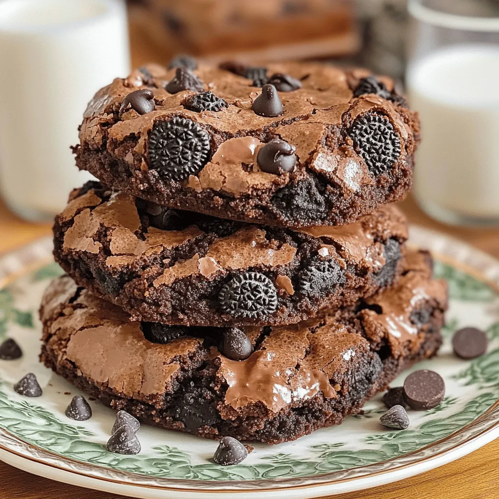 To make Oreo brownie cookies, gather these simple ingredients: - 1 cup unsalted butter, melted - 1 1/4 cups granulated sugar - 1 cup packed brown sugar - 2 large eggs, at room temperature - 2 teaspoons pure vanilla extract - 1 cup all-purpose flour - 3/4 cup unsweetened cocoa powder - 1 teaspoon baking powder - 1/2 teaspoon fine sea salt - 1 cup semi-sweet chocolate chips - 12 Oreo cookies, crushed (plus extra for garnish) These ingredients create a rich and chewy cookie. The butter and sugars make the base sweet and soft. The cocoa powder gives that deep chocolate flavor, while the Oreos add crunch and fun. To whip up these tasty cookies, you will need: - Mixing bowls - Whisk or electric mixer - Baking sheet - Parchment paper - Spatula - Cookie scoop or spoon - Wire rack Having these tools handy makes the process smooth and easy. If you’re missing an ingredient, don’t worry! Here are some swaps: - Use coconut oil instead of melted butter for a dairy-free option. - For a gluten-free version, replace all-purpose flour with a gluten-free blend. - You can swap brown sugar for coconut sugar for a healthier touch. - If you want less sugar, cut down on granulated sugar and add more cocoa powder. These swaps keep your cookies delicious while meeting your needs! For the full recipe, check the details provided. Start by preheating your oven to 350°F (175°C). This step is key for even baking. While the oven warms up, line a baking sheet with parchment paper. This helps with easy cleanup and keeps your cookies from sticking. In a large mixing bowl, add 1 cup of melted butter, 1 1/4 cups of granulated sugar, and 1 cup of packed brown sugar. Whisk these ingredients together until smooth and creamy. Next, add 2 large eggs, one at a time. Beat well after each egg. Finally, stir in 2 teaspoons of pure vanilla extract. Make sure everything is well mixed. In another bowl, sift together 1 cup of all-purpose flour, 3/4 cup of unsweetened cocoa powder, 1 teaspoon of baking powder, and 1/2 teaspoon of fine sea salt. Gradually add this dry mix to the wet ingredients. Stir gently until just combined. Be careful not to overmix, as this can make the cookies tough. Now, fold in 1 cup of semi-sweet chocolate chips and 12 crushed Oreo cookies. Use a spoon or cookie scoop to drop tablespoons of dough onto the baking sheet. Space them about 2 inches apart. For extra flair, press a few crushed Oreos onto the tops of the cookies before baking. Bake for 10-12 minutes. The edges should be set, while the centers stay soft. Once done, let the cookies rest on the baking sheet for about 5 minutes. Then, transfer them to a wire rack to cool completely. Enjoy your delicious cookies! For the full recipe, check out the section above. To get those soft, chewy Oreo brownie cookies, focus on your baking time. Bake for just 10-12 minutes. You want the edges set but the centers still soft. This underbaking keeps the cookies chewy and moist. Another key is to let the cookies rest on the baking sheet for about 5 minutes after baking. This helps them firm up without losing that gooey center. Keep an eye on your cookies while they bake. Every oven is different. Start checking them at 10 minutes. If they look slightly shiny in the middle, they are ready. Remove them while they still look a bit undercooked. If you bake them too long, they will harden as they cool. To keep your cookies fresh, store them in an airtight container. Place a slice of bread in the container to keep them soft. The bread adds moisture, helping the cookies stay chewy. If you want to save them for later, freeze the cookies. Just wrap them well in plastic wrap and place them in a freezer bag. They will stay fresh for up to three months. {{image_4}} You can make these cookies even better by adding nuts. Chopped walnuts or pecans work well. Add about half a cup to the dough. You can also mix in other treats, like peanut butter chips or caramel bits. These add fun flavors and textures to your cookies. If you need a gluten-free version, swap the all-purpose flour for a gluten-free blend. Look for a blend that contains xanthan gum. This helps with texture. You can also use almond flour, but you may need to adjust the amount. Start with about 3/4 cup and see how the dough feels. To make these cookies vegan, replace the eggs with flax eggs. Mix one tablespoon of ground flaxseed with three tablespoons of water. Let it sit for five minutes to thicken. For butter, use coconut oil or a plant-based butter. These swaps help keep the cookies soft and chewy. Enjoy the rich flavors without eggs or dairy! For the full recipe, check out the [Full Recipe]. You can find pre-made Oreo brownie cookies from several brands. Popular options include: - Oreo - Little Debbie - Entenmann's - Pepperidge Farm These brands offer tasty treats that often mimic homemade flavors. When you want a quick dessert, these options are great. Prices for pre-made Oreo brownie cookies vary based on brand and store. Here are a few price ranges: - Local grocery stores: $3 to $5 per pack - Online retailers: $4 to $8 per pack, depending on shipping costs Quality can also differ. Some brands may use fewer preservatives, resulting in better taste. Always check the ingredient list. Customer reviews can help you decide which pre-made cookies to buy. Many people appreciate the rich flavor of Oreo brownie cookies. They often mention: - Soft texture - Rich chocolate taste - Sweetness balance Look for products with high ratings. Reviews can guide you to the best options. Yes, you can use other cookies. Try chocolate sandwich cookies or your favorite treats. Each type adds a unique taste. Just remember to crush them into small pieces. This helps mix flavors well throughout the dough. Experiment with flavors you enjoy! Store these cookies in an airtight container. This keeps them soft and chewy. You can keep them at room temperature for up to a week. For longer storage, put them in the fridge. You can also freeze them. Just thaw before serving. They taste great even after freezing! Pair these cookies with milk for a classic combo. You can also serve them with ice cream. Try a scoop of vanilla or chocolate. Whipped cream adds a nice touch too. For a fun twist, sprinkle crushed Oreos on top of your ice cream. It’s a treat everyone will love! To make gluten-free Oreo brownie cookies, swap all-purpose flour for gluten-free flour. Many brands work well, so pick your favorite. Ensure the cookies you use are gluten-free. Check the packaging carefully. Follow the same steps in the recipe, and you’ll get delicious cookies without gluten! We covered a lot about making Oreo brownie cookies. You learned about the best ingredients, equipment, and substitutes. Step-by-step, I showed how to mix, bake, and cool your cookies. I shared tips for texture and storage, plus fun variations. You can even find pre-made options with great reviews. Enjoy experimenting with these cookies! Each bite offers a blend of flavors that delights. With practice, your cookies will impress everyone. Baking can be fun and rewarding!