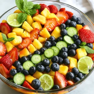 - 1 cup strawberries, hulled and sliced - 1 cup blueberries - 1 ripe pineapple, diced into bite-sized pieces - 2 ripe peaches, diced - 1 cup cucumber, peeled and diced for a refreshing crunch - ¼ cup fresh mint leaves, finely chopped - 2 tablespoons honey, for natural sweetness - 2 tablespoons lime juice, to brighten the flavors - A pinch of sea salt, to enhance taste - Total Servings: 4 - Estimated Calories per Serving: About 120 - Health Benefits of Ingredients: - Strawberries are rich in vitamin C and antioxidants. - Blueberries help improve heart health and brain function. - Pineapples aid digestion and boost immunity. - Peaches provide vitamins A and C, along with fiber. - Cucumbers are hydrating and low in calories. - Mint leaves promote digestion and add freshness. This refreshing summer fruit salad is not just tasty; it's good for you too! You can enjoy it as a light snack or a dessert. The combination of fruits gives you a burst of flavor and nutrients. This salad helps keep you cool during hot days. For the full recipe, check out my Sunny Delight Summer Fruit Salad. 1. Hulling and slicing strawberries: Start by hulling the strawberries. This means you remove the green tops and the white core. After hulling, slice each strawberry into thin pieces. This makes them easy to eat. 2. Dicing pineapple and peaches: Next, take your ripe pineapple. Cut it into quarters, remove the core, and dice the flesh into bite-sized pieces. For the peaches, wash them, then slice into wedges. Remove the pit and chop them into small cubes. 3. Peeling and dicing cucumber: Grab a cucumber and peel off the skin. Then, slice it in half lengthwise. Remove the seeds with a spoon, and dice the cucumber into small chunks. This adds a nice crunch to your salad. 1. Whisking honey and lime juice: In a small bowl, pour two tablespoons of honey. Add two tablespoons of fresh lime juice. Whisk them together until smooth. This dressing will bring out the fruit's flavors. 2. Combining dressing with fruits: Drizzle the honey-lime mixture over the fruit and cucumber. This adds a sweet and tangy flavor to the salad. 1. Gently folding ingredients: With a spatula or large spoon, gently fold the fruits and cucumber together. Be careful not to mash the fruit. You want everything to be coated in the dressing. 2. Adding mint and seasoning: Finally, sprinkle finely chopped mint leaves over the salad. This adds a fresh taste. If you like, add a pinch of sea salt to enhance the flavors even more. Let the salad rest for about 10 minutes. This will help the flavors mix well. Enjoy your refreshing summer fruit salad! For the full recipe, check out the Sunny Delight Summer Fruit Salad. To pick ripe fruits, look for their color. Strawberries should be bright red, while blueberries should be deep blue. Pineapples should have a golden hue, and peaches should feel slightly soft. Next, check the texture and fragrance. Ripe fruits feel firm but yield to gentle pressure. Smell the fruit. A sweet aroma indicates ripeness. If it smells fresh, it is likely ready to eat. To adjust sweetness, add a bit more honey. Start with a teaspoon and mix well. Taste it after mixing. If you need more sweetness, add just a little more honey until it suits your taste. Balancing acidity is easy with lime juice. The tartness from lime juice brightens the flavors. Just a squeeze adds a zesty kick. It helps the fruit shine through in every bite. Serve your salad in clear bowls. This lets the bright colors of the fruits stand out. A clear bowl showcases the beauty of your creation. For garnishing, mint leaves add a fresh touch. Place a few leaves on top for color. You can also add thin lime slices around the edge for extra flair. This simple step makes your dish look even more inviting. For the full recipe, check out Sunny Delight Summer Fruit Salad. {{image_4}} You can add a fun twist to your summer fruit salad. Try including mango or kiwi for sweetness. Both fruits bring bright flavors and vibrant colors. You can also sprinkle some coconut flakes on top. They give a nice crunch and add a tropical touch. These changes make your salad feel like a sunny getaway. To give your salad a creamy feel, mix in yogurt or whipped cream. Greek yogurt adds protein and tanginess. You can also swap honey for flavored dressings like vanilla or coconut. This change makes the salad richer and adds depth to the taste. It’s a great way to transform a light dish into something more filling. For extra crunch, add nuts or seeds. Almonds, walnuts, or pumpkin seeds work well. They bring a nice texture and healthy fat. You can also include leafy greens like spinach or arugula. It boosts the salad's nutrition and makes it more filling. The greens balance the sweetness of the fruits, creating a delicious mix. Feel free to explore these variations to make your refreshing summer fruit salad even more delightful. Check the [Full Recipe] for the base you can modify! To keep your summer fruit salad fresh, store it right. Use an airtight container. This helps prevent air from making the fruit mushy. Glass or BPA-free plastic containers work best. Make sure to seal the lid tightly to lock in freshness. How long does the salad last in the fridge? Typically, it stays good for about 2 to 3 days. However, the sooner you eat it, the better it tastes. Watch for signs of spoilage. If the fruit looks slimy, smells sour, or changes color, it’s time to toss it. If you have leftover fruits, get creative! You can blend them into smoothies for a refreshing drink. Dice them and add to yogurt for a healthy breakfast. You could also freeze the extra fruit. Later, use it in desserts or smoothies. This way, you minimize waste and enjoy delicious snacks! To check if fruits are ripe, look for color and feel. For example, strawberries should be bright red. Their texture should be firm but slightly soft. Peaches should feel a bit soft and smell sweet. Pineapples should have a sweet aroma at the base. Blueberries should be deep blue with a powdery coating. Use these tips to pick the freshest fruits for your salad. Yes, you can prep this salad in advance. Simply cut the fruits and store them in the fridge. Keep the dressing separate until you are ready to serve. This way, the fruit stays fresh and does not get mushy. Mix everything together just before serving. It tastes best when fresh. Absolutely! This salad is both gluten-free and vegan. All the ingredients are plant-based. If you want to swap honey, use agave syrup or maple syrup. These options keep your salad sweet without any animal products. You can get creative with your salad! Consider adding tropical fruits like mango or kiwi for extra flavor. Nuts like almonds or walnuts can add a nice crunch. For a fun twist, try adding a sprinkle of chia seeds or a scoop of yogurt. Mix and match to find your favorite combination! This blog post covered a refreshing summer fruit salad. We explored fresh ingredients, tasty dressings, and fun serving tips. You learned how to prepare fruits and make a delicious dressing that brightens flavors. We also shared ideas for variations and storage. In the end, enjoy these fruits, get creative, and make your salad special. Embrace the joy of fresh produce and savor every bite!