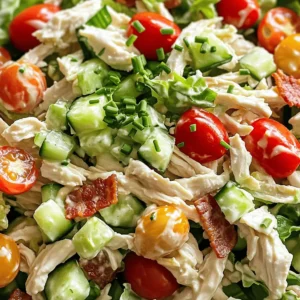 To make a tasty BLT Chicken Salad, you need the following ingredients: - 2 cups cooked chicken, shredded or diced - 4 cups romaine lettuce, chopped into bite-sized pieces - 1 cup cherry tomatoes, halved - 1 cup crispy iceberg lettuce, chopped for added crunch - 1/2 cup cucumber, diced into small pieces - 1/4 cup red onion, thinly sliced for a sharp flavor - 4 slices of crispy turkey bacon, chopped into small bits (substitute with regular bacon if desired) - 1/2 cup mayonnaise for creaminess - 2 tablespoons Greek yogurt to lighten the dressing - 1 tablespoon freshly squeezed lemon juice for brightness - 1 teaspoon garlic powder for depth of flavor - Salt and pepper to taste for seasoning - Fresh chives, chopped, for a vibrant garnish You can easily swap some ingredients if needed. Here are a few ideas: - Use rotisserie chicken for quick prep. - Substitute regular bacon for turkey bacon for a richer taste. - Swap Greek yogurt with sour cream if you prefer. - Try spinach or mixed greens instead of romaine for a different green. - Add avocado for creaminess and healthy fats. To prepare this delicious salad, you will need: - A large mixing bowl for the salad - A separate small bowl for the dressing - A whisk for mixing the dressing - A cutting board and knife for chopping - A spatula or spoon for tossing the salad - Measuring cups and spoons for accuracy With these ingredients and tools, you can create a refreshing and flavorful BLT Chicken Salad. Enjoy the burst of flavors in every bite! For the full recipe, check out the [Full Recipe]. Start by getting a large mixing bowl. Add 2 cups of cooked chicken. You can shred or dice it. Next, toss in 4 cups of chopped romaine lettuce. This will be the base. Then, add 1 cup of halved cherry tomatoes for sweetness. Don’t forget 1 cup of crispy iceberg lettuce to add crunch. Now, chop 1/2 cup of cucumber into small pieces. Add that to the bowl. For a sharp flavor, slice 1/4 cup of red onion thinly and mix it in. Finally, chop 4 slices of crispy turkey bacon into small bits. This adds a salty bite. Gently toss everything to mix well. In a separate small bowl, combine 1/2 cup of mayonnaise and 2 tablespoons of Greek yogurt. This mix makes the dressing creamy. Add 1 tablespoon of freshly squeezed lemon juice for brightness. Next, sprinkle in 1 teaspoon of garlic powder for depth. Season with salt and pepper to taste. Whisk all these ingredients together. Keep whisking until the dressing is smooth. This creamy dressing will tie the salad together. Drizzle the dressing over your salad mix in the large bowl. Toss everything together gently. Make sure all the ingredients are coated well. Taste the salad and add more salt or pepper if you want. Now, cover the bowl and place it in the refrigerator. Let it chill for about 10 minutes. This helps the flavors blend. Before serving, sprinkle with freshly chopped chives. They add a nice color and flavor. You now have a tasty BLT chicken salad ready to enjoy! For the full recipe, check the complete details above. To make a great dressing, balance is key. Use creamy mayo for richness, but add Greek yogurt to lighten it. This combo gives you a smooth texture without being too heavy. Fresh lemon juice adds brightness, while garlic powder brings depth. Mix them well to ensure each bite is flavorful. Taste as you go! Adjust salt and pepper to fit your liking. Serve your BLT chicken salad cold for the best taste. I like to pile it on a bed of greens or in a wrap. You can add crunchy croutons for extra texture or serve it with pita chips. For a fun twist, try it in a lettuce wrap. This keeps it fresh and light! This recipe makes four servings. Each serving is about 1.5 cups. For nutrition, you get protein from chicken and bacon. The salad is also packed with veggies. Each serving has roughly 350 calories, depending on your dressing and bacon type. This makes it a tasty option that fits into a balanced meal plan. For the full recipe, check out the full recipe link. {{image_4}} You can switch up the protein in your BLT Chicken Salad. If you want a change, try using grilled shrimp or diced turkey. Both options add a nice flavor and texture. You can also use rotisserie chicken for a quick fix. It saves time and keeps the taste delightful. For a vegan or vegetarian version, replace chicken with chickpeas or tofu. Both ingredients absorb flavors well and add protein. Swap turkey bacon for crispy tempeh or coconut bacon. These choices keep the crunch and smoky taste in your salad. Use vegan mayonnaise to create a creamy dressing without animal products. Seasonal swaps can make your salad fresh and fun. In summer, add fresh corn or bell peppers for sweetness. In fall, try roasted squash or apples for a sweet touch. These ingredients keep your salad vibrant and exciting. They also add new flavors while staying true to the BLT spirit. For the complete recipe, check out the Full Recipe. To store leftovers, place the salad in an airtight container. This keeps it fresh and prevents odors. If you have extra dressing, store it separately. This helps the salad stay crisp. Always chill the container in the fridge. When properly stored, the BLT chicken salad lasts about 3 days in the fridge. After this time, the lettuce may wilt and the flavors fade. Always check for any signs of spoilage before eating. If it looks or smells off, it’s best to toss it. This salad is best enjoyed cold, so reheating is not recommended. If the salad seems a bit sad, add a splash of lemon juice or a bit more dressing. This will revive the flavors and freshness. Enjoy your salad's tasty crunch! For the full recipe, check the section above. The BLT Chicken Salad comes from the classic BLT sandwich. BLT stands for bacon, lettuce, and tomato. People wanted to enjoy these tasty flavors in a salad form. So, they added chicken to make it heartier. The chicken adds protein, making it a full meal. This salad blends freshness with comfort, making it loved by many. Yes, you can make this salad ahead of time. It’s great for meal prep! You can mix the chicken, lettuce, tomatoes, and bacon together. Just keep the dressing separate until you are ready to eat. This helps keep the greens crisp. You can store the salad in the fridge for up to two days. Just remember to add the dressing right before serving for the best taste. To keep your BLT Chicken Salad fresh, store it in an airtight container. This helps prevent air from wilting the greens. You can also place a paper towel in the container. This will soak up any extra moisture and keep your salad crisp. If you have leftovers, try to eat them within two days for the best flavor and texture. This blog post covered how to make a tasty BLT Chicken Salad. We shared the ingredients needed, how to prepare the salad, and tips for serving. You learned about ingredient swaps, storage tips, and how to keep your salad fresh. In summary, enjoy your salad by trying different variations. With these steps, you can create a dish everyone will love. Happy cooking!