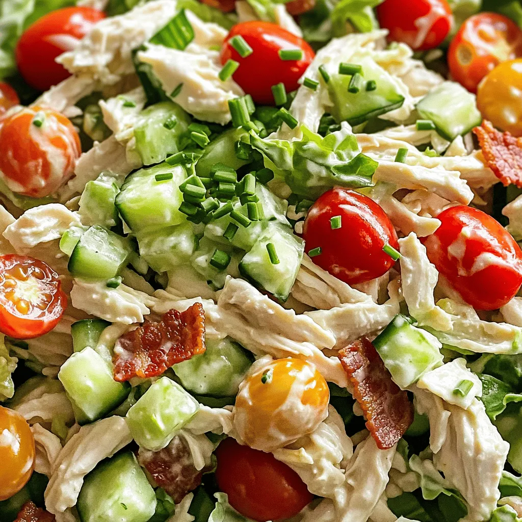 To make a tasty BLT Chicken Salad, you need the following ingredients: - 2 cups cooked chicken, shredded or diced - 4 cups romaine lettuce, chopped into bite-sized pieces - 1 cup cherry tomatoes, halved - 1 cup crispy iceberg lettuce, chopped for added crunch - 1/2 cup cucumber, diced into small pieces - 1/4 cup red onion, thinly sliced for a sharp flavor - 4 slices of crispy turkey bacon, chopped into small bits (substitute with regular bacon if desired) - 1/2 cup mayonnaise for creaminess - 2 tablespoons Greek yogurt to lighten the dressing - 1 tablespoon freshly squeezed lemon juice for brightness - 1 teaspoon garlic powder for depth of flavor - Salt and pepper to taste for seasoning - Fresh chives, chopped, for a vibrant garnish You can easily swap some ingredients if needed. Here are a few ideas: - Use rotisserie chicken for quick prep. - Substitute regular bacon for turkey bacon for a richer taste. - Swap Greek yogurt with sour cream if you prefer. - Try spinach or mixed greens instead of romaine for a different green. - Add avocado for creaminess and healthy fats. To prepare this delicious salad, you will need: - A large mixing bowl for the salad - A separate small bowl for the dressing - A whisk for mixing the dressing - A cutting board and knife for chopping - A spatula or spoon for tossing the salad - Measuring cups and spoons for accuracy With these ingredients and tools, you can create a refreshing and flavorful BLT Chicken Salad. Enjoy the burst of flavors in every bite! For the full recipe, check out the [Full Recipe]. Start by getting a large mixing bowl. Add 2 cups of cooked chicken. You can shred or dice it. Next, toss in 4 cups of chopped romaine lettuce. This will be the base. Then, add 1 cup of halved cherry tomatoes for sweetness. Don’t forget 1 cup of crispy iceberg lettuce to add crunch. Now, chop 1/2 cup of cucumber into small pieces. Add that to the bowl. For a sharp flavor, slice 1/4 cup of red onion thinly and mix it in. Finally, chop 4 slices of crispy turkey bacon into small bits. This adds a salty bite. Gently toss everything to mix well. In a separate small bowl, combine 1/2 cup of mayonnaise and 2 tablespoons of Greek yogurt. This mix makes the dressing creamy. Add 1 tablespoon of freshly squeezed lemon juice for brightness. Next, sprinkle in 1 teaspoon of garlic powder for depth. Season with salt and pepper to taste. Whisk all these ingredients together. Keep whisking until the dressing is smooth. This creamy dressing will tie the salad together. Drizzle the dressing over your salad mix in the large bowl. Toss everything together gently. Make sure all the ingredients are coated well. Taste the salad and add more salt or pepper if you want. Now, cover the bowl and place it in the refrigerator. Let it chill for about 10 minutes. This helps the flavors blend. Before serving, sprinkle with freshly chopped chives. They add a nice color and flavor. You now have a tasty BLT chicken salad ready to enjoy! For the full recipe, check the complete details above. To make a great dressing, balance is key. Use creamy mayo for richness, but add Greek yogurt to lighten it. This combo gives you a smooth texture without being too heavy. Fresh lemon juice adds brightness, while garlic powder brings depth. Mix them well to ensure each bite is flavorful. Taste as you go! Adjust salt and pepper to fit your liking. Serve your BLT chicken salad cold for the best taste. I like to pile it on a bed of greens or in a wrap. You can add crunchy croutons for extra texture or serve it with pita chips. For a fun twist, try it in a lettuce wrap. This keeps it fresh and light! This recipe makes four servings. Each serving is about 1.5 cups. For nutrition, you get protein from chicken and bacon. The salad is also packed with veggies. Each serving has roughly 350 calories, depending on your dressing and bacon type. This makes it a tasty option that fits into a balanced meal plan. For the full recipe, check out the full recipe link. {{image_4}} You can switch up the protein in your BLT Chicken Salad. If you want a change, try using grilled shrimp or diced turkey. Both options add a nice flavor and texture. You can also use rotisserie chicken for a quick fix. It saves time and keeps the taste delightful. For a vegan or vegetarian version, replace chicken with chickpeas or tofu. Both ingredients absorb flavors well and add protein. Swap turkey bacon for crispy tempeh or coconut bacon. These choices keep the crunch and smoky taste in your salad. Use vegan mayonnaise to create a creamy dressing without animal products. Seasonal swaps can make your salad fresh and fun. In summer, add fresh corn or bell peppers for sweetness. In fall, try roasted squash or apples for a sweet touch. These ingredients keep your salad vibrant and exciting. They also add new flavors while staying true to the BLT spirit. For the complete recipe, check out the Full Recipe. To store leftovers, place the salad in an airtight container. This keeps it fresh and prevents odors. If you have extra dressing, store it separately. This helps the salad stay crisp. Always chill the container in the fridge. When properly stored, the BLT chicken salad lasts about 3 days in the fridge. After this time, the lettuce may wilt and the flavors fade. Always check for any signs of spoilage before eating. If it looks or smells off, it’s best to toss it. This salad is best enjoyed cold, so reheating is not recommended. If the salad seems a bit sad, add a splash of lemon juice or a bit more dressing. This will revive the flavors and freshness. Enjoy your salad's tasty crunch! For the full recipe, check the section above. The BLT Chicken Salad comes from the classic BLT sandwich. BLT stands for bacon, lettuce, and tomato. People wanted to enjoy these tasty flavors in a salad form. So, they added chicken to make it heartier. The chicken adds protein, making it a full meal. This salad blends freshness with comfort, making it loved by many. Yes, you can make this salad ahead of time. It’s great for meal prep! You can mix the chicken, lettuce, tomatoes, and bacon together. Just keep the dressing separate until you are ready to eat. This helps keep the greens crisp. You can store the salad in the fridge for up to two days. Just remember to add the dressing right before serving for the best taste. To keep your BLT Chicken Salad fresh, store it in an airtight container. This helps prevent air from wilting the greens. You can also place a paper towel in the container. This will soak up any extra moisture and keep your salad crisp. If you have leftovers, try to eat them within two days for the best flavor and texture. This blog post covered how to make a tasty BLT Chicken Salad. We shared the ingredients needed, how to prepare the salad, and tips for serving. You learned about ingredient swaps, storage tips, and how to keep your salad fresh. In summary, enjoy your salad by trying different variations. With these steps, you can create a dish everyone will love. Happy cooking!