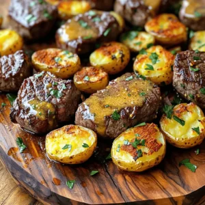 - 1 lb (450g) sirloin steak, cut into bite-sized pieces - 1 lb (450g) baby potatoes, halved - 4 tablespoons unsalted butter, divided - 6 cloves garlic, minced - 1 teaspoon dried thyme - 1 teaspoon smoked paprika - Salt and pepper to taste - 2 tablespoons fresh parsley, chopped (for garnish) - Olive oil for drizzling Gathering the right ingredients is the first step to making garlic butter steak bites and potatoes. Start with fresh sirloin steak, about one pound. Cut it into bite-sized pieces for quick cooking. You'll also need baby potatoes, which bring a tender and sweet flavor. Halving them helps them cook faster and get crispy. Next, get unsalted butter. You will use this to create a rich garlic butter sauce. Minced garlic adds a punch of flavor, while dried thyme and smoked paprika give depth. Don't forget salt and pepper to enhance all the tastes. Finally, grab fresh parsley for a pop of color on your dish. Olive oil is key for drizzling over the potatoes, helping them roast beautifully. You can find the full recipe for garlic butter steak bites and potatoes in the main article. Happy cooking! - Preheat your oven to 400°F (200°C). - In a large bowl, add halved baby potatoes. - Drizzle them with olive oil, then add salt, pepper, and smoked paprika. - Toss everything well to coat all the potatoes evenly. - Spread the seasoned potatoes on a baking sheet in a single layer. - Place the baking sheet in the oven and roast for 25-30 minutes. - Halfway through, toss the potatoes to help them cook evenly. - While the potatoes roast, season steak pieces with salt and pepper. - In a large skillet, melt 2 tablespoons of butter over medium-high heat. - Once bubbly, add the steak bites in a single layer. - Sear for about 3-4 minutes until they turn brown. - Flip them over and cook for another 2-3 minutes. - Remove steak bites from the skillet and set them aside. - Lower the heat and add the remaining 2 tablespoons of butter to the skillet. - Add minced garlic and sauté for 1-2 minutes until it smells great. - Sprinkle in dried thyme and stir to mix. - Add the cooked steak bites back into the skillet with garlic butter. - Toss gently to coat the steak in the garlic flavor. - Heat for another minute to ensure everything is warm. - Serve the crispy potatoes on a platter and top with steak bites. - Drizzle any leftover garlic butter from the skillet over the dish. - Finish by adding chopped parsley for color and freshness. For the full recipe, check the earlier section. To get the best sear on your steak bites, remember these tips: - Use a hot skillet. Preheat it for a few minutes before adding the steak. - Avoid crowding the pan. Cook in batches if needed for a great crust. - Pat the steak dry with a paper towel. This helps it brown better. To avoid overcooking, watch carefully. Use a meat thermometer if you have one. Aim for 135°F (57°C) for medium-rare. Want to boost the flavor? Try adding these herbs and spices: - Rosemary or oregano can add nice depth. - A pinch of cayenne can bring a little heat. For garlic butter variations, consider: - Mixing in some lemon zest for a fresh twist. - Adding a splash of soy sauce for an umami kick. Both stovetop and oven methods work well. The stovetop gives a nice sear, while the oven cooks evenly. You can use both for best results. For crispy potatoes, follow these best practices: - Cut the potatoes into even sizes for uniform cooking. - Toss with oil and seasonings before roasting. This helps them crisp up. - Flip halfway through for a golden crust on all sides. For the full recipe, check out the Garlic Butter Steak Bites & Crispy Potatoes. {{image_4}} You can switch things up by using chicken or shrimp. Chicken thighs work well. They stay juicy and absorb flavors nicely. For shrimp, choose large ones. Cook them just until they turn pink. This adds a nice twist to the dish. For a vegetarian option, use mushrooms or tofu. Portobello mushrooms provide a meaty texture. Tofu absorbs the garlic butter flavor well. Simply sauté them in the same way as the steak for great results. Adding different cheeses can change the taste. For a creamy touch, try goat cheese or blue cheese. Sprinkle it on top just before serving. It melts slightly and adds a rich flavor. Incorporating seasonal vegetables also enhances the dish. Try adding asparagus in spring or zucchini in summer. Toss them in with the potatoes for a colorful, tasty meal. Pair your steak bites with sauces for extra flavor. A creamy garlic sauce or tangy chimichurri works great. These sauces add depth and excitement. For side dishes, consider a fresh salad or steamed broccoli. They balance the richness of the steak and potatoes. You can also serve it with crusty bread to soak up that delicious garlic butter. To keep your garlic butter steak bites and potatoes fresh, store them in an airtight container. Place the leftovers in the fridge within two hours of cooking. They will stay good for up to three days. When you’re ready to eat, reheat them in a skillet over medium heat. This will keep the steak juicy and the potatoes crispy. If you want to freeze your dish, let it cool completely first. Then, put the steak bites and potatoes in a freezer-safe container. They can last for up to three months in the freezer. When you want to enjoy them again, take the container out and let it thaw in the fridge overnight. Reheat in the oven at 350°F (175°C) until heated through. This helps restore that delightful texture. For more details, check the Full Recipe. Choose the right cut of steak. Sirloin is a great option. Look for marbling, which means fat within the meat. This fat keeps the steak juicy and tender. Always let your steak rest after cooking. This helps the juices stay inside the meat. Cut against the grain for the best bite. Yes, you can prep the potatoes and steak bites ahead. Cut the potatoes and store them in water to avoid browning. Season the steak pieces and keep them in the fridge. Cook both right before serving for fresh taste. This way, you save time on busy nights. For gluten-free options, check all ingredients. Use gluten-free sauces and seasonings. For dairy-free, swap butter for olive oil or a vegan butter. You can still enjoy the garlic flavor. Be creative and try different herbs or spices to keep it tasty. This article covered how to make tasty steak bites with baby potatoes. You learned the key ingredients, cooking steps, and tips for the best results. I provided variations and storage info to help you enjoy this dish anytime. Remember, cooking is all about experimenting. Don’t be afraid to try new flavors or techniques. Enjoy sharing your meal with friends and family. Happy cooking!