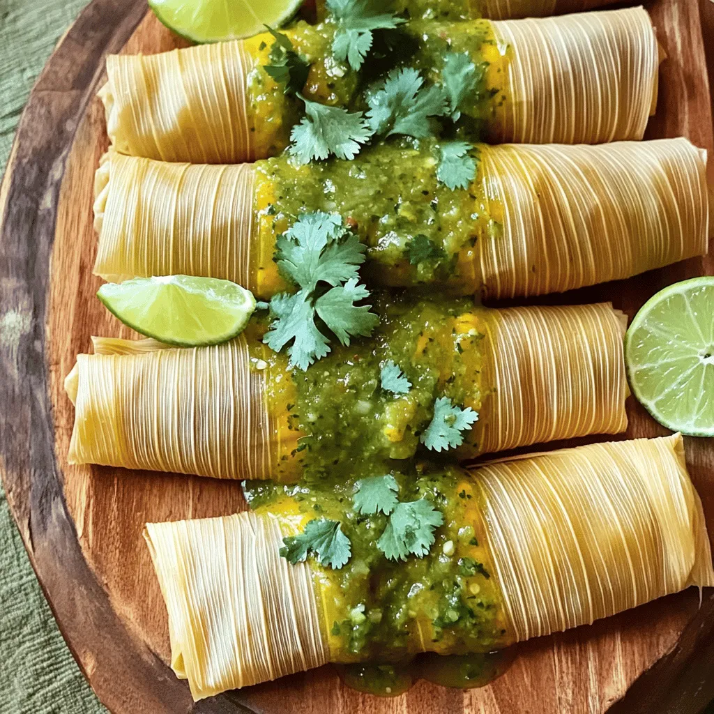 To make tasty tamales, you need simple but key ingredients. Gather these for your base: - 2 cups masa harina - 1 teaspoon baking powder - 1 teaspoon salt - 1/2 cup vegetable shortening, at room temperature - 1 1/2 cups vegetable broth, warmed You also need your choice of filling. I love these: - 1 cup cooked shredded chicken (or tofu for a delightful vegetarian option) - 1/2 cup salsa verde, plus extra for serving - 1/4 cup fresh cilantro, finely chopped Don't forget the corn husks! Soak them in warm water for 30 minutes. You can mix things up by adding different fillings. Here are fun ideas: - Cooked beef or pork - Black beans or pinto beans - Cheese and jalapeños for a spicy kick - Sweet corn or roasted vegetables Feel free to get creative! Just make sure your fillings are moist and flavorful. Having the right tools makes this process easier. Gather these items: - A large mixing bowl - Electric mixer (for the shortening) - A steaming pot or a large pot with a steaming rack - A spatula for spreading masa - Measuring cups and spoons These tools help you create the perfect tamales. Enjoy your cooking! To start, gather your ingredients. You need masa harina, baking powder, salt, vegetable shortening, and vegetable broth. In a large bowl, mix the masa harina, baking powder, and salt. Stir well to blend the dry ingredients. Next, take another bowl. Use an electric mixer to beat the vegetable shortening. Beat it until it looks light and fluffy, which takes about 2-3 minutes. Then, slowly add the dry masa harina mixture, alternating with the warmed vegetable broth. Keep mixing until the dough is smooth and soft. For the filling, you can use cooked shredded chicken or tofu. In a separate bowl, mix the protein with salsa verde and chopped cilantro. Stir it until everything blends well. This filling adds great flavor to your tamales. Now it’s time to assemble! Take a soaked corn husk and lay it smooth side up. Spread about 2 tablespoons of masa dough in the center, leaving space on the edges. Next, add about 1 tablespoon of the filling on top of the masa. Fold the sides of the husk over the filling, then fold up the bottom. This keeps everything inside. Repeat this with the rest of the dough and filling until you have all your tamales ready. To cook the tamales, arrange them upright in a steamer pot. Make sure they are not too close together. Add water to the pot, but do not let it touch the tamales. Cover the pot with a lid. Steam the tamales for 1 to 1.5 hours. Check the water level every 30 minutes to make sure it does not dry out. You know they are done when the masa easily pulls away from the corn husk. Let them rest for 10 minutes before serving. For the full recipe, check out the Spicy Fiesta Tamales, and enjoy your cooking journey! To make great tamales, the masa must be just right. Start by mixing masa harina, baking powder, and salt in a bowl. Then, use an electric mixer to beat the vegetable shortening until fluffy. Gradually add the masa mix and warm vegetable broth. Keep mixing until you get a smooth dough. If the dough feels dry, add a bit more broth. If it’s too wet, add more masa harina. The right texture helps the tamales hold together. Wrapping tamales may seem tricky at first, but it gets easier with practice. Use soaked corn husks; they should be soft and flexible. Place the husk smooth side up. Spread 2 tablespoons of masa in the center, leaving some space at the edges. Add your filling on top of the masa. Fold the sides of the husk over the filling, then fold up the bottom. This keeps everything inside as it cooks. Make sure not to overfill, or they may burst open. Even cooking is key for perfect tamales. Stand them upright in a steamer pot; this allows steam to circulate around all sides. Check the water level every 30 minutes to make sure it doesn’t run dry. Steam the tamales for 1 to 1.5 hours. You can tell they’re done when the masa pulls away from the husk easily. Let them rest for 10 minutes after cooking to let the flavors settle. This step is vital for the best taste. {{image_4}} For vegetarian tamales, you have many options. One great choice is to use mushrooms. They add a rich flavor. You can sauté them with spices for extra taste. Another option is to fill tamales with black beans and corn. This mix is colorful and healthy. You can also use spinach and cheese for a creamy filling. Tofu works well too. Just crumble it and mix it with your favorite seasonings. To make spicy tamales, add diced jalapeños to your filling. This gives them a nice kick. You can also use chipotle peppers in adobo sauce. They add smokiness and heat. Another idea is to mix in hot salsa with your meat or veggie filling. It will spice things up even more. If you want to go bold, consider adding a spicy cheese like pepper jack. Sweet tamales are a fun treat. Use ingredients like cinnamon and sugar in the masa dough. You can fill them with fruits like pineapple or strawberries. For a classic touch, try a sweet filling of chocolate and nuts. This will please anyone with a sweet tooth. Drizzle some sweet cream on top for extra flavor. They are perfect for enjoying after a meal or as a snack. For a full recipe to create delicious tamales, check the Full Recipe section. You can freeze tamales for later enjoyment. First, let them cool completely. Then, wrap each tamale tightly in plastic wrap. Place the wrapped tamales in a freezer bag or container. Label the bag with the date. Frozen tamales stay good for up to three months. When you want to eat them, just take out as many as you need. If you plan to eat your tamales within a few days, store them in the fridge. Arrange the tamales in an airtight container. They will stay fresh for up to four days. Make sure to separate layers with parchment paper to avoid sticking. To reheat, you have a few options. For the best taste, steam them again. Place the tamales in a steamer for about 20 minutes. You can also use the microwave. Wrap each tamale in a damp paper towel and heat for 1-2 minutes. Check if they are hot all the way through before serving. Enjoy your delicious tamales! You can tell tamales are done when the masa pulls away from the corn husk. The texture should be firm and not sticky. This usually takes about 1 to 1.5 hours of steaming. Check them every 30 minutes. If the masa stays on the husk, give them more time. Yes! You can use any meat or vegetables you like. Pulled pork, beef, or even mushrooms work well. For a plant-based option, use tofu or beans. Add your favorite spices for extra flavor. This way, you get a taste that suits your style! Tamales pair well with many sides. Serve them with rice and beans for a full meal. You can also add guacamole or a fresh salad. Top with salsa or crema for a tasty finish. These sides enhance the flavors of your tamales. If you don’t have corn husks, use parchment paper instead. Cut squares of parchment and spread the masa as you would with husks. Roll them up tightly and secure with kitchen twine. Steam them like regular tamales. They will still taste great! You learned about making tamales from scratch, starting with choosing the right ingredients. We covered how to prepare masa, fill your tamales, and steam them perfectly. I shared tricks to get the right texture and wrapping technique. You also discovered fun variations, like vegetarian and sweet options. Lastly, you found out how to store and reheat them properly. Embrace this process. Making tamales can be fun and rewarding. Enjoy your cooking!