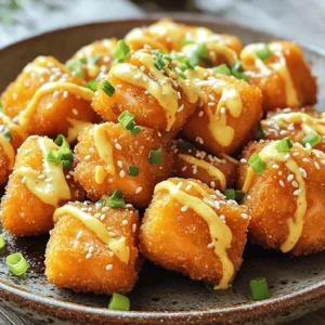 - 1 lb salmon fillet, skin removed, cut into cubes - ½ cup cornstarch - 1 large egg - 1 teaspoon garlic powder - 1 teaspoon smoked paprika - ½ teaspoon salt - ½ teaspoon black pepper - ½ cup creamy mayonnaise - 2 tablespoons sweet chili sauce - 1 tablespoon sriracha - 1 teaspoon fresh lime juice - 1 teaspoon honey You need fresh salmon for this recipe. Look for a nice fillet that is bright and firm. Cut it into bite-sized cubes. This will help them cook evenly. The cornstarch gives the salmon a nice crunch. It helps create a golden crust when you fry the bites. Pair the cornstarch with garlic powder, smoked paprika, salt, and black pepper for flavor. This mixture makes each bite tasty and exciting. You will also need one egg. It acts as a glue. It helps the cornstarch stick to the salmon. For the Bang Bang sauce, you want creamy mayonnaise as your base. The sweet chili sauce adds a hint of sweetness. Sriracha brings heat, so adjust it based on your taste. Fresh lime juice and honey round out the sauce with brightness and balance. This simple mix of ingredients makes the dish fun and flavorful. For the full recipe, check the section above. Start by mixing your sauce. Combine mayonnaise, sweet chili sauce, sriracha, lime juice, and honey in a bowl. Use a whisk to blend everything until smooth. If you want more spice, add a bit more sriracha. Set the sauce aside to let the flavors mix. In another bowl, mix cornstarch, garlic powder, smoked paprika, salt, and black pepper. Make sure to stir well so the spices spread evenly. Next, get your beaten egg ready for dipping. You want it in a separate bowl to make coating easier. Take each salmon cube and dip it into the beaten egg. Let any extra egg drip off. Then, coat the salmon cube in the cornstarch mixture. Make sure each piece is fully covered. Once coated, place the salmon bites on a plate and set them aside for frying. Heat vegetable oil in a large skillet. You need enough oil to cover the bottom by about half an inch. Wait until the oil shimmers, showing it is hot enough. Carefully add the salmon cubes to the hot oil in batches. Fry them for 2-3 minutes on each side until they turn golden brown. Once cooked, take them out and drain on a paper towel. Arrange your crispy salmon bites on a serving platter. Drizzle the Bang Bang sauce over them generously. For a nice touch, add chopped green onions or sesame seeds on top. Enjoy your tasty Bang Bang Salmon Bites! For the complete recipe, visit the [Full Recipe]. - Ensure the oil is hot enough before frying. Hot oil gives a crispier bite. - Avoid overcrowding the skillet for even cooking. Cook in batches to keep the temperature steady. - Experiment with additional spices in the cornstarch mixture. Try adding cayenne or onion powder. - Adjust sriracha for desired spiciness. Start with a little and add more if you like heat. - Pair with a side salad or rice. Fresh greens balance the rich salmon flavor. - Offer extra Bang Bang sauce for dipping. It adds excitement and flavor to each bite. For the full recipe, check out the [Full Recipe]. {{image_4}} Healthy alternatives can make this dish even better. You can easily bake the salmon bites instead of frying them. Baking cuts down on extra oil and still gives you a tasty treat. Another option is to use almond flour instead of cornstarch. This swap makes the dish gluten-free and just as crispy. When it comes to flavor variations, you can jazz up the sauce. Adding lime zest brings a fresh, zesty kick that brightens every bite. You can also mix in fresh herbs like cilantro or parsley. These herbs add color and flavor, making your dish pop. Ingredient swaps can lead to fun new dishes. Instead of salmon, try using shrimp or chicken for a different protein. Each option works great with the Bang Bang sauce. For a lighter touch, you can swap out the creamy mayonnaise for yogurt. This change gives a tangy flavor while cutting calories. With these variations, you can tailor the recipe to fit your taste. Enjoy the process of exploring new flavors and ingredients! For the full recipe, check out the section above. Store any leftover Bang Bang salmon bites in an airtight container. This keeps them fresh and tasty. You should eat them within 2-3 days for the best flavor. You can freeze uncooked, coated salmon bites for later. Lay them out in a single layer on a baking sheet. Once frozen, transfer them to a freezer bag. This method keeps them from sticking together. When you're ready to enjoy them, reheating is easy. For crispiness, use the oven. If you want a quick option, the microwave works fine too. Just remember to check that they’re hot all the way through. Yes, you can coat the salmon ahead and fry just before serving. This saves time and helps you enjoy more moments with your guests. Just keep the coated salmon in the fridge until you are ready to cook. You can pair these bites with rice, salads, or enjoy them as a finger food appetizer. They are great for parties or casual dinners. You can also serve them with extra Bang Bang sauce for dipping, which adds an even tastier touch. The spice level can be adjusted by varying the amount of sriracha used. If you prefer mild, start with less sriracha. For more heat, add more. This way, you can make it just right for your taste buds. Yes, it can be made ahead of time and stored for easy meals. You can prepare the sauce and the salmon bites. Then, just fry them when you are ready to eat. This makes dinner quick and simple on busy nights. Yes, but thaw completely before cooking for best results. Frozen salmon can work well, just be sure to pat it dry before coating. This ensures the batter sticks nicely during frying, giving you that perfect crunch. This blog covered how to make Bang Bang Salmon Bites from scratch. We discussed the main ingredients, seasonings, and the delicious Bang Bang sauce. You learned step-by-step instructions for preparing, coating, and frying the salmon. Plus, we shared helpful tips, serving ideas, and healthy variations. You now have a fun and tasty recipe that’s great for any occasion. Get creative with flavors or serving methods to make it your own! Enjoy your cooking adventure!