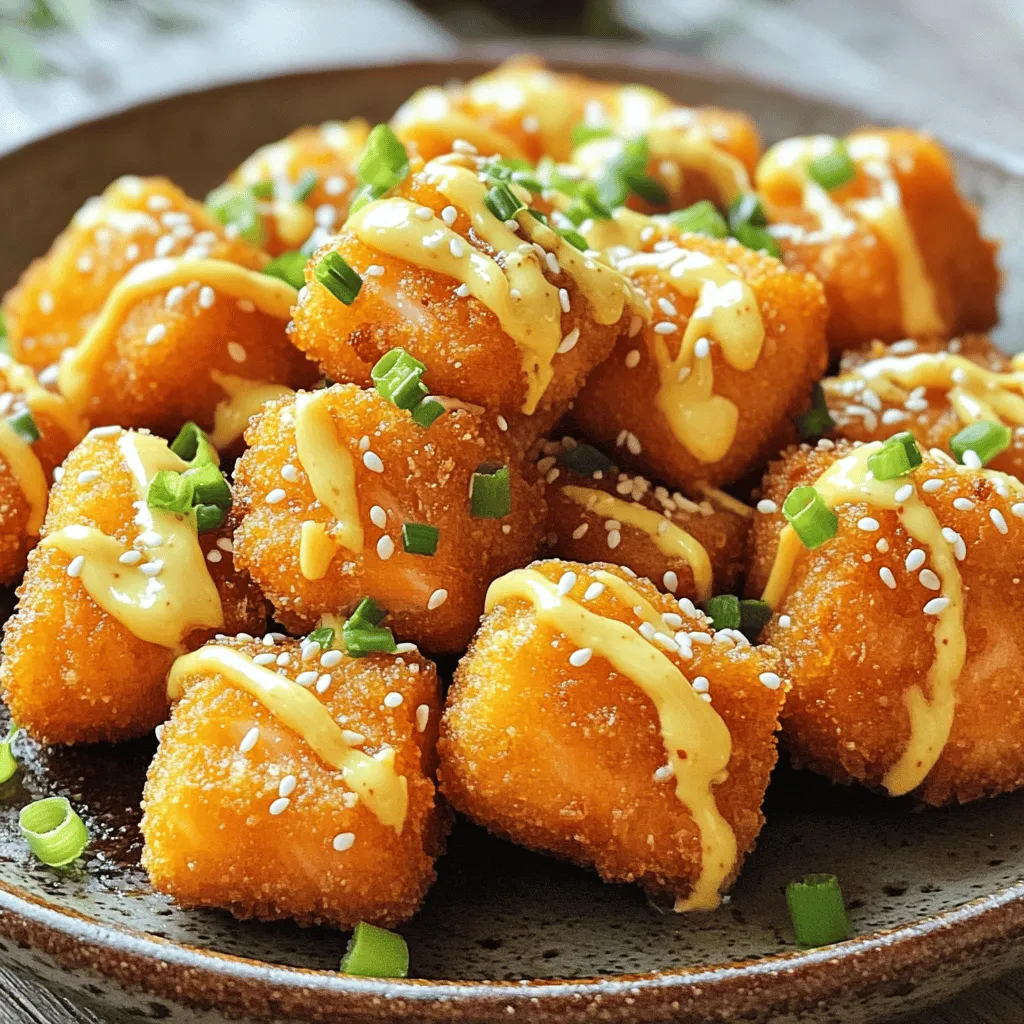 - 1 lb salmon fillet, skin removed, cut into cubes - ½ cup cornstarch - 1 large egg - 1 teaspoon garlic powder - 1 teaspoon smoked paprika - ½ teaspoon salt - ½ teaspoon black pepper - ½ cup creamy mayonnaise - 2 tablespoons sweet chili sauce - 1 tablespoon sriracha - 1 teaspoon fresh lime juice - 1 teaspoon honey You need fresh salmon for this recipe. Look for a nice fillet that is bright and firm. Cut it into bite-sized cubes. This will help them cook evenly. The cornstarch gives the salmon a nice crunch. It helps create a golden crust when you fry the bites. Pair the cornstarch with garlic powder, smoked paprika, salt, and black pepper for flavor. This mixture makes each bite tasty and exciting. You will also need one egg. It acts as a glue. It helps the cornstarch stick to the salmon. For the Bang Bang sauce, you want creamy mayonnaise as your base. The sweet chili sauce adds a hint of sweetness. Sriracha brings heat, so adjust it based on your taste. Fresh lime juice and honey round out the sauce with brightness and balance. This simple mix of ingredients makes the dish fun and flavorful. For the full recipe, check the section above. Start by mixing your sauce. Combine mayonnaise, sweet chili sauce, sriracha, lime juice, and honey in a bowl. Use a whisk to blend everything until smooth. If you want more spice, add a bit more sriracha. Set the sauce aside to let the flavors mix. In another bowl, mix cornstarch, garlic powder, smoked paprika, salt, and black pepper. Make sure to stir well so the spices spread evenly. Next, get your beaten egg ready for dipping. You want it in a separate bowl to make coating easier. Take each salmon cube and dip it into the beaten egg. Let any extra egg drip off. Then, coat the salmon cube in the cornstarch mixture. Make sure each piece is fully covered. Once coated, place the salmon bites on a plate and set them aside for frying. Heat vegetable oil in a large skillet. You need enough oil to cover the bottom by about half an inch. Wait until the oil shimmers, showing it is hot enough. Carefully add the salmon cubes to the hot oil in batches. Fry them for 2-3 minutes on each side until they turn golden brown. Once cooked, take them out and drain on a paper towel. Arrange your crispy salmon bites on a serving platter. Drizzle the Bang Bang sauce over them generously. For a nice touch, add chopped green onions or sesame seeds on top. Enjoy your tasty Bang Bang Salmon Bites! For the complete recipe, visit the [Full Recipe]. - Ensure the oil is hot enough before frying. Hot oil gives a crispier bite. - Avoid overcrowding the skillet for even cooking. Cook in batches to keep the temperature steady. - Experiment with additional spices in the cornstarch mixture. Try adding cayenne or onion powder. - Adjust sriracha for desired spiciness. Start with a little and add more if you like heat. - Pair with a side salad or rice. Fresh greens balance the rich salmon flavor. - Offer extra Bang Bang sauce for dipping. It adds excitement and flavor to each bite. For the full recipe, check out the [Full Recipe]. {{image_4}} Healthy alternatives can make this dish even better. You can easily bake the salmon bites instead of frying them. Baking cuts down on extra oil and still gives you a tasty treat. Another option is to use almond flour instead of cornstarch. This swap makes the dish gluten-free and just as crispy. When it comes to flavor variations, you can jazz up the sauce. Adding lime zest brings a fresh, zesty kick that brightens every bite. You can also mix in fresh herbs like cilantro or parsley. These herbs add color and flavor, making your dish pop. Ingredient swaps can lead to fun new dishes. Instead of salmon, try using shrimp or chicken for a different protein. Each option works great with the Bang Bang sauce. For a lighter touch, you can swap out the creamy mayonnaise for yogurt. This change gives a tangy flavor while cutting calories. With these variations, you can tailor the recipe to fit your taste. Enjoy the process of exploring new flavors and ingredients! For the full recipe, check out the section above. Store any leftover Bang Bang salmon bites in an airtight container. This keeps them fresh and tasty. You should eat them within 2-3 days for the best flavor. You can freeze uncooked, coated salmon bites for later. Lay them out in a single layer on a baking sheet. Once frozen, transfer them to a freezer bag. This method keeps them from sticking together. When you're ready to enjoy them, reheating is easy. For crispiness, use the oven. If you want a quick option, the microwave works fine too. Just remember to check that they’re hot all the way through. Yes, you can coat the salmon ahead and fry just before serving. This saves time and helps you enjoy more moments with your guests. Just keep the coated salmon in the fridge until you are ready to cook. You can pair these bites with rice, salads, or enjoy them as a finger food appetizer. They are great for parties or casual dinners. You can also serve them with extra Bang Bang sauce for dipping, which adds an even tastier touch. The spice level can be adjusted by varying the amount of sriracha used. If you prefer mild, start with less sriracha. For more heat, add more. This way, you can make it just right for your taste buds. Yes, it can be made ahead of time and stored for easy meals. You can prepare the sauce and the salmon bites. Then, just fry them when you are ready to eat. This makes dinner quick and simple on busy nights. Yes, but thaw completely before cooking for best results. Frozen salmon can work well, just be sure to pat it dry before coating. This ensures the batter sticks nicely during frying, giving you that perfect crunch. This blog covered how to make Bang Bang Salmon Bites from scratch. We discussed the main ingredients, seasonings, and the delicious Bang Bang sauce. You learned step-by-step instructions for preparing, coating, and frying the salmon. Plus, we shared helpful tips, serving ideas, and healthy variations. You now have a fun and tasty recipe that’s great for any occasion. Get creative with flavors or serving methods to make it your own! Enjoy your cooking adventure!