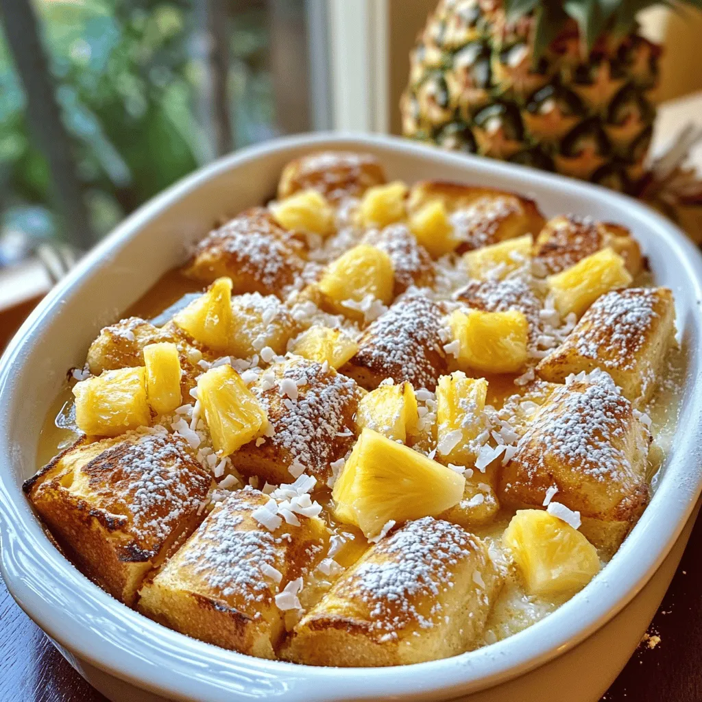 To make Hawaiian Sweet Roll French Toast Bake, you need a few simple ingredients. Here’s what you’ll need: - 12 Hawaiian sweet rolls, cut into quarters - 6 large eggs - 1 cup whole milk - 1/2 cup heavy cream - 1/2 cup packed brown sugar - 1 tablespoon pure vanilla extract - 1 teaspoon ground cinnamon - 1/4 teaspoon grated nutmeg - 1/4 cup crushed pineapple, drained thoroughly - 1/2 cup shredded coconut (toasted if preferred) - 1/4 cup chopped pecans or walnuts (optional) - Maple syrup, for serving Each ingredient plays a key role in creating a soft, sweet, and flavorful dish. The Hawaiian sweet rolls give a lovely, fluffy base. The eggs, milk, and cream form a rich custard that soaks into the rolls. Brown sugar adds sweetness, while vanilla and spices bring warmth. Adding crushed pineapple and coconut gives a tropical twist. You can top this bake with nuts for crunch and serve with maple syrup for extra sweetness. You can find the full recipe to help guide your cooking journey. - Preheat your oven to 350°F (175°C). This is key for even baking. - Grease a 9x13 inch baking dish with non-stick spray or butter. This helps prevent sticking. - In a large bowl, whisk together 6 eggs, 1 cup of whole milk, and 1/2 cup of heavy cream. This mix will create a rich custard. - Add 1/2 cup of packed brown sugar, 1 tablespoon of pure vanilla extract, 1 teaspoon of ground cinnamon, and 1/4 teaspoon of grated nutmeg. Stir until smooth and well blended. - Cut 12 Hawaiian sweet rolls into quarters. Add them to the egg mix. Gently stir to coat each piece. - Fold in 1/4 cup of crushed pineapple, drained well. If you like, add 1/2 cup of shredded coconut and 1/4 cup of chopped pecans or walnuts for extra flavor. - Pour the mixture into the greased baking dish. Spread it out evenly for best results. - Cover the dish with aluminum foil. Let it rest at room temperature for about 30 minutes. This helps the rolls soak in the flavors. - After resting, bake for 25 minutes covered. Then, remove the foil and bake for another 15-20 minutes. Look for a golden brown top. The custard should be set and firm. - Once baked, take it out and let it cool for a few minutes. This will make it safer to handle. - Serve warm with maple syrup for a sweet touch. You can find the full recipe above! To make the best French toast bake, soaking time is key. Aim for at least 30 minutes. This lets the bread soak up all the yummy flavors. If you have more time, soak it overnight. The rolls will soak in even more custard. This gives a rich and creamy texture. When baking, keep an eye on the time. Bake for 25 minutes covered, then take off the foil. Bake for another 15-20 minutes. This helps the top get golden brown. If you want a softer bake, adjust the time down. If you like a crispier top, extend the baking time a little. Now, let’s talk toppings. Maple syrup is a must. It adds a sweet, sticky touch. Fresh fruit is also a great choice. Try adding slices of banana or a handful of berries. You can also sprinkle some toasted coconut on top for extra crunch. For side dishes, consider serving this bake with crispy bacon or sausage. Their salty flavor pairs well with the sweet rolls. Fresh fruit salad can also brighten up the plate. Want to change things up? You can add fun flavors! Try mixing in some chocolate chips for a sweet twist. Or, swap crushed pineapple for fresh diced apples. They add a nice crunch and sweetness. For mix-ins, consider adding nuts for texture. Chopped pecans or walnuts bring a great crunch. If you want to add spices, try a pinch of cardamom or allspice. These will add warmth and depth to the flavor. This recipe is all about creativity. Use your favorite flavors to make it your own! For the complete recipe, see the [Full Recipe]. {{image_4}} You can swap Hawaiian rolls for other breads. Use brioche or challah for a rich taste. For a twist, try cinnamon rolls. They add a warm spice flavor. If you need gluten-free options, look for gluten-free bread. Most grocery stores carry these. Choose a bread with a soft texture for the best results. To make your French toast bake exciting, add fruit. Chopped bananas, berries, or diced apples work well. Each fruit brings a unique taste. You can also use nuts or spices. Try adding walnuts or pecans for crunch. A hint of nutmeg or ginger can brighten the dish. If you follow a vegan diet, swap the eggs with a flaxseed mixture. Use plant-based milk instead of whole milk. You can also use coconut cream in place of heavy cream. For lower sugar options, reduce the brown sugar. You can replace it with applesauce for sweetness without extra sugar. This keeps the dish tasty and friendly for many diets. To store your Hawaiian Sweet Roll French Toast Bake, let it cool first. Place the leftovers in an airtight container. You can keep it in the fridge for up to three days. This way, you can enjoy the flavors later without losing taste. For reheating, the oven works best. Preheat your oven to 350°F (175°C). Place the French toast bake in an oven-safe dish. Cover it with foil to keep it moist. Heat for about 15 to 20 minutes. You can also use the microwave for quick reheating. Just heat it for about one minute. Check if it’s warm all the way through. If you want to freeze the French toast bake, do so after it cools. Wrap the dish tightly in plastic wrap, then in foil. This prevents freezer burn. You can freeze it for up to two months. To thaw, move it to the fridge overnight. Then, bake it at 350°F (175°C) for 25 to 30 minutes. Enjoy it fresh from the oven, just like the first time! For the full recipe, check out the details above. It takes about one hour to make this dish. You need 15 minutes for prep and 45 minutes for baking. Yes, you can prepare it ahead of time. Mix the ingredients and let it sit overnight in the fridge. This allows the rolls to soak up more flavor. You can use whole milk, almond milk, or coconut milk. These options will still give you a creamy texture. The bake is done when the top is golden brown. The custard should feel set and slightly firm when touched. Yes, you can use gluten-free sweet rolls. Just make sure to check the labels for any gluten content. Absolutely! Adding chocolate chips will give your bake a sweet twist. Just fold them in with the other ingredients. This article walks you through making a delicious Hawaiian Sweet Roll French Toast Bake. We covered the key ingredients, step-by-step instructions, and useful tips for the best results. You learned about storage options and variations to fit your needs. In the end, this dish is easy to prepare and a crowd-pleaser. Whether you serve it for brunch or dessert, it won’t disappoint. Enjoy all the tasty flavors and make it your own!