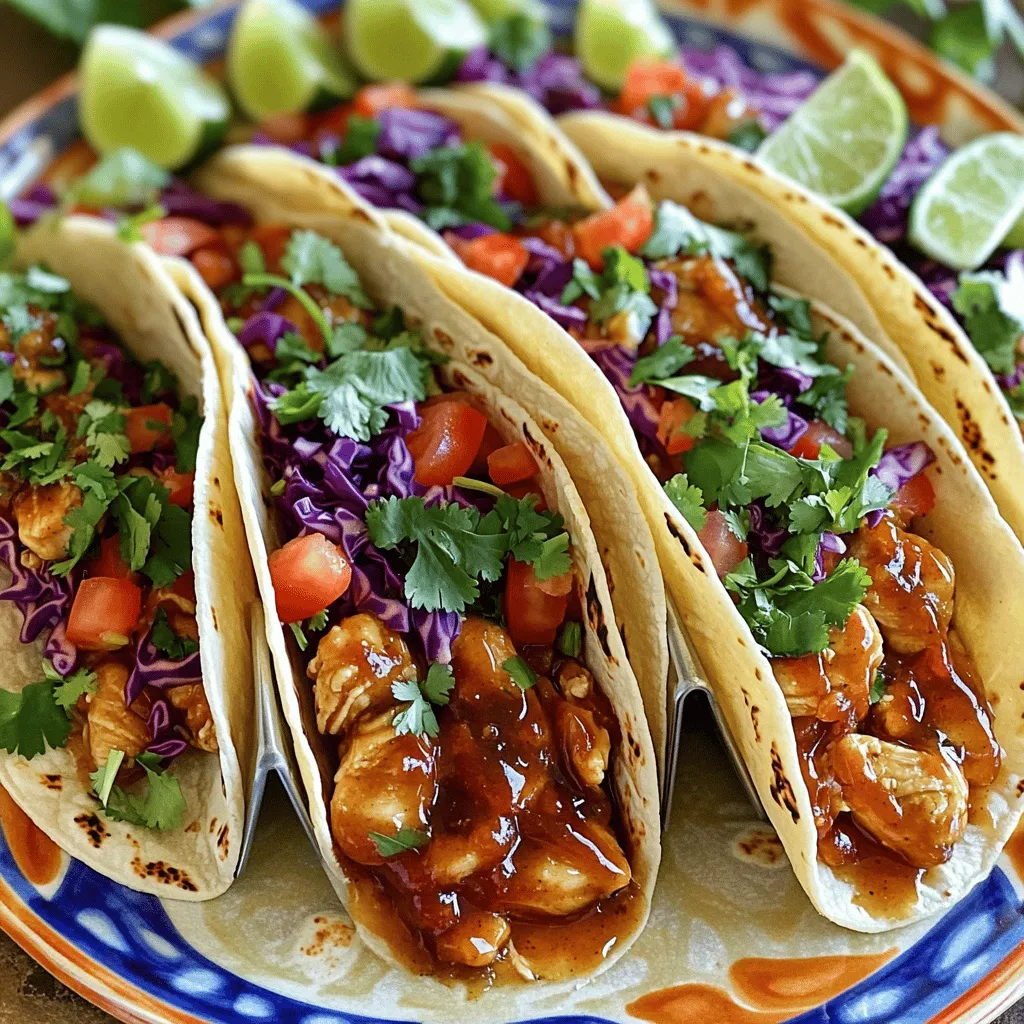 To make these tasty tacos, gather these main ingredients: - 1 lb boneless, skinless chicken thighs - 4 tablespoons unsalted butter - 4 cloves garlic, minced - 1/4 cup honey - 1/4 cup BBQ sauce (your favorite brand) These chicken thighs are juicy and soak up flavors well. The butter adds richness, while garlic gives a lovely aroma. Honey and BBQ sauce mix for a sweet and tangy taste. You need these seasonings and sauces to enhance the flavor: - 1 teaspoon smoked paprika - 1 teaspoon chili powder - 1 teaspoon salt - 1/2 teaspoon black pepper These spices bring warmth and depth. They balance the sweetness of the honey, making each bite delicious. You can choose from these tortillas for your tacos: - 8 small corn tortillas - 8 small flour tortillas Corn tortillas give a nice texture, while flour tortillas are soft and pliable. Pick what you like best! You can find both in stores, so choose your favorite for wrapping the tasty filling. For the full recipe, check out the [Full Recipe]. Start by melting the unsalted butter in a large skillet over medium heat. Once it melts, add the minced garlic. Sauté it for about 1-2 minutes until it smells great. Be careful not to let it brown. Next, pour in the honey and BBQ sauce. Stir it all together well. Let the mixture simmer gently for a few minutes. This helps the flavors blend nicely. While the sauce simmers, it's time to season the chicken thighs. Sprinkle smoked paprika, chili powder, salt, and black pepper evenly over the chicken. This gives it a nice kick. Now, place the seasoned chicken into the skillet. Make sure each piece gets coated in that tasty sauce. Cook the chicken for about 7-8 minutes on each side. It should reach an internal temperature of 165°F (74°C). Look for the chicken to be no longer pink in the middle. Once it’s done, take it out of the skillet and let it rest for a few minutes. This keeps the juices inside. After resting, slice the chicken into bite-sized pieces. Now, warm the tortillas in a separate skillet or microwave until they are soft. This makes them easy to fold. To assemble the tacos, put a few pieces of the garlic butter honey BBQ chicken on each tortilla. Make sure you have enough filling. Next, top the chicken with shredded cabbage, diced tomatoes, and chopped cilantro. This adds freshness and crunch. Serve the tacos with lime wedges on the side. Squeeze some lime juice over the tacos for a zesty kick. Enjoy your Garlic Butter Honey BBQ Chicken Tacos! For the full recipe, click here. Marinades boost flavor. I love using a honey and BBQ mix. Combine 1/4 cup honey and 1/4 cup BBQ sauce in a bowl. Add salt, pepper, and spices. Let the chicken soak for at least 30 minutes. This makes your chicken juicy and full of taste. Feel free to add lime juice or hot sauce for a kick. To get tender chicken, use boneless, skinless thighs. They stay moist while cooking. Sear the chicken on medium heat for even cooking. Check the internal temperature; it should be 165°F (74°C). Let it rest for a few minutes after cooking. This helps keep the juices inside. Slice it just before you put it in the tacos. Presentation matters! Use a bright platter for a fun look. Arrange the tacos neatly. Add lime wedges around the tacos for color. Sprinkle extra chopped cilantro on top. This not only adds color but also freshness. A good look makes the meal more inviting. Enjoy your beautiful and tasty Garlic Butter Honey BBQ Chicken Tacos! {{image_4}} You can switch chicken for other meats. Try shredded pork or beef. Both have great flavor. You can even use cooked shrimp for a seafood twist. Just adjust the cooking time. Make sure your protein is cooked fully. For a vegetarian twist, use grilled veggies. Bell peppers, zucchini, and mushrooms work well. You can also try black beans or lentils. Both add protein and texture. Toss them in the garlic butter sauce for flavor. Get creative with your taco toppings. Add avocado slices for creaminess. Use jalapeños for heat. Feta cheese or sour cream adds a tangy touch. You can also mix in different herbs like mint or basil. This adds freshness and new flavors to each bite. For more ideas, check out the Full Recipe! To keep your leftover tacos fresh, store them separately. Place the chicken in one container and the toppings in another. This helps keep the tortillas from getting soggy. Use airtight containers to lock in freshness. Store them in the fridge for up to three days. If you want to enjoy them later, you can freeze the chicken as well. When you're ready to eat, reheat the chicken on the stove. Use medium heat and stir occasionally. This keeps the chicken juicy. For tortillas, warm them in a dry skillet for about 30 seconds on each side. You can also use the microwave for a quicker option. Just wrap them in a damp paper towel to keep them soft. Freezing is a great way to save time. To freeze, place the cooked chicken in a freezer-safe bag. Remove as much air as possible before sealing. You can freeze it for up to three months. When you want to use it, thaw the chicken in the fridge overnight. This way, it stays tasty and ready for your tacos. If you're making a big batch, consider freezing individual servings for quick meals later. Remember, you can always grab the Full Recipe when you need it! For these tacos, choose a BBQ sauce you enjoy. I like sweet sauces with a hint of tang. Look for sauces that blend well with honey. This balance adds depth and flavor to the chicken. You can also try a spicy BBQ sauce for a kick! Yes, you can use chicken breasts. They cook faster but may dry out. To avoid this, cook them on lower heat. Check the temperature to ensure they reach 165°F. Thighs stay juicier and add more flavor, but breasts work in a pinch. To spice things up, add chili powder or cayenne pepper. You can also use a hot BBQ sauce. For an extra kick, mix in some diced jalapeños. Toppings like hot sauce or sliced serrano peppers work well, too! Great sides include Mexican rice, black beans, or corn salad. Fresh guacamole and tortilla chips make a tasty combo. For something light, serve with a simple green salad. These sides balance the rich tacos perfectly. Yes, you can prepare the garlic butter ahead of time. Store it in an airtight container in the fridge. Just reheat it gently before mixing with the chicken. This saves time and makes cooking even easier. For the full recipe, check the link! In this post, we explored the key ingredients for Garlic Butter Honey BBQ Chicken Tacos. We walked through step-by-step instructions for preparation and cooking. I shared tips for enhancing flavor and presentation, plus variations to keep things fresh. Remember to store leftovers properly and follow reheating tips for the best taste. These tacos can bring excitement to any meal. Enjoy experimenting with new flavors and sharing them with others! Get ready to impress your friends and family with this tasty dish.