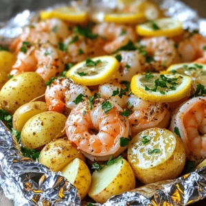 - 1 pound large shrimp, peeled and deveined - 2 ears of corn, husked and cut into quarters - 1 pound baby potatoes, halved - 1 lemon, thinly sliced The main ingredients bring life to your shrimp boil foil packs. The shrimp offers a sweet and juicy bite. Corn adds a pop of color and a crunchy texture. Baby potatoes give the dish heartiness, making it filling and satisfying. Lemon enhances all flavors with its bright, zesty notes. - 5 cloves garlic, finely minced - 1 tablespoon Old Bay seasoning - 2 tablespoons extra virgin olive oil - 1 teaspoon smoked paprika - Salt and freshly cracked black pepper to taste Seasoning is key to a great shrimp boil. Garlic infuses a rich aroma into your meal. Old Bay seasoning adds a classic touch that sings of the sea. Olive oil helps to bind flavors and keep everything moist. Smoked paprika introduces a subtle warmth that balances the dish. Adjust salt and pepper to fit your taste. - Fresh parsley, generously chopped Garnish your shrimp boil foil packs with fresh parsley. This adds a pop of color and a fresh taste. It brightens up the dish and makes it visually appealing. Use it just before serving for the best effect. For the complete recipe, check out the Full Recipe. 1. First, preheat your oven to 400°F (200°C). This will help your shrimp boil cook evenly. 2. In a large bowl, mix together the shrimp, corn, halved baby potatoes, minced garlic, Old Bay seasoning, smoked paprika, and olive oil. Add salt and freshly cracked pepper to taste. Toss everything gently to coat. 1. Next, lay out large sheets of aluminum foil on your counter. Each sheet should be big enough to hold the food. 2. Divide the shrimp and veggie mix evenly among the foil sheets. Place the mix in the center of each sheet. 3. To boost the flavor, add thin slices of lemon on top of each portion. The citrus will brighten the dish as it cooks. 1. Fold the edges of the foil together tightly. This keeps steam inside and helps cook the food. 2. Place the sealed packets on a baking sheet and slide them into the preheated oven. Bake for 20-25 minutes. Check for doneness by making sure the shrimp are pink and opaque, and the potatoes are tender when pierced with a fork. Now you have a tasty dish ready to enjoy! For the full recipe, see above. To make sure your shrimp boil foil packs turn out great, focus on two key points. First, cook your shrimp until they are pink and opaque. This means they are fully cooked and safe to eat. Second, check your potatoes. Use a fork to poke them. If they are tender, they are done. Serving your shrimp boil in foil packs is fun and easy. Just place the packs on the table and let everyone open their own. For a fancier option, move the mix to a big platter. Add extra lemon wedges and fresh parsley for color. This will make the dish look even more inviting. Want to take your dish up a notch? Try adding new spices or herbs. You can also serve spicy dipping sauces on the side. This gives everyone a chance to customize their meal. Use your favorite flavors to make it truly yours. For the full recipe, check out the details above. Enjoy cooking! {{image_4}} You can easily change up your shrimp boil foil packs. Here are some fun ideas: - Substitute shrimp with crab or lobster: Both add rich flavors. They cook similarly to shrimp, so use the same times. - Add additional vegetables like bell peppers or asparagus: These veggies bring great color and taste. They also make your dish more nutritious. You may want to adapt this dish for special diets. Here are some simple swaps: - Create a low-carb version by omitting potatoes: Skip the potatoes if you want a lighter meal. The dish still tastes great without them. - Make it gluten-free by checking seasoning labels: Some seasonings contain gluten. Always read labels to ensure your meal is safe. You can cook these foil packs in different ways. Here are two popular methods: - Cook on the grill instead of the oven: Grilling adds a nice smoky flavor. Just make sure to seal the packs well to keep the steam in. - Use a campfire for outdoor cooking: This method is fun for camping trips. Just wrap the packs tightly in foil and place them near the fire. For more details on the dish, check the Full Recipe. After enjoying your shrimp boil foil packs, store any leftovers in an airtight container. This keeps the shrimp and veggies fresh. You can safely refrigerate them for up to 2 days. Just make sure to let them cool before sealing the container. To reheat your leftovers, use either the oven or the microwave. For the oven, place the food in a baking dish and cover it with foil to keep it moist. If using the microwave, transfer the shrimp and vegetables to a microwave-safe dish. Avoid reheating in the foil packs directly, as this may cause the foil to become unsafe. For future meals, you can freeze the unseasoned shrimp and vegetables. This is a great way to save time later. When you’re ready to cook, thaw them in the fridge overnight. If you’re in a hurry, you can also run cold water over the sealed bag. Cook from frozen, but remember to adjust your cooking time. Yes, but ensure to thaw and pat dry before cooking. Frozen shrimp may have extra moisture. This can lead to a watery dish. To thaw, place shrimp in the fridge overnight or run under cold water. Pat them dry with a paper towel before mixing into your foil pack. Absolutely, just adjust cooking time accordingly. Grilling gives a nice smoky flavor. Preheat your grill to medium heat and place the foil packs on it. Check for doneness after about 15-20 minutes. The shrimp should be pink, and the potatoes should be tender. Look for a pink and opaque appearance; it should also be firm to touch. Undercooked shrimp appear gray and translucent. Always check the largest shrimp in the pack. If they look perfect, your meal is ready! Shrimp boil foil packs are simple and fun. You learned the key ingredients, seasonings, and steps to make them. Remember to choose fresh shrimp and veggies for the best flavor. With these tips, you can easily customize your dish to suit your taste. Whether grilling or baking, this dish is perfect for any occasion. Enjoy your cooking and share your delicious shrimp boil with family and friends!