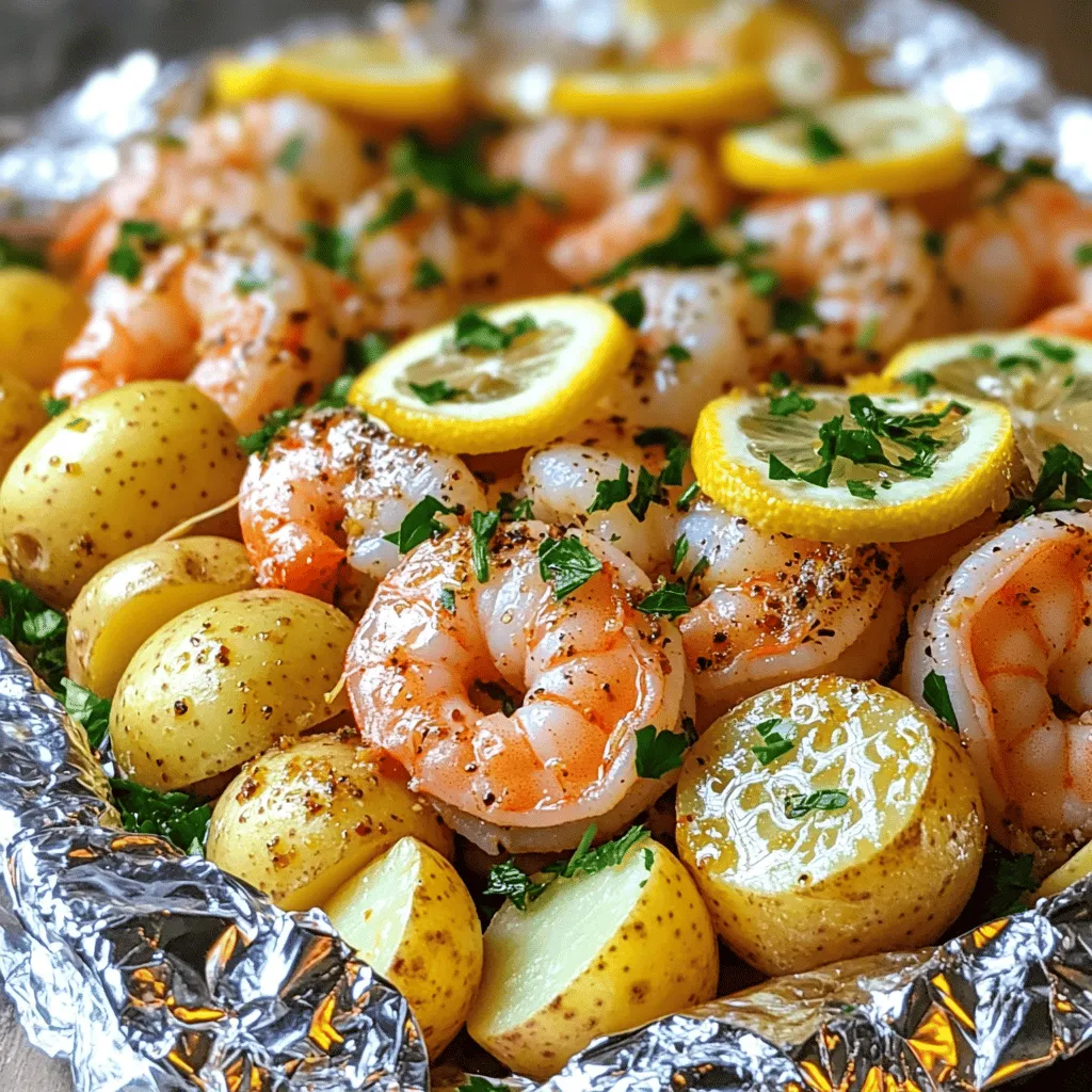 - 1 pound large shrimp, peeled and deveined - 2 ears of corn, husked and cut into quarters - 1 pound baby potatoes, halved - 1 lemon, thinly sliced The main ingredients bring life to your shrimp boil foil packs. The shrimp offers a sweet and juicy bite. Corn adds a pop of color and a crunchy texture. Baby potatoes give the dish heartiness, making it filling and satisfying. Lemon enhances all flavors with its bright, zesty notes. - 5 cloves garlic, finely minced - 1 tablespoon Old Bay seasoning - 2 tablespoons extra virgin olive oil - 1 teaspoon smoked paprika - Salt and freshly cracked black pepper to taste Seasoning is key to a great shrimp boil. Garlic infuses a rich aroma into your meal. Old Bay seasoning adds a classic touch that sings of the sea. Olive oil helps to bind flavors and keep everything moist. Smoked paprika introduces a subtle warmth that balances the dish. Adjust salt and pepper to fit your taste. - Fresh parsley, generously chopped Garnish your shrimp boil foil packs with fresh parsley. This adds a pop of color and a fresh taste. It brightens up the dish and makes it visually appealing. Use it just before serving for the best effect. For the complete recipe, check out the Full Recipe. 1. First, preheat your oven to 400°F (200°C). This will help your shrimp boil cook evenly. 2. In a large bowl, mix together the shrimp, corn, halved baby potatoes, minced garlic, Old Bay seasoning, smoked paprika, and olive oil. Add salt and freshly cracked pepper to taste. Toss everything gently to coat. 1. Next, lay out large sheets of aluminum foil on your counter. Each sheet should be big enough to hold the food. 2. Divide the shrimp and veggie mix evenly among the foil sheets. Place the mix in the center of each sheet. 3. To boost the flavor, add thin slices of lemon on top of each portion. The citrus will brighten the dish as it cooks. 1. Fold the edges of the foil together tightly. This keeps steam inside and helps cook the food. 2. Place the sealed packets on a baking sheet and slide them into the preheated oven. Bake for 20-25 minutes. Check for doneness by making sure the shrimp are pink and opaque, and the potatoes are tender when pierced with a fork. Now you have a tasty dish ready to enjoy! For the full recipe, see above. To make sure your shrimp boil foil packs turn out great, focus on two key points. First, cook your shrimp until they are pink and opaque. This means they are fully cooked and safe to eat. Second, check your potatoes. Use a fork to poke them. If they are tender, they are done. Serving your shrimp boil in foil packs is fun and easy. Just place the packs on the table and let everyone open their own. For a fancier option, move the mix to a big platter. Add extra lemon wedges and fresh parsley for color. This will make the dish look even more inviting. Want to take your dish up a notch? Try adding new spices or herbs. You can also serve spicy dipping sauces on the side. This gives everyone a chance to customize their meal. Use your favorite flavors to make it truly yours. For the full recipe, check out the details above. Enjoy cooking! {{image_4}} You can easily change up your shrimp boil foil packs. Here are some fun ideas: - Substitute shrimp with crab or lobster: Both add rich flavors. They cook similarly to shrimp, so use the same times. - Add additional vegetables like bell peppers or asparagus: These veggies bring great color and taste. They also make your dish more nutritious. You may want to adapt this dish for special diets. Here are some simple swaps: - Create a low-carb version by omitting potatoes: Skip the potatoes if you want a lighter meal. The dish still tastes great without them. - Make it gluten-free by checking seasoning labels: Some seasonings contain gluten. Always read labels to ensure your meal is safe. You can cook these foil packs in different ways. Here are two popular methods: - Cook on the grill instead of the oven: Grilling adds a nice smoky flavor. Just make sure to seal the packs well to keep the steam in. - Use a campfire for outdoor cooking: This method is fun for camping trips. Just wrap the packs tightly in foil and place them near the fire. For more details on the dish, check the Full Recipe. After enjoying your shrimp boil foil packs, store any leftovers in an airtight container. This keeps the shrimp and veggies fresh. You can safely refrigerate them for up to 2 days. Just make sure to let them cool before sealing the container. To reheat your leftovers, use either the oven or the microwave. For the oven, place the food in a baking dish and cover it with foil to keep it moist. If using the microwave, transfer the shrimp and vegetables to a microwave-safe dish. Avoid reheating in the foil packs directly, as this may cause the foil to become unsafe. For future meals, you can freeze the unseasoned shrimp and vegetables. This is a great way to save time later. When you’re ready to cook, thaw them in the fridge overnight. If you’re in a hurry, you can also run cold water over the sealed bag. Cook from frozen, but remember to adjust your cooking time. Yes, but ensure to thaw and pat dry before cooking. Frozen shrimp may have extra moisture. This can lead to a watery dish. To thaw, place shrimp in the fridge overnight or run under cold water. Pat them dry with a paper towel before mixing into your foil pack. Absolutely, just adjust cooking time accordingly. Grilling gives a nice smoky flavor. Preheat your grill to medium heat and place the foil packs on it. Check for doneness after about 15-20 minutes. The shrimp should be pink, and the potatoes should be tender. Look for a pink and opaque appearance; it should also be firm to touch. Undercooked shrimp appear gray and translucent. Always check the largest shrimp in the pack. If they look perfect, your meal is ready! Shrimp boil foil packs are simple and fun. You learned the key ingredients, seasonings, and steps to make them. Remember to choose fresh shrimp and veggies for the best flavor. With these tips, you can easily customize your dish to suit your taste. Whether grilling or baking, this dish is perfect for any occasion. Enjoy your cooking and share your delicious shrimp boil with family and friends!