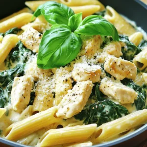 - 8 oz (225g) penne pasta - 1 tablespoon olive oil - 2 boneless, skinless chicken breasts, diced into bite-sized pieces - 2 cups fresh spinach, roughly chopped - 3 cloves garlic, finely minced - 1 teaspoon Italian seasoning (dried) - 1 cup heavy cream - ½ cup freshly grated Parmesan cheese - Salt and freshly ground black pepper to taste - Fresh basil leaves, for garnish Gathering the right ingredients makes cooking fun and easy. The penne pasta gives a nice bite. Chicken adds protein, making the dish filling. Fresh spinach not only adds color but also boosts nutrition. Garlic brings a wonderful aroma and flavor. Olive oil makes everything smooth and rich. Italian seasoning adds a tasty blend of herbs. Heavy cream gives creaminess to your sauce. Parmesan cheese gives a salty kick. Finally, salt and pepper let you adjust the flavor to your liking. - Cooking pot - Frying pan - Measuring cups and spoons - Knife - Cutting board Having the right tools is key for success. A cooking pot helps boil the pasta. A frying pan is great for cooking the chicken and sauce. Measuring cups and spoons ensure you get the right amounts. A knife and cutting board make chopping easy and safe. These tools will help you create a tasty meal with ease. - Calories: 550 per serving - Fat: 30g - Protein: 35g - Carbohydrates: 45g - Dietary Fiber: 3g This dish is hearty and satisfying. Each serving packs a good amount of calories and protein. The fat comes mostly from the cream and cheese, making it rich. Carbohydrates from the pasta give you energy. Plus, the spinach adds a little fiber to help digestion. Overall, this meal is balanced and full of flavor, perfect for any night. For the full recipe, check out the detailed steps above. Start by bringing a large pot of salted water to a boil. Once the water bubbles, add 8 oz of penne pasta. Cook it according to the package instructions until it is al dente. This usually takes about 10-12 minutes. After cooking, drain the pasta but keep a bit of the water. You might need it later to adjust the sauce. In the same pot, heat 1 tablespoon of olive oil over medium heat. Add 2 diced chicken breasts to the pot. Season the chicken with salt, pepper, and 1 teaspoon of Italian seasoning. Cook the chicken for about 5-7 minutes. Stir it often until it turns golden brown and is fully cooked. After cooking the chicken, add 3 minced garlic cloves to the pot. Sauté the garlic for 1-2 minutes. Stir it constantly until it smells good and turns slightly golden. Be careful not to let it burn. Then, add 2 cups of roughly chopped spinach to the mix. Cook for another 2-3 minutes, stirring occasionally. The spinach will wilt and add great color to your dish. Next, pour in 1 cup of heavy cream. Bring the mixture to a gentle simmer. Let it cook for 3-4 minutes, stirring now and then. This helps thicken the sauce and coat the chicken and spinach. Once it reaches your desired thickness, add the drained penne pasta and ½ cup of freshly grated Parmesan cheese. Toss everything together to ensure the pasta is well-coated. If the sauce feels too thick, stir in a splash of the reserved pasta water. For the full recipe, check out the detailed instructions. To adjust the thickness of your sauce, start with the heavy cream. If you want a thicker sauce, let it simmer longer. This helps the cream reduce. If your sauce is too thick, add a splash of the reserved pasta water. This will loosen it up nicely. For flavor, taste as you go. You can add more salt, pepper, or even extra Italian seasoning. Each adjustment can bring out new layers of taste. Presentation matters! To serve like a pro, use shallow pasta bowls. This allows the sauce to shine. Add a sprinkle of extra Parmesan cheese on top. A drizzle of olive oil can make your dish look fancy. Garnish with fresh basil leaves for color. This simple touch adds freshness and a nice aroma. What to serve with your pasta? A crisp green salad pairs well. Try a mix of arugula, cucumber, and cherry tomatoes. For a wine option, a light white wine works best. A Pinot Grigio or Sauvignon Blanc can enhance your meal. Remember, the right sides and drinks can elevate your pasta experience. {{image_4}} You can switch up the protein in this dish. Try shrimp, turkey, or tofu instead of chicken. Shrimp adds a nice seafood taste and cooks quickly. Turkey gives you a leaner option, and tofu is great for a plant-based meal. Just make sure to adjust the cooking time based on what you choose. Each protein brings its unique flavor to the creamy sauce. If you need gluten-free or dairy-free options, this recipe is still for you. Use gluten-free penne pasta to keep it light and tasty. For a dairy-free version, swap heavy cream with coconut cream or a non-dairy milk that you enjoy. Nutritional yeast can replace Parmesan cheese for a cheesy taste without dairy. These swaps keep the dish delicious and friendly for your dietary needs. You can add extra flavors to make this dish pop. Sun-dried tomatoes bring a sweet and tangy taste. Sauté some mushrooms for a meaty texture and earthy flavor. If you like heat, sprinkle in some chili flakes. These ingredients can turn your Easy Spinach Chicken Pasta into something special. You can mix and match according to your taste. Each variation gives a new twist to the same base recipe. You can keep leftover spinach chicken pasta in the fridge for about 3 to 4 days. Store it in an airtight container to keep it fresh. Make sure to let it cool first before sealing. When you want to eat it, just reheat it on the stove or in the microwave. If you want to save some pasta for later, freezing works well. First, let the dish cool completely. Then, place it in a freezer-safe container. You can freeze it for about 2 to 3 months. When you’re ready to eat, thaw it overnight in the fridge. Reheat gently on the stove, adding a bit of milk or cream to keep it creamy. Don't let that extra pasta go to waste! You can use it in many fun ways. Try adding it to a salad for a quick lunch. Or mix it into a soup for extra flavor. You can even make a pasta bake by adding some cheese and baking it until bubbly. These ideas make your leftovers exciting! You can easily prepare components in advance. Cook the penne pasta and store it in the fridge. You can also sauté the chicken and mix in the garlic and spinach. Store these in a separate container. When you’re ready to eat, just heat them up. Add the cream and cheese, then toss in the pasta. This saves time during busy weeknights. If you want a lighter creaminess, use half-and-half or whole milk. You can also try Greek yogurt for a healthy twist. Just mix it with a little pasta water to make it creamy. These options still give a nice texture without the extra calories of heavy cream. Using fresh spinach has great benefits. Fresh spinach has a vibrant color and a brighter taste. It cooks down quickly, adding flavor and nutrients. If you use frozen spinach, make sure to thaw and drain it well. This ensures your dish won’t be watery. Both options are tasty, but fresh really shines in this recipe. This blog post covered a delicious creamy penne pasta dish. We explored key ingredients, recommended tools, and detailed nutritional information. I provided step-by-step instructions for cooking, sautéing, and creating a rich sauce. You learned tips for perfecting flavor and presentation, along with variations for different diets. As you enjoy this dish, remember the many ways to customize it. Use leftovers creatively, and don’t hesitate to experiment with flavors. With practice, you’ll impress friends and family at meals. Enjoy cooking!
