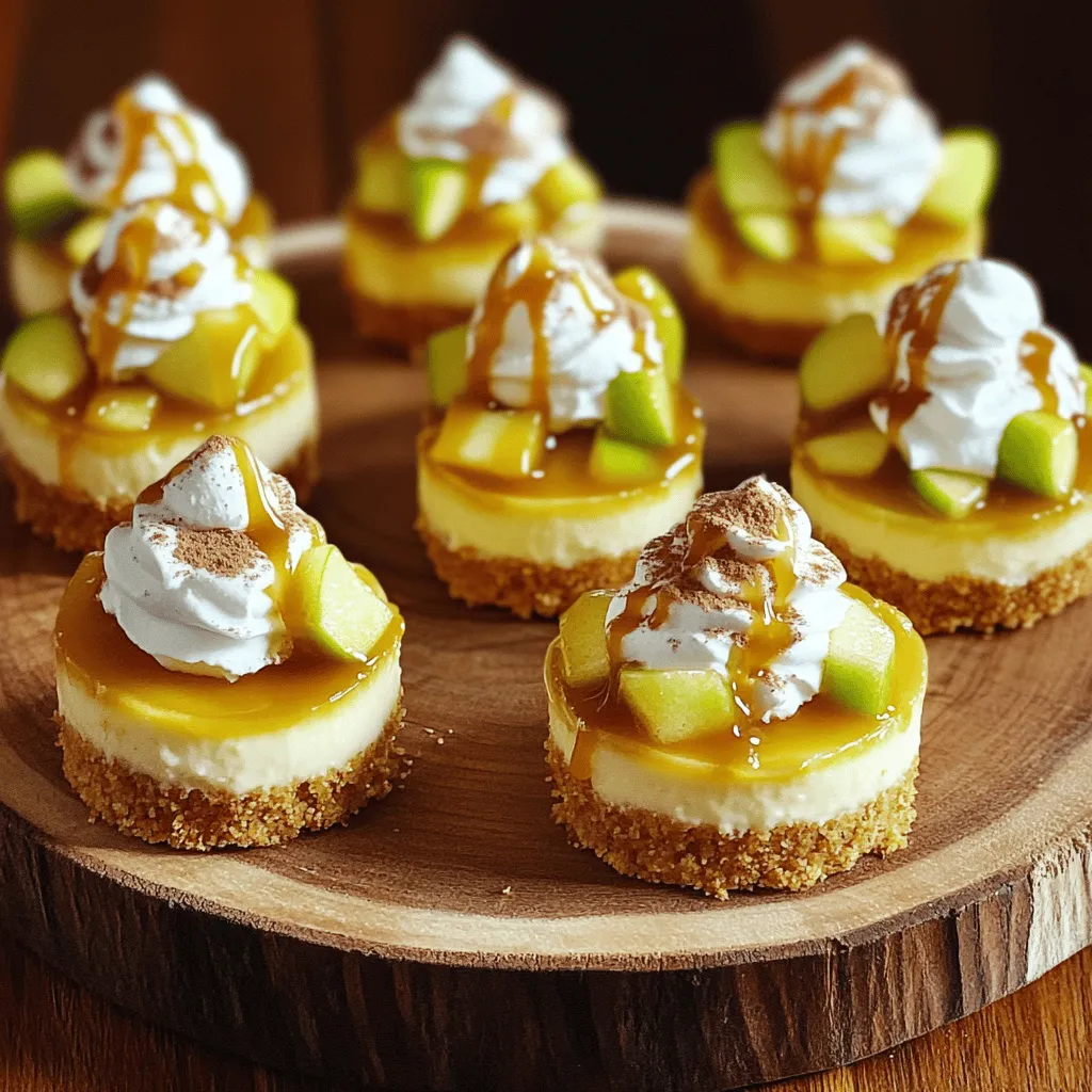 To make these tasty treats, gather the following key ingredients: - 1 cup graham cracker crumbs - 2 tablespoons granulated sugar - 1/4 cup unsalted butter, melted - 8 ounces cream cheese, softened - 1/2 cup granulated sugar - 1 teaspoon vanilla extract - 1 large egg - 1 1/2 cups finely diced apples (about 1 large apple) - 1 teaspoon ground cinnamon - 1/2 cup caramel sauce (store-bought or homemade) - Whipped cream, for topping (optional) These ingredients work together to create a rich and creamy cheesecake with a sweet apple twist. You can tweak the recipe to fit your tastes. Here are some optional ingredients: - Chopped nuts (like walnuts or pecans) for added crunch - Extra spices (like nutmeg) for warmth - Different types of apples (like Granny Smith or Honeycrisp) for varied flavor - Flavored extracts (like almond) for a unique twist Feel free to mix and match these options to create your perfect bite. If you need alternatives, here are some helpful substitutions: - Use almond meal instead of graham cracker crumbs for a gluten-free crust. - Swap cream cheese for Greek yogurt for a lighter filling. - Replace caramel sauce with chocolate sauce for a different flavor. These substitutes can help you enjoy this recipe, even if you have dietary needs. Check out the Full Recipe for all the details on how to put these ingredients together! Start by preheating your oven to 325°F (160°C). Grab a mini muffin tin and line each cup with paper liners. In a bowl, mix together 1 cup of graham cracker crumbs, 2 tablespoons of sugar, and 1/4 cup of melted unsalted butter. Stir until the mix feels like wet sand. Take about 1 tablespoon of this mix and press it into the bottom of each muffin cup. Bake these for about 5 minutes, until they turn a light golden brown. Let them cool completely before moving on. In a separate bowl, beat 8 ounces of softened cream cheese with 1/2 cup of sugar and 1 teaspoon of vanilla extract using an electric mixer. Mix until it’s smooth and creamy. Next, add 1 large egg and mix again until everything is well combined. In a small bowl, toss 1 1/2 cups of finely diced apples with 1 teaspoon of ground cinnamon. Gently fold the apples into the cream cheese mixture. Be careful not to overmix; you want those apple pieces to stay intact. Now it’s time to fill the crusts. Use a spoon or small ladle to fill each pre-baked crust with the cheesecake mix. Fill them about three-quarters full. Place the muffin tin back in the oven and bake for 15 to 18 minutes. They should be set in the center but still jiggle a bit. After baking, let them cool at room temperature for about 15 minutes. Then, transfer them to the fridge to chill for at least 1 hour. This will help them firm up. Drizzle with caramel sauce and add whipped cream before serving. For the full recipe, check the details above. To make mini caramel apple cheesecake bites perfect, focus on the cream cheese. Ensure it's soft before mixing. This helps create a smooth filling. Mix until it's creamy, but avoid overmixing. Overmixing traps air, leading to cracks. For the crust, press the crumbs tightly. This keeps the bites from falling apart. For extra flavor, consider using spices. A pinch of nutmeg adds warmth. You can also try different apples. Tart apples like Granny Smith give a nice contrast to the sweet caramel. Another tip is to use high-quality caramel sauce. It enhances the overall taste. A dash of lemon juice on apples can add freshness, too. When it's time to serve, presentation matters. Arrange the bites on a pretty plate. Drizzle extra caramel sauce around them for flair. A sprinkle of chopped nuts adds crunch and looks great. If you want, add whipped cream on top. This makes each bite even more delightful. You can find the Full Recipe for detailed steps. {{image_4}} You can switch up the apples in this recipe. Try pears for a softer texture. Berries, like raspberries or blueberries, add tartness and color. Even peaches can work well, giving a nice summer twist. Each fruit brings its own flavor, making your cheesecake bites unique. Besides caramel and apple, you can explore many flavors. For a chocolate twist, mix cocoa powder into the cream cheese. You could also add pumpkin spice for a cozy fall vibe. Or, mix in some citrus zest for a fresh kick. Each new flavor combination keeps things exciting! If you need gluten-free bites, use gluten-free graham crackers for the crust. For a dairy-free version, choose a plant-based cream cheese. Coconut cream can be a great alternative too. These swaps make the bites friendly for more diets, so everyone can enjoy them without worry. Check out the Full Recipe for all the details! To keep your mini caramel apple cheesecake bites fresh, store them in an airtight container. Place parchment paper between layers to prevent sticking. You can keep them in the fridge for up to five days. The cool temperature helps maintain their creamy texture and flavor. If you want to save some for later, freezing works well. First, let the cheesecake bites cool completely. Then, place them on a baking sheet lined with parchment paper. Flash freeze them for about an hour. Once frozen, transfer them to a freezer-safe container or bag. They can last up to three months in the freezer. To enjoy your frozen bites, thaw them in the fridge overnight. If you want to warm them, place them in the oven at 300°F (150°C) for about 10 minutes. This will bring back their creamy goodness. Drizzle with caramel sauce and add whipped cream just before serving for that extra touch. For the full recipe, check out the earlier section in this article. Yes, you can use store-bought caramel sauce. It saves time and adds rich flavor. Just drizzle it over the cheesecake bites before serving. If you want, you can make your own caramel too. The cheesecake bites are done when they are set but still jiggle slightly in the center. This means they will be creamy and not too firm. Watch them closely in the last few minutes of baking. You can serve these bites with whipped cream, fresh fruit, or extra caramel sauce. A scoop of vanilla ice cream also pairs well. Create a mini dessert platter for a fun treat. These bites last up to five days in the refrigerator. Store them in an airtight container to keep them fresh. Enjoy them cold for a quick snack or dessert. For the full recipe, check out the earlier section. You learned how to make tasty mini caramel apple cheesecake bites. We covered key ingredients, step-by-step instructions, and helpful tips. You can customize your bites with different fruits and flavors too. Plus, I shared the best ways to store and reheat them. These bites are simple, fun, and sure to impress. Enjoy creating delightful treats that everyone will love!
