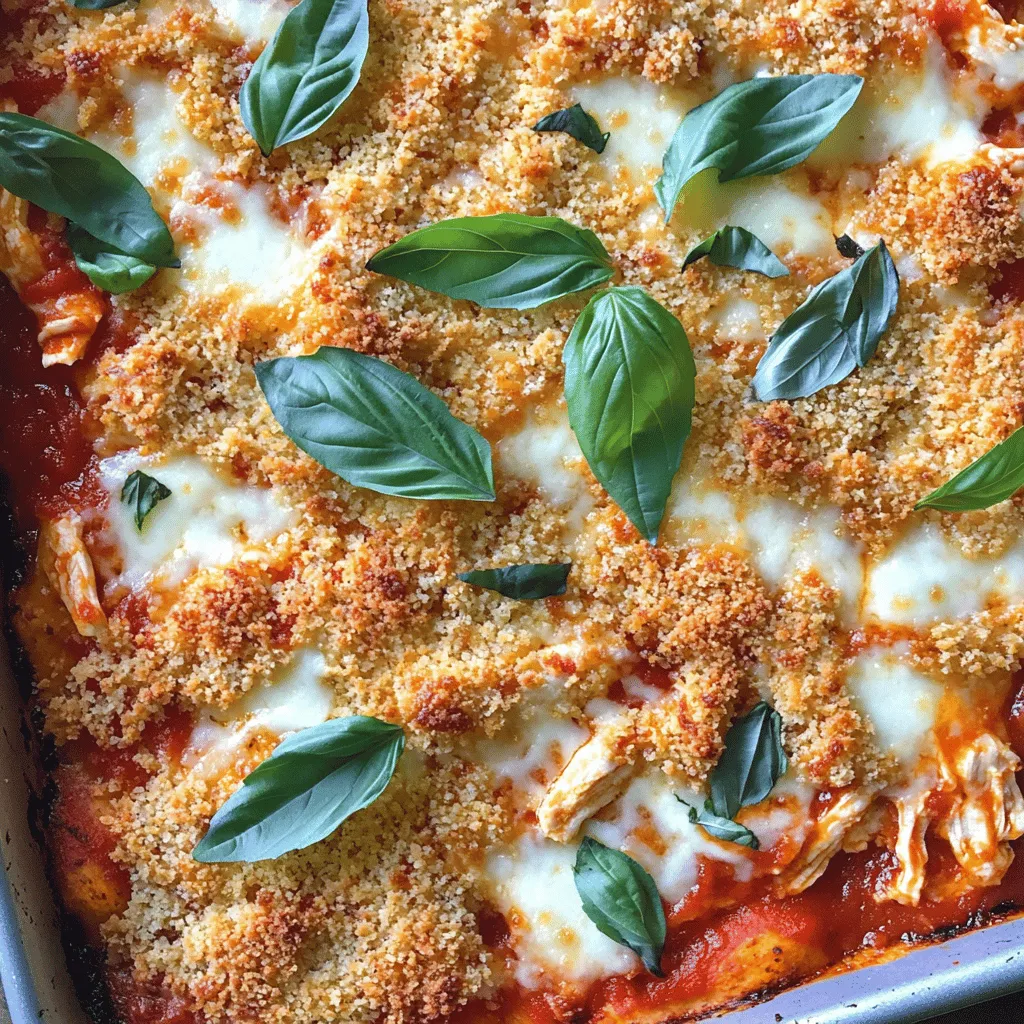 To make Crispy Crust Pizza-Parmesan Chicken Bake, you need these key ingredients: - 2 cups cooked rotisserie chicken, shredded - 1 cup marinara sauce - 1 ½ cups shredded mozzarella cheese - 1 cup grated Parmesan cheese - 1 cup Italian bread crumbs - 1 teaspoon dried oregano - 1 teaspoon garlic powder - ½ teaspoon crushed red pepper flakes (optional) - 2 tablespoons olive oil - Fresh basil leaves for garnish These ingredients come together to create a comforting dish that’s both savory and cheesy. The rotisserie chicken adds great flavor and saves time. Marinara sauce gives a nice base, while mozzarella and Parmesan create a creamy, cheesy layer. When choosing your ingredients, some brands stand out. For marinara sauce, I recommend Rao’s or Classico. They both offer rich flavor. For cheese, try whole milk mozzarella and freshly grated Parmesan from brands like Bel Gioioso or Sargento. If you need a substitute for rotisserie chicken, any cooked chicken works well. Just shred it finely. You can even use turkey if you prefer! Want to kick up the flavor? Try adding these optional ingredients: - ½ teaspoon smoked paprika for a smoky taste - Chopped bell peppers or mushrooms for extra veggies - Fresh garlic instead of garlic powder for a stronger flavor These additions let you customize your bake. They enhance flavors and add nutrition. Don't hesitate to experiment with what you have on hand. Each choice can make your dish special! For the full recipe, check below. Start by preheating your oven to 375°F (190°C). This step is key for a crisp top. In a large bowl, mix the shredded rotisserie chicken with the marinara sauce. Add in the dried oregano, garlic powder, and crushed red pepper flakes if you like some heat. Stir well until every piece of chicken gets that delicious sauce. In another bowl, combine the Italian bread crumbs with half of the grated Parmesan cheese. This means about ½ cup. Drizzle in the olive oil and mix everything together. You want the bread crumbs to feel moist but still crumbly. This mixture will help create that crunchy topping you crave. Grease a 9x13 inch baking dish well. Spread the chicken mix evenly across the bottom. This ensures every bite has flavor. Next, sprinkle the shredded mozzarella cheese on top of the chicken. Make sure it covers the chicken completely. Now, take the bread crumb mix and spread it over the cheese. Finally, add the rest of the Parmesan cheese on top for that golden finish. Bake in the oven for 30-35 minutes, until you see a beautiful golden brown crust. Let it cool a bit before slicing. Garnish with fresh basil leaves to make it look great. Enjoy this comforting dish! For the full recipe, check out the details above. To get a crispy crust, you need to focus on a few key steps. First, use a high-quality baking dish that conducts heat well. A metal dish works better than glass. Second, make sure your oven is fully preheated to 375°F. This ensures the bread crumbs bake quickly and get crispy. Also, adding olive oil to the bread crumbs helps them brown nicely. Don’t skip this step! Finally, let the dish cool for a few minutes after baking. This helps the crust set and keeps it from becoming soggy. One common mistake is not preheating the oven. This can lead to uneven cooking. Another mistake is using too much sauce. Too much moisture can make the crust soft. Be sure to measure your marinara sauce carefully. Lastly, avoid opening the oven door too often. Every time you do this, heat escapes. Keep the door closed to maintain a steady temperature for the best results. To make this dish, a few tools are essential. You will need a 9x13 inch baking dish, preferably metal. A good mixing bowl is important for combining ingredients. I also recommend using a sharp knife for cutting the chicken. A spatula helps spread the mixture evenly across the dish. Finally, an oven mitt is a must for safely removing the hot dish from the oven. For the full recipe, check out the entire guide to ensure you get all the details right! {{image_4}} You can easily make a vegetarian version of this dish. Just swap out the chicken for veggies. Use your favorites like bell peppers, mushrooms, or zucchini. You can follow the same steps in the recipe. Make sure to sauté the veggies first. This adds great flavor. Layer them in with the marinara sauce and cheese. You will still enjoy that crispy texture on top. If you're watching carbs, try using cauliflower rice instead of bread crumbs. This keeps the crunch while cutting down on carbs. Another option is to replace the marinara with a low-carb sauce. You can make a simple sauce using crushed tomatoes, garlic, and herbs. This will keep all that pizza flavor without the extra carbs. Feel free to mix it up with your favorite flavors. Adding veggies like spinach or artichokes can boost nutrition. Different cheeses can also change the taste. Try adding goat cheese or cheddar for a twist. Each cheese adds a unique flavor. You can even top it with fresh herbs like parsley or chives. This brings freshness and color to the dish. For the complete recipe, check out the Full Recipe. To keep your Crispy Crust Pizza-Parmesan Chicken Bake fresh, let it cool first. Use an airtight container for storage. This helps keep moisture in and prevents drying out. You can store it in the fridge for up to three days. If you want to keep it longer, freezing is a great option. When reheating, the oven is best for taste. Preheat your oven to 350°F (175°C). Place the leftovers in an oven-safe dish and cover with foil. Heat for about 15-20 minutes. This warms it evenly and keeps the crust crispy. You can also use a microwave, but the crust may lose its crunch. If using a microwave, heat in short bursts, stirring in between. To freeze the dish, cut it into portions first. Wrap each portion tightly in plastic wrap. Then, place them in a freezer-safe bag or container. This way, you can take out just what you need. The dish will stay good for up to three months in the freezer. When ready to eat, thaw it overnight in the fridge before reheating. For best flavor, try to eat it within two months. You can find the full recipe for this tasty dish in the earlier sections. Enjoy your cooking! Yes, you can make this dish ahead. Cook it up to step 7 and cover it. Store it in the fridge for up to two days. When ready, bake it straight from the fridge. Just add a few extra minutes to the cooking time for best results. This makes dinner planning easier! Crispy Crust Pizza-Parmesan Chicken Bake pairs well with many sides. Here are some great options: - A fresh garden salad with a light vinaigrette - Garlic bread or breadsticks for a tasty side - Steamed veggies like broccoli or green beans - A bowl of extra marinara sauce for dipping These sides add color, flavor, and nutrition to your meal! To make this recipe gluten-free, swap Italian bread crumbs for gluten-free ones. Many brands offer tasty options. You can also use crushed gluten-free crackers or oats. Check all sauces and cheese for gluten-free labels. This way, everyone can enjoy this delicious dish without worry! For the full recipe, check out the detailed instructions above. This blog post explored how to make a Crispy Crust Pizza-Parmesan Chicken Bake. We covered essential ingredients, preparation steps, and tips for a perfect bake. I shared variations to suit different diets and ways to store leftovers. You can create a delicious dish that is both easy and fun. Experiment with flavors and enjoy it fresh or saved for later. With these tips, you're on your way to a great cooking experience. Enjoy every bite!