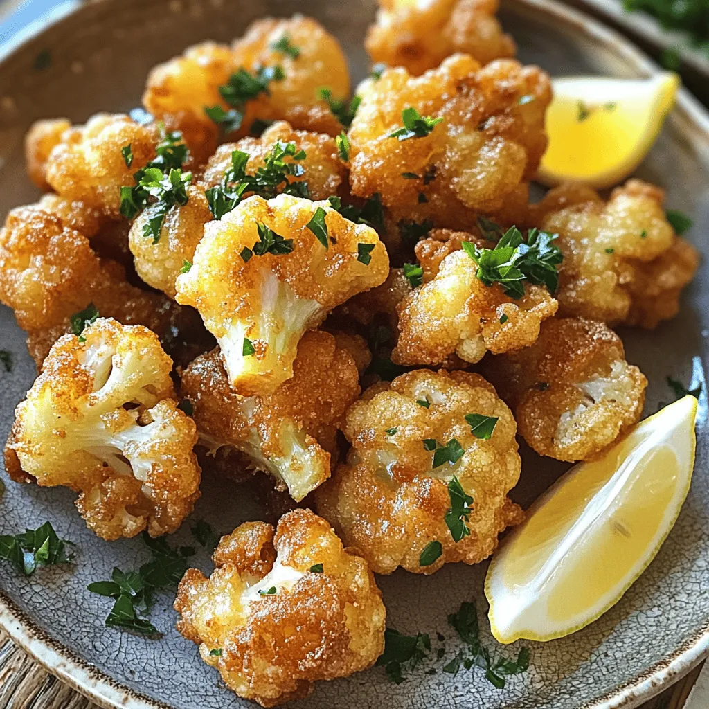 For a tasty fried cauliflower, you need: - 1 medium head of cauliflower, separated into bite-sized florets - Fresh parsley, finely chopped, for garnish - Lemon wedges, for serving These fresh ingredients add color and flavor. You will also need these pantry staples: - 1 cup all-purpose flour - 1 teaspoon garlic powder - 1 teaspoon onion powder - 1 teaspoon smoked paprika - 1/2 teaspoon cayenne pepper (adjust based on your spice tolerance) - 1 teaspoon sea salt - 1/2 teaspoon freshly ground black pepper - 1 cup buttermilk (or regular milk mixed with 1 tablespoon lemon juice) - 2 cups Panko breadcrumbs (for an extra crunchy texture) - Vegetable oil, for frying These ingredients create the crispy coating that makes fried cauliflower so good. If you have special dietary needs, here are some alternatives: - Use gluten-free flour instead of all-purpose flour. - Substitute buttermilk with a plant-based milk mixed with lemon juice for a vegan option. - You can skip the cayenne pepper for a milder taste. These alternatives ensure everyone can enjoy this dish. To see the full recipe, check out the section on step-by-step instructions. Start by rinsing the cauliflower under cold water. Cut the head into bite-sized florets. Make sure your pieces are even. This helps them cook at the same time. After cutting, pat them dry with a kitchen towel. Removing moisture is key for crispiness. In a large bowl, whisk together the flour, garlic powder, onion powder, smoked paprika, cayenne pepper, sea salt, and black pepper. Mix well until everything is combined. This blend gives the cauliflower a great taste. Set this bowl aside for later. Now, prepare a buttermilk bath in another bowl. Pour in the buttermilk and mix if you used lemon juice. Dip each cauliflower floret into the buttermilk. Let the excess drip off, then roll it in the seasoned flour mixture. Make sure each piece is fully coated. For extra crunch, dip the floret back into the buttermilk. Then, roll it in Panko breadcrumbs. Press them lightly to stick well. Heat vegetable oil in a deep pan to about 350°F (175°C). Carefully add the coated florets to the hot oil. Fry them for 4-5 minutes, turning them often. Look for a golden brown color. Use a slotted spoon to move the cooked florets to a paper towel-lined plate. This helps drain off extra oil. Repeat this process until all florets are cooked. To serve, sprinkle the crispy fried cauliflower with fresh parsley for color. Add lemon wedges on the side. Squeezing lemon juice on top gives a fresh, zesty flavor. Enjoy these crispy bites as a snack or side dish. For the full recipe, check out the earlier section. To get your fried cauliflower crispy, start by drying the florets well. Moisture can lead to soggy bites. After rinsing, use a kitchen towel to pat them dry. Next, the buttermilk bath is key. It creates a sticky layer for the flour mix to cling to. For extra crunch, double-dip the florets in both the flour and Panko breadcrumbs. This extra layer gives each piece a wonderful crunch. One common mistake is overcrowding the pan. When you fry too many pieces at once, the temperature drops. This leads to greasy cauliflower instead of crispy bites. Another mistake is not heating the oil enough. Use a thermometer to check the oil temperature. If it's too cool, the cauliflower will absorb oil and become soggy. Lastly, don’t skip the seasoning in the flour mix. It adds vital flavor to your dish. For frying, choose a deep, heavy-bottomed pan or a wok. These types of pans heat evenly and keep the temperature steady. A kitchen thermometer is also a must-have. It helps you maintain the right frying temperature, which is around 350°F (175°C). A slotted spoon is great for removing the fried florets from the oil. Finally, have paper towels ready for draining excess oil after frying. For more detailed steps, check out the Full Recipe for crispy zesty fried cauliflower. {{image_4}} You can change the flavor of fried cauliflower with different spices. Try adding curry powder for a warm, earthy taste. Or, mix in some Italian herbs, like oregano and basil, for a fresh twist. You can even use a taco seasoning blend for a zesty kick. Experimenting with seasonings makes each batch unique and fun. If you want a gluten-free version, swap the all-purpose flour for a gluten-free flour blend. You can also use almond flour or chickpea flour. Make sure to check that the breadcrumbs are gluten-free too. This way, everyone can enjoy the crispy cauliflower without worry. Air frying is a great option for healthier cooking. It uses less oil than traditional frying. You'll still get a nice crunch, but it may not be as crispy. If you use an air fryer, set it to 400°F (200°C) and cook for about 15 minutes. Shake the basket halfway through for even cooking. Traditional frying gives you that deep-fried flavor and texture. Choose the method that fits your craving best. For more details, check out the Full Recipe. To keep your fried cauliflower fresh, let it cool first. Place it in an airtight container. Make sure to store it in the fridge. This way, it stays crunchy for up to three days. If you want to keep it longer, consider freezing. When you’re ready to eat your leftovers, heat them in the oven. Preheat the oven to 400°F (200°C). Spread the cauliflower on a baking sheet. Bake for about 10-15 minutes. This method helps keep the crunch. You can also use an air fryer for faster reheating. If you want to freeze fried cauliflower, wait until it cools completely. Place it in a freezer-safe bag. Remove as much air as possible. When you’re ready to eat it, let it thaw in the fridge overnight. After thawing, reheat it in the oven to regain that crispy texture. Enjoy your crispy fried cauliflower again! The best way to make fried cauliflower is by following a few key steps. Start with fresh cauliflower, as it gives the best flavor and texture. Cut it into bite-sized florets for even cooking. Create a seasoned flour mixture to coat the cauliflower. Make sure to use buttermilk, which helps the coating stick. Finally, fry in hot oil until golden brown and crispy. This method ensures a crunchy crust and soft inside. You can use frozen cauliflower, but fresh is better. Frozen cauliflower has more water, which can make it soggy. If you must use it, thaw and drain the cauliflower well. Pat it dry with a towel to remove extra moisture. This will help it crisp up during frying. Fried cauliflower can be a healthy choice when made right. Cauliflower is low in calories and high in fiber. However, frying adds extra fat and calories. To make it healthier, you can bake or air-fry the cauliflower instead. This reduces the oil used and still gives a nice crunch. Fried cauliflower lasts about 3-4 days in the fridge. Store it in an airtight container to keep it fresh. Reheat it in an oven or air fryer for best results. Microwaving may make it soggy. Yes, you can make it vegan! Use plant-based milk mixed with lemon juice instead of buttermilk. For the flour mixture, ensure there are no animal-based ingredients. You can also use a vegan egg substitute for better coating adhesion. This way, you can enjoy crispy fried cauliflower with a plant-based twist. For the full recipe, check out the crispy zesty fried cauliflower section. This blog covers all you need for crispy fried cauliflower. We explored fresh ingredients, pantry staples, and dietary substitutes. I guided you through clear steps for preparation and frying. We also shared tips for crispiness and common cooking mistakes. You learned different seasoning ideas and storage tips. Fried cauliflower can fit many diets and tastes. Enjoy experimenting with this dish. It is tasty, easy, and good for any meal. Your kitchen will shine with this simple recipe!