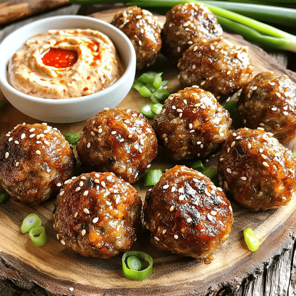 To make Korean BBQ meatballs, gather these key ingredients: - 1 lb ground beef (or a flavorful mix of beef and pork) - 1/2 cup breadcrumbs (panko adds extra crunch!) - 2 green onions, finely chopped - 2 cloves garlic, minced - 2 tablespoons soy sauce - 1 tablespoon sesame oil - 1 tablespoon fresh ginger, grated - 1 tablespoon brown sugar - 1 egg, lightly beaten - 1/4 teaspoon freshly ground black pepper - Toasted sesame seeds for garnish These ingredients blend to create a savory meatball that bursts with flavor. The combination of beef and pork gives a rich taste. The ginger and garlic add depth. Don’t skip the soy sauce and sesame oil; they bring that classic Korean BBQ taste. For the spicy mayo dip, use: - 1/2 cup mayonnaise (preferably Japanese mayo for creaminess) - 1 tablespoon Sriracha (adjust according to your spice preference) - 1 teaspoon fresh lime juice - Pinch of salt The dip is creamy and spicy. The mayo provides a smooth base, while Sriracha adds heat. Fresh lime juice brightens the flavor. Adjust Sriracha for your spice level. This dip pairs perfectly with the meatballs. You can add extra garnishes to enhance your dish: - Chopped cilantro or parsley for freshness - Thinly sliced radishes for crunch - Chopped peanuts for added texture If you want to change things up, consider these substitutions: - Use ground turkey or chicken for a lighter option. - Replace breadcrumbs with crushed rice crackers for gluten-free meatballs. - Try different sauces in the dip, like gochujang for a bolder flavor. These options help you personalize your meal. Explore different flavors to find your perfect balance. You can find the full recipe to guide you through every step of this tasty journey. Start by preheating your oven to 400°F (200°C). This heat makes the meatballs cook evenly. Line a baking sheet with parchment paper. This will save you time on cleanup later. In a large bowl, add the ground beef, breadcrumbs, green onions, and minced garlic. Then, pour in the soy sauce, sesame oil, and grated ginger. Next, add the brown sugar and beaten egg. Finally, sprinkle in the black pepper. Use your hands to mix everything until it's well combined. The mixture should feel a bit sticky. Now it’s time to shape the meatballs. Take a small amount of the mixture and roll it into a ball about 1 inch wide. Place each meatball on the baking sheet. Make sure to leave space between them. This helps them cook evenly. Once all the meatballs are formed, pop the baking sheet into the oven. Bake for 20 to 25 minutes until they are golden brown and cooked through. While the meatballs bake, you can make the spicy mayo dip. In a separate bowl, mix the mayonnaise, Sriracha, lime juice, and a pinch of salt. Whisk until smooth and creamy. Taste the dip and add more Sriracha if you like it spicier. Once the meatballs are done, let them cool for a few minutes. Serve them warm with the spicy mayo dip on the side. Enjoy this delightful mix of flavors! For the full recipe, check out the details above. To get the right texture, use a mix of beef and pork. This mix gives a juicy bite. Use panko breadcrumbs. They add a nice crunch. Don’t overmix the meat. Just blend until combined. This keeps the meatballs tender. Always preheat your oven to 400°F (200°C). A hot oven helps the meatballs cook evenly. Line your baking sheet with parchment paper. This makes cleanup fast and easy. Space the meatballs well on the sheet. This way, they brown nicely without steaming. You can adjust the dip to fit your taste. Use more or less Sriracha for spice. For a creamier dip, try Japanese mayo. Add garlic powder for extra flavor. A dash of honey can balance the heat. Feel free to experiment with lime juice too. It brightens the flavors. For the full recipe, check out the complete instructions. Enjoy your cooking! {{image_4}} You can switch up the meat in your Korean BBQ meatballs. Try ground turkey or chicken for a lighter option. You can also mix in ground pork for added flavor. Each protein gives a unique taste. Adjust your cooking times slightly, as leaner meats may cook faster. For a vegetarian option, use lentils or chickpeas. These provide protein and a great texture. You can also use plant-based ground meat. Just be sure to check the flavors. Add soy sauce and spices to enhance the taste. For a vegan dip, swap mayo with avocado or a tofu blend. While the spicy mayo dip is a hit, you can explore other flavors. A sweet chili sauce pairs well with meatballs. You can also create a sesame soy dip by mixing soy sauce, sesame oil, and a hint of ginger. Each dip adds a new twist to your meal. For even more fun, try a tangy yogurt dip with herbs. For the full recipe, check out the Korean BBQ Meatballs with Spicy Mayo Dip. Enjoy mixing and matching these ideas for your next dinner! Store leftover meatballs in an airtight container. Keep them in the fridge for up to three days. Make sure they cool down first. This helps keep them fresh. To freeze meatballs, let them cool completely. Then, place them on a baking sheet and freeze for one hour. Once frozen, transfer them to a freezer bag. They can stay in the freezer for up to three months. Reheat meatballs in the oven for about 10-15 minutes at 350°F (175°C). You can also microwave them for 1-2 minutes. Just make sure they are hot all the way through. Serve with fresh spicy mayo dip for the best taste! You can serve Korean BBQ meatballs with rice or noodles. They also pair well with a fresh salad. Try adding pickled vegetables for a tangy crunch. You can also serve them with steamed broccoli or green beans. For extra flavor, use the spicy mayo dip as a sauce for your sides. Yes, you can make meatballs in advance. Form the meatballs and place them on a baking sheet. Cover the sheet with plastic wrap and store them in the fridge for up to 24 hours. If you want to freeze them, place the meatballs in a single layer on a baking sheet. Freeze for two hours, then transfer them to a freezer bag. They can last for up to three months! The spiciness of the dip depends on the amount of Sriracha you use. With one tablespoon, it has a mild heat. If you want more spice, add extra Sriracha. You can taste the dip as you mix it to find your perfect heat level. This dip adds a nice kick that complements the sweet meatballs. Yes, grilling is a great option! Preheat your grill to medium heat. Form the meatballs and thread them onto skewers for easy handling. Grill the meatballs for about 10-15 minutes, turning frequently. This method gives them a smoky flavor and a nice char. Just ensure they are cooked through before serving. You learned about making delicious meatballs and a tasty spicy mayo dip. We covered key ingredients, step-by-step instructions, and tips for the best results. You can customize flavors and substitute proteins easily. Storing and reheating leftovers is simple too. Now, you have all the tools to enjoy this dish. Try making it your own and impress your friends!