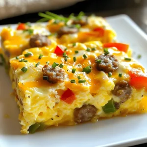 - 8 large eggs - 1 cup milk - 1 pound breakfast sausage (casings removed) - 1 cup shredded sharp cheddar cheese - 1 cup assorted diced bell peppers (red, green, and yellow for color) - 1/2 cup finely diced onion - 1 teaspoon garlic powder - 1 teaspoon kosher salt - 1/2 teaspoon freshly ground black pepper - 1 teaspoon dried oregano - 6 slices of day-old bread, cubed (white or whole wheat recommended) In this easy sausage and egg casserole, you need a few key items. First, the eggs and milk make the base light and fluffy. The breakfast sausage adds rich flavor and protein. Cheddar cheese brings in a nice sharpness that pairs well with the sausage. Next, colorful bell peppers and onions add crunch and sweetness. These veggies not only taste great but also make the dish look inviting. Lastly, day-old bread soaks up all the flavors and gives the casserole its heartiness. You can find the full recipe linked above, which details how to combine all these ingredients into a delicious family meal. - Preheat your oven to 350°F (175°C). - Grease a 9x13 inch casserole dish with non-stick cooking spray or butter. - Cook the breakfast sausage over medium heat until browned and fully cooked. - Drain any excess grease before proceeding. - In a mixing bowl, whisk eggs, milk, and seasonings together. - Stir in the cooked sausage, cheese, vegetables, and cubed bread until combined. - Pour the mixture into the prepared casserole dish and ensure it’s spread evenly. - Bake for 35-40 minutes, or until the center is set and golden brown. By following these simple steps, you will create a dish that feeds the whole family. For the full recipe, check the detailed instructions above. Enjoy the process, and savor the delicious results! - Slice the casserole into neat squares for serving. - Garnish with fresh chives or parsley for added color. I love to serve this casserole warm. It looks great when sliced into squares. The bright colors of the peppers pop on the plate. A sprinkle of chives or parsley adds a nice touch. You can also serve it with fresh fruit or a light salad. This makes for a balanced meal. - Assemble the casserole the night before and refrigerate overnight before baking. - Allow extra baking time if cooking from chilled. If you want to save time in the morning, prep this casserole the night before. Just mix all the ingredients and pour them into the dish. Cover it and place it in the fridge overnight. In the morning, just pop it in the oven. If it’s cold, it may need a few extra minutes to bake. - Consider checking for doneness with a toothpick; it should come out clean when inserted. - For an extra cheesy top, add more cheese during the last 10 minutes of baking. While baking, check the center with a toothpick to see if it’s ready. The toothpick should come out clean. If you like cheese, add some more on top in the last 10 minutes of baking. This gives you a delicious, melted layer that everyone will love. {{image_4}} You can easily switch up the main ingredients for this casserole. Use turkey sausage or veggie sausage for a lighter option. These choices still pack flavor but cut down on fat. You might also want to try different cheeses. Mozzarella or pepper jack can add unique tastes to your dish. To boost the nutrition, consider adding cooked spinach or kale. These greens blend well and add vitamins. You can also mix in sun-dried tomatoes or cooked mushrooms for extra flavor. Both options bring a delicious twist to this classic dish. If you like heat, add diced jalapeños or red pepper flakes to the mix. This spicy kick can elevate the casserole and make it more exciting. Adjust the amount based on your spice tolerance. Adding a little heat can create a fun family meal! You can find the Full Recipe to try these variations today! Store leftovers in an airtight container in the refrigerator for up to 3 days. This way, you can enjoy your easy sausage and egg casserole again without losing its great taste. Keeping it sealed helps keep it fresh and moist. You can freeze the casserole for up to 3 months. Cut it into portions for easier reheating later. Wrap each piece tightly in plastic wrap and then in foil. This will help prevent freezer burn and keep it tasty. When you’re ready to eat it again, reheat in the oven at 350°F (175°C) until warmed through. If you prefer, you can also microwave individual servings. Just heat in short bursts, checking often, so it doesn’t overcook. Enjoy your meal again with ease! Yes, egg replacements like flaxseed meal or commercial egg replacers can be used. These options work well if you want to avoid eggs or need a vegan version. Flaxseed meal blends nicely into the mix and helps bind the casserole. Just remember to adjust the liquid in the recipe slightly if needed. Use gluten-free bread and ensure all other ingredients are certified gluten-free. Many brands offer great-tasting gluten-free bread. Always check labels for hidden gluten in sauces or seasoning mixes. This way, you can enjoy the casserole without worry. Pair with fresh fruit, a side salad, or hash browns for a complete meal. Fresh berries or slices of melons add a sweet touch. A light salad gives a refreshing contrast to the hearty casserole. Hash browns can add a crispy element that many enjoy. It will last for up to 3 days if stored properly in an airtight container. Make sure to let the casserole cool completely before sealing it. This keeps it fresh and tasty for your next meal. Just reheat in the oven or microwave when you're ready to enjoy it again. This blog post shared a simple and tasty sausage and egg casserole recipe. We covered the key ingredients, cooking steps, and some helpful tips. You now have the tools to make this dish your own with fun variations. Whether you choose to add veggies or switch up the bread, this casserole is versatile. Remember, it's a great meal for any time of day. Enjoy making and sharing it with friends and family. It’s easy to prepare and full of flavor!
