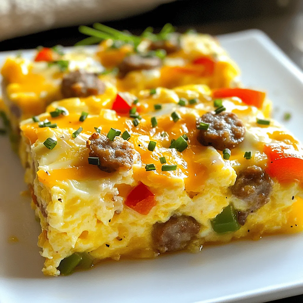 - 8 large eggs - 1 cup milk - 1 pound breakfast sausage (casings removed) - 1 cup shredded sharp cheddar cheese - 1 cup assorted diced bell peppers (red, green, and yellow for color) - 1/2 cup finely diced onion - 1 teaspoon garlic powder - 1 teaspoon kosher salt - 1/2 teaspoon freshly ground black pepper - 1 teaspoon dried oregano - 6 slices of day-old bread, cubed (white or whole wheat recommended) In this easy sausage and egg casserole, you need a few key items. First, the eggs and milk make the base light and fluffy. The breakfast sausage adds rich flavor and protein. Cheddar cheese brings in a nice sharpness that pairs well with the sausage. Next, colorful bell peppers and onions add crunch and sweetness. These veggies not only taste great but also make the dish look inviting. Lastly, day-old bread soaks up all the flavors and gives the casserole its heartiness. You can find the full recipe linked above, which details how to combine all these ingredients into a delicious family meal. - Preheat your oven to 350°F (175°C). - Grease a 9x13 inch casserole dish with non-stick cooking spray or butter. - Cook the breakfast sausage over medium heat until browned and fully cooked. - Drain any excess grease before proceeding. - In a mixing bowl, whisk eggs, milk, and seasonings together. - Stir in the cooked sausage, cheese, vegetables, and cubed bread until combined. - Pour the mixture into the prepared casserole dish and ensure it’s spread evenly. - Bake for 35-40 minutes, or until the center is set and golden brown. By following these simple steps, you will create a dish that feeds the whole family. For the full recipe, check the detailed instructions above. Enjoy the process, and savor the delicious results! - Slice the casserole into neat squares for serving. - Garnish with fresh chives or parsley for added color. I love to serve this casserole warm. It looks great when sliced into squares. The bright colors of the peppers pop on the plate. A sprinkle of chives or parsley adds a nice touch. You can also serve it with fresh fruit or a light salad. This makes for a balanced meal. - Assemble the casserole the night before and refrigerate overnight before baking. - Allow extra baking time if cooking from chilled. If you want to save time in the morning, prep this casserole the night before. Just mix all the ingredients and pour them into the dish. Cover it and place it in the fridge overnight. In the morning, just pop it in the oven. If it’s cold, it may need a few extra minutes to bake. - Consider checking for doneness with a toothpick; it should come out clean when inserted. - For an extra cheesy top, add more cheese during the last 10 minutes of baking. While baking, check the center with a toothpick to see if it’s ready. The toothpick should come out clean. If you like cheese, add some more on top in the last 10 minutes of baking. This gives you a delicious, melted layer that everyone will love. {{image_4}} You can easily switch up the main ingredients for this casserole. Use turkey sausage or veggie sausage for a lighter option. These choices still pack flavor but cut down on fat. You might also want to try different cheeses. Mozzarella or pepper jack can add unique tastes to your dish. To boost the nutrition, consider adding cooked spinach or kale. These greens blend well and add vitamins. You can also mix in sun-dried tomatoes or cooked mushrooms for extra flavor. Both options bring a delicious twist to this classic dish. If you like heat, add diced jalapeños or red pepper flakes to the mix. This spicy kick can elevate the casserole and make it more exciting. Adjust the amount based on your spice tolerance. Adding a little heat can create a fun family meal! You can find the Full Recipe to try these variations today! Store leftovers in an airtight container in the refrigerator for up to 3 days. This way, you can enjoy your easy sausage and egg casserole again without losing its great taste. Keeping it sealed helps keep it fresh and moist. You can freeze the casserole for up to 3 months. Cut it into portions for easier reheating later. Wrap each piece tightly in plastic wrap and then in foil. This will help prevent freezer burn and keep it tasty. When you’re ready to eat it again, reheat in the oven at 350°F (175°C) until warmed through. If you prefer, you can also microwave individual servings. Just heat in short bursts, checking often, so it doesn’t overcook. Enjoy your meal again with ease! Yes, egg replacements like flaxseed meal or commercial egg replacers can be used. These options work well if you want to avoid eggs or need a vegan version. Flaxseed meal blends nicely into the mix and helps bind the casserole. Just remember to adjust the liquid in the recipe slightly if needed. Use gluten-free bread and ensure all other ingredients are certified gluten-free. Many brands offer great-tasting gluten-free bread. Always check labels for hidden gluten in sauces or seasoning mixes. This way, you can enjoy the casserole without worry. Pair with fresh fruit, a side salad, or hash browns for a complete meal. Fresh berries or slices of melons add a sweet touch. A light salad gives a refreshing contrast to the hearty casserole. Hash browns can add a crispy element that many enjoy. It will last for up to 3 days if stored properly in an airtight container. Make sure to let the casserole cool completely before sealing it. This keeps it fresh and tasty for your next meal. Just reheat in the oven or microwave when you're ready to enjoy it again. This blog post shared a simple and tasty sausage and egg casserole recipe. We covered the key ingredients, cooking steps, and some helpful tips. You now have the tools to make this dish your own with fun variations. Whether you choose to add veggies or switch up the bread, this casserole is versatile. Remember, it's a great meal for any time of day. Enjoy making and sharing it with friends and family. It’s easy to prepare and full of flavor!