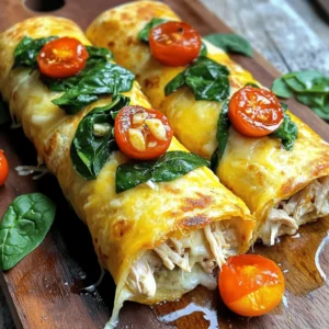 To make Cheesy Garlic Chicken Wraps, you need a few simple ingredients. Here’s the list: - 2 cups cooked chicken, shredded - 1 cup cream cheese, softened - 1 cup shredded cheddar cheese - 4 cloves garlic, minced - 1 teaspoon dried oregano - 1 teaspoon paprika - Salt and black pepper to taste - 4 large flour tortillas - 1 cup fresh spinach leaves, washed and dried - 1/2 cup cherry tomatoes, halved - 2 tablespoons olive oil These ingredients blend to create a rich, cheesy filling that pairs perfectly with fresh veggies. The shredded chicken adds protein and flavor, while cream cheese and cheddar bring creaminess. Garlic adds a strong, savory kick that fills your wraps with taste. The spices, like oregano and paprika, enhance the overall flavor, making each bite delightful. Using fresh spinach and cherry tomatoes adds crunch and freshness. The tortillas wrap everything together, making it easy to hold and eat. Olive oil is key for cooking the wraps, giving them a nice crisp. For the full recipe, check out the detailed instructions that follow. Enjoy your cooking! To start, take a large bowl. Add your shredded chicken and the softened cream cheese. Mix them well. Next, add minced garlic, shredded cheddar, dried oregano, paprika, salt, and black pepper. Stir until the mixture is creamy and all ingredients blend well together. Now, heat a dry skillet over medium heat. This step makes the tortillas soft. Place each flour tortilla in the skillet and warm them for about 10 to 20 seconds per side. They should be soft and flexible. Don’t overcook them. Lay each warmed tortilla flat on a clean surface. Divide the cheesy mixture evenly among the tortillas. Make sure to place it slightly off-center. Then, add a handful of fresh spinach leaves and sprinkle halved cherry tomatoes on top. Heat olive oil in the same skillet over medium heat. Place the wraps seam-side down in the skillet. Make sure not to crowd the pan. Cook each wrap for 2 to 3 minutes on each side. Look for a golden brown color and crispiness. Keep an eye on them to avoid burning. Once done, remove the wraps from the skillet and let them cool before slicing them diagonally. For the full recipe, check out the details provided above. Serve your cheesy garlic chicken wraps with tasty dips like guacamole or salsa. These dips add flavor and fun. You can also garnish the wraps with fresh herbs like cilantro or parsley. A sprinkle of extra cheese on top makes them look even more appealing. To get crispy wraps, make sure to cook them evenly. Heat your skillet to medium heat and don’t overcrowd the pan. This way, each wrap gets that nice golden color. When filling the wraps, don’t overstuff them. Leaving some space helps you roll them up snugly without any spills. To elevate the taste, try adding spices like cayenne for heat or smoked paprika for depth. You can also mix in optional ingredients like diced bell peppers or black olives for extra flavor. Adding these tweaks makes your wraps unique and delicious. For the Full Recipe, check the instructions above to create this delightful dish. {{image_4}} You can switch up the protein in these wraps. Ground turkey or beef works great. Just cook the meat first. Then mix it with the other ingredients. For a vegetarian twist, try black beans. They add protein and taste. Drain and rinse them before mixing. This option is filling and delicious. Not a fan of cream cheese? You have options! Try different cheeses like goat cheese or feta. They bring a unique flavor. You can also use shredded mozzarella for a milder taste. If you want dairy-free, look for cream cheese made from nuts. These options keep the wraps creamy and tasty. Want to spice things up? Add jalapeños for heat. Slice them thin and mix them in. You can also use roasted red peppers for a sweet twist. Adding different veggies can change the flavor too. Try bell peppers or zucchini for a fresh crunch. Each tweak makes your wrap special! For the full recipe, check the earlier section. To freeze your wraps, first cool them completely. Wrap each one tightly in plastic wrap. Then place them in a freezer-safe bag or container. This keeps them fresh and prevents freezer burn. You can freeze the wraps for up to three months. When you're ready to eat, just take them out and let them thaw in the fridge overnight. To reheat your wraps, the oven is a great choice. Preheat it to 350°F (175°C). Place the wraps on a baking sheet and heat for about 10-15 minutes. If you prefer a skillet, heat it over medium heat. Add a little oil and place the wraps seam-side down. Cook for 3-4 minutes on each side. This method helps keep the wraps crispy. Enjoy your Cheesy Garlic Chicken Wraps just as they were meant to be! Cheesy Garlic Chicken Wraps last about three to four days in the fridge. To keep them fresh, wrap them tightly in plastic wrap or store them in an airtight container. This method prevents them from drying out or absorbing other odors in the fridge. Always check for any signs of spoilage before eating. Yes, you can make these chicken wraps in advance. To do this, prepare the cheesy chicken mixture and spread it on the tortillas. Roll them up, but do not cook them yet. Wrap the uncooked wraps tightly in plastic wrap. Store them in the fridge for up to a day. When you’re ready to eat, just cook them in the skillet until golden brown. Several sauces go great with these wraps. Here are some of my favorites: - Ranch dressing: Creamy and rich, it adds great flavor. - Salsa: Fresh and zesty, it complements the cheesy filling well. - BBQ sauce: Sweet and smoky, it brings a nice twist. - Sour cream: Cool and creamy, it balances the garlic taste. Yes, you can make these wraps gluten-free. Look for gluten-free tortillas made from rice or corn. Ensure that all other ingredients, like spices and cheeses, are gluten-free. This way, you can enjoy the same cheesy goodness without the gluten! We covered how to make Cheesy Garlic Chicken Wraps, from ingredients to assembly. The mix of chicken, cheese, and spices creates a delicious meal. You can tweak this recipe to fit your taste, using different proteins or spices. Remember to keep your wraps crispy and pair them with tasty dips. Enjoy making these wraps for a fun and easy meal. They'll impress everyone!