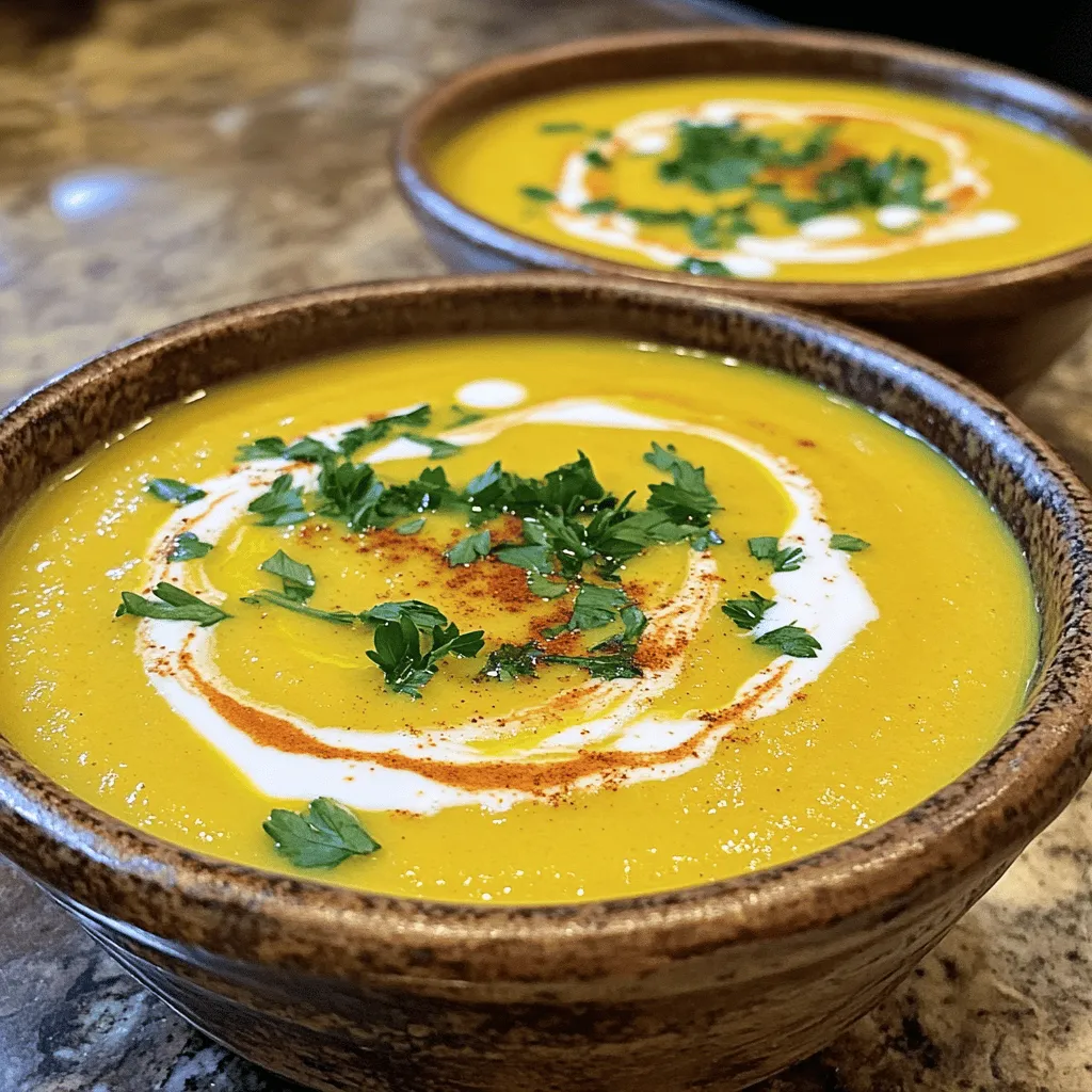 - 4 medium-sized parsnips, peeled and chopped into 1-inch pieces - 1 large onion, finely diced - 3 cloves of garlic, minced to a paste - 1 teaspoon ground cumin - 1 teaspoon smoked paprika - 1/2 teaspoon cayenne pepper - 4 cups vegetable broth - 1 cup full-fat coconut milk - Fresh parsley or cilantro For this creamy spicy parsnip soup, you need simple, fresh ingredients. Parsnips are the star; they add a sweet, nutty flavor. When you peel and chop them, look for smooth skin with no blemishes. The onion adds a nice base, while garlic gives it depth. Spices are key to the soup's warmth. Ground cumin offers a slight earthiness. Smoked paprika brings a rich, smoky note. Adjust the cayenne pepper based on how much heat you want. Next, you’ll need liquid. Low-sodium vegetable broth keeps it light. Full-fat coconut milk adds creaminess and a touch of sweetness. For a fresh finish, sprinkle chopped parsley or cilantro on top. This adds color and brightens the dish. You can find the complete recipe by following the link to the [Full Recipe]. - Peel and chop parsnips. - Dice onion and mince garlic. Start by peeling the parsnips. Use a sharp peeler for ease. After peeling, chop them into 1-inch pieces. This size helps them cook quickly and evenly. Next, take your onion. Dice it finely, aiming for small, even pieces. Finally, mince the garlic cloves into a paste. This ensures the garlic flavor spreads well in the soup. - Sauté onion and garlic. - Add spices and bloom for flavor. - Incorporate parsnips and broth. Warm olive oil in a large pot over medium heat. Once the oil shimmers, add the diced onion. Sauté for about 5 minutes. Stir occasionally until the onion turns soft and translucent. Then, add the minced garlic along with the spices. This includes ground cumin, smoked paprika, and cayenne pepper. Stir well and let the spices cook for 1-2 minutes. This helps release their flavors. After that, add in the chopped parsnips. Pour in the vegetable broth next. Increase the heat until it gently boils. Once boiling, reduce the heat and cover the pot. Let it simmer for about 15 minutes, or until the parsnips are tender. - Blend the soup until creamy. - Stir in coconut milk. - Season and garnish before serving. After simmering, it’s time to blend the soup. Use an immersion blender for a quick and easy option. Blend until it becomes silky and creamy. If you don't have an immersion blender, let the soup cool a bit. Then, transfer it in batches to a countertop blender. Blend until smooth. Return the creamy soup to the pot if using a countertop blender. Stir in the full-fat coconut milk for added creaminess. Season with salt and freshly cracked black pepper. Heat through on low for about 5 more minutes. Serve warm in bowls, garnished with fresh parsley or cilantro. Enjoy this delightful creamy spicy parsnip soup for a cozy meal! - Use an immersion blender for ease. It blends the soup right in the pot. - Adjust spice levels based on preference. Add less cayenne for mild flavor. - Pair with crusty bread or a side salad. This adds texture and balance. - Serve hot with a drizzle of coconut milk. It enhances creaminess and taste. - Garnish with herbs for visual appeal. Fresh parsley or cilantro brightens the dish. - Add a sprinkle of smoked paprika. This gives a nice color and flavor boost. Enjoy the simple pleasure of this creamy spicy parsnip soup. Check out the Full Recipe for more details! {{image_4}} You can easily change some ingredients in this soup. Here are a few ideas: - Substitute coconut milk with heavy cream for a richer taste. - Use vegetable stock for more flavor instead of water. These swaps can help you find your favorite version of the soup. You can adjust the creaminess or the taste to match your needs. Want to make your soup stand out? Here are some fun ideas to boost flavor: - Add a splash of lemon juice to brighten the soup. - Incorporate roasted red peppers for a touch of sweetness. These options can change the taste and make your soup unique. Feel free to experiment and find what you love! If you have special diet needs, this soup can work for you. Here are some adjustments: - Make it vegan by choosing plant-based ingredients like coconut milk. - Use certified gluten-free broth for gluten-free options. These changes help everyone enjoy the soup without worry. Just follow the recipe and swap as needed! You can store any leftover soup in airtight containers. This keeps it fresh for days. Make sure to cool the soup before sealing it. It’s best to eat the soup within three days. If you want to keep your soup longer, freeze portions for up to three months. Use freezer-safe containers or bags. Label them with the date so you can track freshness. Thaw in the fridge overnight before reheating. To enjoy your soup again, reheat it on the stovetop. Pour it into a pot and warm it gently over medium heat. Add extra broth if needed to reach your desired creaminess. Stir occasionally to prevent sticking. Enjoy your soup warm and tasty! For the full recipe, check the earlier section. To make the soup spicier, simply increase the amount of cayenne pepper. Start with a small amount and taste as you go. This way, you can control the heat level. You can also add crushed red pepper flakes or even fresh chili for more kick. Adjusting spice is fun and personalizes the soup to your taste. Yes, you can make this soup ahead of time. It stores well in the fridge for up to three days. The flavors actually meld and deepen over time. Just store it in an airtight container. When ready to eat, reheat it on the stove. You might want to add a splash of broth to keep it creamy. I love pairing creamy parsnip soup with a fresh salad or crusty bread. A bright salad adds crunch and freshness to the meal. Crusty bread is perfect for dipping and soaking up the soup. You can also serve it with a light sandwich for a full meal. Enjoy the blend of warm soup and fresh sides! This creamy parsnip soup is easy and packed with flavor. You learned about the key ingredients, like parsnips and spices. I shared simple steps for cooking and tips for great serving. You can customize it to fit your taste and dietary needs. Whether you enjoy it fresh or as leftovers, this dish shines. Try it today to warm your kitchen and impress your guests. Simple, delicious, and satisfying—this soup is a winner!