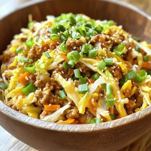 For this dish, you'll need a few key items: - 1 pound ground chicken or turkey - 1 tablespoon sesame oil - 2 cloves garlic, finely minced - 1 tablespoon fresh ginger, freshly grated - 4 cups coleslaw mix (or a mix of shredded cabbage and carrots) - 1/4 cup low-sodium soy sauce (or regular if you like) - 2 green onions, finely chopped - 1 teaspoon rice vinegar - 1 teaspoon sriracha (optional, for some heat) - Sesame seeds for a lovely garnish These ingredients come together to create a savory and satisfying meal. The ground meat provides protein, while the coleslaw mix adds crunch and freshness. The garlic and ginger bring depth to the flavor, making every bite enjoyable. Want to jazz up your egg roll in a bowl? Here are some fun add-ins: - Bell peppers, chopped - Mushrooms, sliced - Water chestnuts, diced - Baby corn, chopped - Fresh cilantro, for a burst of freshness Adding these will give your dish more texture and flavor. Feel free to mix and match based on your taste. Serve your egg roll in a bowl hot. Here are some serving ideas: - Top with extra green onions for a pop of color. - Sprinkle sesame seeds on top for crunch. - Pair with steamed rice or quinoa for a complete meal. You can also serve it with a side of soy sauce or hot sauce for dipping. This dish is not only tasty but also fun to customize! For the full recipe, check out the details above. Gather your ingredients first. This makes cooking smooth and fun. You will need: - 1 pound ground chicken or turkey - 1 tablespoon sesame oil - 2 cloves garlic, finely minced - 1 tablespoon fresh ginger, freshly grated - 4 cups coleslaw mix (or a combination of shredded cabbage and carrots) - 1/4 cup low-sodium soy sauce (or regular if preferred) - 2 green onions, finely chopped - 1 teaspoon rice vinegar - 1 teaspoon sriracha (optional, for a spicy kick) - Sesame seeds for a delightful garnish Chop the green onions and mince the garlic and ginger. This will save time later. Start by heating the sesame oil in a large skillet over medium heat. Once hot, add the minced garlic and ginger. Cook them for about one minute. You want them to smell good and turn golden. Next, add the ground chicken (or turkey). Use a spatula to break it into small pieces. Cook it for about 5 to 7 minutes, stirring often. Make sure the meat is browned and cooked through. Now, stir in the coleslaw mix. Cook it gently for another 2 to 3 minutes. The cabbage should be just tender but still crisp. Pour in the soy sauce, rice vinegar, and sriracha if you enjoy heat. Mix well and let it simmer for 2 more minutes. This will combine all those wonderful flavors. Once off the heat, sprinkle the chopped green onions on top. This adds color and freshness. Serve the egg roll mix in individual bowls. For a nice touch, sprinkle sesame seeds over each serving. This adds texture and makes the dish look great. You can also add more green onions for extra flavor. Enjoy your Easy Egg Roll in a Bowl! To make the best egg roll in a bowl, use fresh ingredients. Fresh ginger and garlic add a lot of flavor. Also, don’t skip the sesame oil. It gives a nice nutty taste. Cook the meat until it’s well browned. This step adds depth to the dish. Stir in the coleslaw mix gently. You want it tender but still crunchy. Finally, let it simmer for a couple of minutes. This helps all the flavors blend nicely. You can swap out the ground chicken for ground turkey or pork. If you want a vegetarian twist, try crumbled tofu or tempeh. For the coleslaw mix, use shredded cabbage, carrots, or broccoli slaw. Low-sodium soy sauce can be replaced with coconut aminos for a gluten-free option. If you prefer less spice, skip the sriracha or use a milder sauce. Rice vinegar can be swapped with apple cider vinegar if needed. One common mistake is overcooking the garlic and ginger. They should be fragrant, not burnt. Another mistake is adding too much liquid. This can make your bowl watery. Make sure to measure the soy sauce and vinegar. Also, don't skip the resting phase after cooking. Letting it sit helps the flavors mix. Lastly, don’t forget to garnish with sesame seeds and green onions. This adds flavor and makes your dish look great. For the full recipe, check the section above. {{image_4}} You can easily make this dish vegetarian or vegan. Instead of ground chicken or turkey, use cooked mushrooms or tofu. Mushrooms add a nice umami flavor. Tofu gives you protein and a great texture. Just be sure to press tofu to remove excess water. Use the same spices and sauces to keep the taste strong and enjoyable. If you want more protein, consider adding shrimp or beef. Shrimp cooks quick and gives a nice touch. Beef can add a rich flavor. Simply cook it alongside the garlic and ginger. Break it up as it cooks. You can also mix in cooked beans for a plant-based boost. Adjust the spice level to fit your taste. Add more sriracha for heat or use chili flakes. If you prefer mild, skip the spicy sauces. For a sweet touch, add a splash of honey or maple syrup. This balances the flavors nicely. Try different sauces like teriyaki for a new twist. You can find the full recipe for more ideas. After enjoying your Easy Egg Roll in a Bowl, store leftovers in an airtight container. This keeps the dish fresh and flavorful. Make sure to cool it down first. You can store it in the fridge for up to three days. If you want to keep it longer, consider freezing. When you're ready to eat leftovers, use a microwave or a skillet. For the microwave, place a serving in a bowl and cover it. Heat for about 1-2 minutes. Stir halfway through to ensure even heating. If you prefer a skillet, warm it over medium heat. Stir often until it’s hot throughout. To freeze the Easy Egg Roll in a Bowl, let it cool completely first. Then, portion it into freezer-safe bags or containers. Remove any air before sealing. This prevents freezer burn. You can freeze it for up to three months. When you're ready to eat, thaw it overnight in the fridge before reheating. Enjoy your meal prep with ease! Yes, you can make Easy Egg Roll in a Bowl ahead of time. I often prepare it in the morning or the night before. Just cook it and store it in the fridge. It stays fresh for about 3 days. When you want to eat, just heat it in a pan or microwave. This makes meal prep a breeze! This dish is tasty on its own, but you can pair it with several sides. Here are some great options: - Steamed rice for a filling meal. - Quinoa for a healthy twist. - Egg noodles for a fun texture. - A crisp salad for extra crunch. These sides balance the flavors and make a complete meal. If you want to add more heat, try these options: - Add more sriracha for a spicy kick. - Toss in red pepper flakes for extra warmth. - Include diced jalapeños for fresh heat. You can also mix in a bit of hot sauce before serving. This lets you control the spice level just how you like it. In this blog post, we explored how to make an Easy Egg Roll in a Bowl. We covered essential ingredients, preparation steps, and tips for success. I shared variations to suit different tastes, along with storage and reheating advice. Remember to get creative with add-ins and spices. This dish is easy to customize and perfect for meal prep. Enjoy experimenting to find your favorite combination and serving style. Now, you have the tools to make a tasty meal anytime!