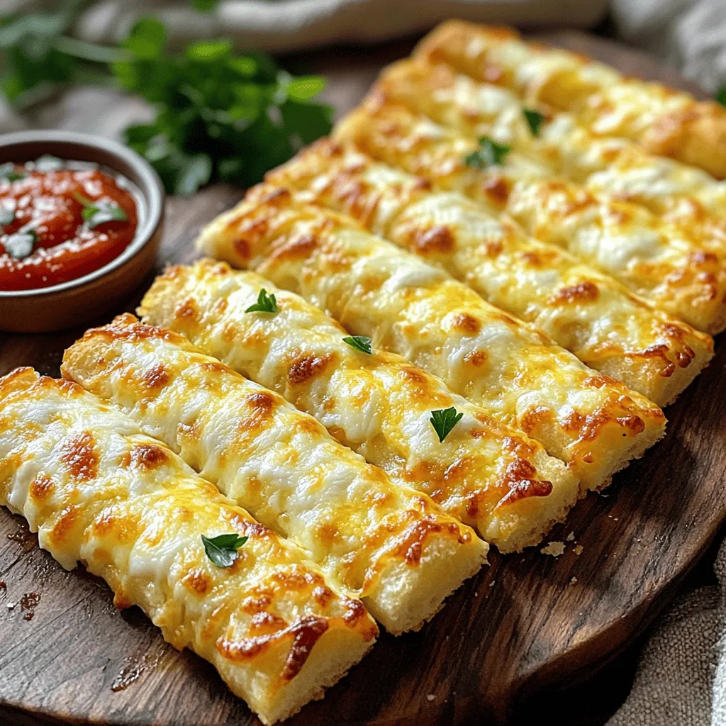 To make these cheese breadsticks, gather the following ingredients: - 2 cups all-purpose flour - 1 tablespoon baking powder - 1 teaspoon garlic powder - ½ teaspoon salt - 3 tablespoons olive oil - 3/4 cup milk (dairy or non-dairy) - 1 cup shredded mozzarella cheese - 1 tablespoon fresh parsley, finely chopped (optional) - ½ teaspoon crushed red pepper flakes (optional, for added heat) - Extra olive oil for brushing - ¼ cup grated Parmesan cheese The base of these breadsticks is simple yet delicious. The flour gives the breadsticks their structure, while baking powder helps them rise. Garlic powder adds a savory touch that pairs well with cheese. For cheese, I love using mozzarella for its meltiness. You can also try cheddar for a sharper taste or gouda for a smoky flavor. Feel free to enhance your breadsticks with these add-ins: - Fresh herbs like rosemary or thyme - Spices such as Italian seasoning or paprika - Gluten-free flour blends like almond flour or coconut flour Adding herbs or spices can bring new layers of flavor to your breadsticks. If you want a bit of heat, crushed red pepper flakes work great. For those needing gluten-free options, using a gluten-free flour blend can help you enjoy these treats without worry. For the full recipe, check out the Cheesy Garlic Bliss Breadsticks! Start by mixing the dry ingredients. In a large bowl, combine the following: - 2 cups all-purpose flour - 1 tablespoon baking powder - 1 teaspoon garlic powder - ½ teaspoon salt Whisk these together until they are well mixed. Look for no lumps in the mix. Next, create a well in the center of your dry mix. Pour in: - 3 tablespoons olive oil - ¾ cup milk Stir this mixture with a spoon or spatula. Stop when a sticky dough forms. Gently fold in 1 cup of shredded mozzarella cheese. If you like, add 1 tablespoon of chopped parsley and ½ teaspoon of crushed red pepper flakes for more flavor. Now it’s time to knead and roll the dough. Lightly flour your work surface. Turn the dough onto it. Knead the dough gently for about 1 minute. Aim for a smooth dough that feels cohesive. Use a rolling pin to roll the dough into a rectangle. Make it about ½ inch thick. With a sharp knife or pizza cutter, cut the dough into strips. Choose the width you prefer. Transfer the strips to your lined baking sheet. Space them about 1 inch apart. This gives them room to rise as they bake. Before baking, brush the tops of each breadstick with extra olive oil. This adds flavor and gives them a nice sheen. Sprinkle ¼ cup of grated Parmesan cheese evenly over the tops. Now, place the baking sheet in your preheated oven at 425°F (220°C). Bake for 12-15 minutes. Look for a golden brown color. Once they are done, remove them from the oven. Let them cool slightly on the baking sheet to enhance the flavor. For the full recipe, check out the earlier section. Enjoy your cheesy breadsticks! To make your cheese breadsticks great, kneading is key. I suggest kneading the dough gently for about one minute. This helps the dough become smooth but not tough. Over-kneading can make them chewy. To get that perfect golden color, brush the tops with olive oil before baking. This step gives them a lovely shine and rich flavor. Bake at 425°F for 12-15 minutes. Keep an eye on them to avoid burning. For dips, marinara sauce is a classic choice. It adds a nice tang to the rich cheese. You could also try creamy garlic butter for a savory twist. When serving, I love to arrange the warm breadsticks in a fanned-out position. This makes them look fancy on the plate. Sprinkle some fresh parsley on top for a pop of color. Enjoy your tasty breadsticks! For the full recipe, check out the Cheesy Garlic Bliss Breadsticks. {{image_4}} You can use many cheese types for your breadsticks. Each cheese brings a unique flavor. Here are some favorites: - Cheddar: This cheese gives a sharp taste. It pairs well with garlic. - Gouda: This cheese is creamy and nutty. It melts beautifully. - Parmesan: This cheese adds a salty kick. Sprinkle it on top for extra flavor. - Mozzarella: This cheese keeps it classic. It melts and stretches, making each bite fun. Choosing the right cheese can change your breadsticks' taste. Mix and match for fun flavors! If you want to make cheese breadsticks fit your diet, here are some ideas: - Vegetarian: All the cheeses listed are vegetarian-friendly. Use plant-based cheese for a dairy-free option. - Gluten-Free: Substitute all-purpose flour with gluten-free flour blends. This keeps the texture light. - Dairy-Free: Use non-dairy milk and cheese. Almond or oat milk works great. For a twist, add spices like paprika or Italian herbs. You can also top with seeds like sesame or poppy for crunch. Experiment to find your favorite mix! To keep your cheese breadsticks fresh, store them in an airtight container. This helps keep moisture in but prevents them from getting soggy. Place a paper towel at the bottom of the container to absorb extra moisture. If you have leftover breadsticks, you can freeze them. Wrap each one in plastic wrap. Then, place them in a freezer bag. This way, they stay fresh for up to three months. When you're ready to enjoy them again, just take out as many as you need. Reheating your cheese breadsticks is easy. The best methods are using an oven or toaster oven. Preheat your oven to 350°F (175°C). Place the breadsticks on a baking sheet for about 5-10 minutes. This keeps them warm and crispy. If you want to avoid sogginess, do not use the microwave. The microwave can make them soft and chewy. To keep them from drying out, cover them in foil while reheating. Enjoy them warm for the best flavor. For the full recipe, check out the detailed instructions. The best cheese for cheese breadsticks is mozzarella. It melts well and gives a nice stretch. Other great options are cheddar and gouda. Cheddar adds sharpness, while gouda offers a sweet, nutty taste. Mixing cheeses can also enhance flavor and texture. Using a blend creates a more complex taste that keeps everyone guessing. Yes, you can make cheese breadsticks ahead of time! Prepare the dough and cut it into strips. Store the strips in an airtight container in the fridge for up to two days. When you're ready to bake, just take them out and let them sit for a few minutes. This way, you save time when guests arrive or during busy weeknights. You can make cheese breadsticks without yeast by using baking powder instead. This helps the breadsticks rise and stay fluffy. Start by mixing your dry ingredients, like flour, baking powder, and salt. Then, add the wet ingredients and cheese. Knead the dough gently and roll it out. This method gives you quick and easy breadsticks without the wait for yeast to rise. Several tasty sauces pair well with cheese breadsticks. Marinara sauce is classic and always a hit. You can also try garlic butter for a rich flavor. To make garlic butter, simply melt butter and mix in minced garlic. For a zesty option, mix sour cream with ranch seasoning. These sauces add a fun twist to every bite. Cheese breadsticks last about three days when stored properly. Keep them in an airtight container at room temperature. If you want to keep them longer, freeze them! Wrap each breadstick in plastic wrap, then place them in a freezer bag. They can last up to three months in the freezer. Just reheat them in the oven for fresh-tasting breadsticks. Cheese breadsticks are simple and fun to make. We covered the key ingredients, how to prep the dough, and tips for baking. I shared variations to suit your taste and dietary needs. Remember, the right cheese and seasoning can elevate your breadsticks. Feel free to try different herbs, dips, and cheeses. Follow the storage advice to keep them fresh for later. Enjoy making these treats. Each bite will be worth it! Keep experimenting to find your perfect version.