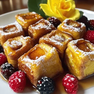 - 1 can refrigerated cinnamon roll dough - 3 large eggs - 1/2 cup milk - 1 teaspoon vanilla extract - 1 teaspoon ground cinnamon - 1 tablespoon brown sugar - 1/4 cup maple syrup (for drizzling) - Powdered sugar (for dusting) - Fresh berries (for garnish, optional) To make these Cinnamon Roll French Toast Bites, you will need simple ingredients. The main star is the cinnamon roll dough. It adds a sweet and soft base. Eggs, milk, and vanilla create a rich custard. Ground cinnamon and brown sugar boost the flavor. Maple syrup brings sweetness, while powdered sugar gives a nice touch. Fresh berries are optional but add color and nutrition. - Nutmeg or cardamom for extra spice - Whipped cream as a topping - Nuts or granola for added crunch If you want to spice things up, nutmeg or cardamom works well. These spices give a warm, cozy taste. You can also add whipped cream on top for a rich finish. For crunch, sprinkle some nuts or granola. Each addition creates a unique flavor and texture. For the full recipe, you can check out the complete instructions. Enjoy making these tasty bites! 1. First, preheat your oven to 375°F (190°C). This helps the bites bake evenly. 2. Next, prepare your baking sheet. Line it with parchment paper. This keeps the bites from sticking. 3. Open the can of cinnamon roll dough. Carefully separate each roll. 4. Use a sharp knife or kitchen scissors. Cut each roll into quarters. This makes bite-sized pieces. 1. In a medium bowl, whisk together the eggs and milk. 2. Add the vanilla extract, ground cinnamon, and brown sugar. Mix well until smooth. 3. Take each piece of cinnamon roll dough. Dip it into the egg mixture. Make sure each piece is fully coated. 1. Arrange the coated pieces on the baking sheet. Give them space to bake evenly. 2. Place the baking sheet in the oven. Bake for about 15-20 minutes. 3. Watch for them to turn golden brown. They should be cooked through. 4. After baking, let the bites cool on the baking sheet for a few minutes. This helps them set before serving. 5. Drizzle warm bites with maple syrup. Dust with powdered sugar for sweetness. 6. For a fresh touch, add berries as a garnish. They make your dish colorful and tasty. [Full Recipe] To get the best results with your Cinnamon Roll French Toast Bites, focus on two key factors: baking time and temperature. Bake them at 375°F (190°C) for 15 to 20 minutes. Check for a golden brown color. This ensures they cook evenly and don’t get dry. To avoid soggy bites, don't soak the dough too long in the egg mixture. Just dip each piece quickly. You want a nice coating, not a soggy mess. This little tip helps keep the bites fluffy and soft. When serving, think about how to make the dish pop. Use a fun, colorful platter. Arrange the bites neatly and sprinkle fresh berries around them. This adds color and makes the dish more inviting. For beverages, pair these bites with a hot cup of coffee or a sweet tea. A glass of cold milk also works great. These drinks complement the sweet flavors and add a cozy touch. To take your bites to the next level, try flavored syrups. Instead of just maple syrup, use vanilla or caramel syrup for extra sweetness. Drizzle it generously over the warm bites for a delightful finish. Don't shy away from experimenting with spices. Add a pinch of nutmeg or cardamom to the egg mixture for a unique twist. These spices add warmth and depth to the flavor, making each bite exciting. {{image_4}} You can switch up the flavors to make your Cinnamon Roll French Toast Bites even better. Here are two fun ideas: - Chocolate chip cinnamon roll bites: Add chocolate chips to the dough before baking. This makes the bites rich and sweet. - Pumpkin spice version for autumn: Mix in pumpkin puree and pumpkin spice to the egg mixture. This adds warmth and makes it perfect for fall. Want to make these bites fit your diet? Here are some easy swaps: - Gluten-free cinnamon roll options: Use gluten-free cinnamon roll dough. Many brands offer tasty versions that work well. - Dairy-free substitutions for milk and eggs: Try almond milk or oat milk in place of regular milk. You can also use flax eggs instead of regular eggs. You can change how you serve these bites, making them even more fun: - Mini muffins instead of bites: Pour the egg-coated dough into a muffin tin. This creates adorable mini muffins everyone will love. - Skewered for fun finger food presentation: Thread the baked bites onto skewers. This makes for an easy and fun way to eat them at parties. For the full recipe, be sure to check out the details above! To keep your cinnamon roll French toast bites fresh, store them in an airtight container. Place parchment paper between layers to prevent sticking. You can refrigerate them for up to three days. If you want to save them longer, freeze the bites. Just make sure they cool completely before freezing. Use a freezer-safe bag or container for best results. When you're ready to enjoy your leftover bites, reheat them in the oven. Preheat the oven to 350°F (175°C) and place the bites on a baking sheet. Warm them for about 10 minutes. This method keeps their crispy texture. You can also reheat them in the microwave for about 30 seconds, but they may get soft. For the best taste, drizzle a little maple syrup on top before reheating. These delightful bites stay fresh for about three days in the fridge. In the freezer, they can last for up to three months. Be on the lookout for signs of spoilage. If they smell sour or have a strange color, it’s best to toss them. Always trust your nose and eyes when it comes to food safety. Can I make these bites ahead of time? Yes, you can prepare these bites in advance. Mix the egg mixture and cut the cinnamon roll dough. Store them in the fridge. When you're ready, just dip and bake! What can I use instead of cinnamon rolls? You can use biscuit dough or puff pastry. Both options work well and give a nice flavor. You can even try croissants for a richer taste. Why are my bites not cooking evenly? If your bites are uneven, check your oven temperature. An oven thermometer can help. Also, make sure to space the bites well on the baking sheet. This helps them bake evenly. How to fix a runny egg mixture? If your egg mixture is too runny, add another egg or a bit more milk. This will help thicken it up. Whisk well to combine all the ingredients before dipping. Can I use eggs substitutes? Yes, you can use flaxseed meal or applesauce. For each egg, use 1 tablespoon of flaxseed mixed with 2.5 tablespoons of water or 1/4 cup of applesauce. What’s a good alternative to maple syrup? Honey or agave syrup works great as a substitute. You can also use a fruit sauce for a fresh twist. This blog post covered how to make delicious cinnamon roll French toast bites. You learned the key ingredients, preparation steps, and baking tips. Remember, you can enhance this treat with spices or toppings. Variations are fun, too, allowing you to customize flavors or even adjust for diets. Store leftovers properly to enjoy later. Now, get in the kitchen, have fun, and create your own tasty bites!