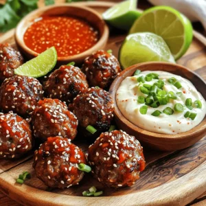 - 1 lb ground beef (or pork) - 1/4 cup breadcrumbs - 2 green onions, finely chopped - 2 cloves garlic, minced - 2 tablespoons soy sauce - 1/2 cup mayonnaise - 1 tablespoon gochujang - 1 tablespoon lime juice - 1 teaspoon sriracha - Sesame seeds - Additional chopped green onions Korean BBQ meatballs are flavorful and easy to make. The mix of beef and spices gives them a special taste. You can use ground beef or pork, depending on your choice. The breadcrumbs help keep the meatballs tender and juicy. For the spicy mayo dip, mayonnaise is the base. Gochujang adds heat, while lime juice gives it a fresh taste. Sriracha can be added for extra spice if you like it hot. Garnishing with sesame seeds and green onions makes the dish look great. It also adds texture and flavor. These simple ingredients come together to create a dish that is both delicious and fun to eat. You can find the full recipe in the earlier sections for step-by-step guidance on making this dish. Set your oven to 400°F (200°C). This step warms the oven for even cooking. Line a baking sheet with parchment paper to stop the meatballs from sticking. In a large bowl, mix ground meat, breadcrumbs, green onions, garlic, and ginger. Add soy sauce, sesame oil, brown sugar, gochujang, black pepper, and the beaten egg. Use your hands or a spoon to combine everything well. This mix is the base for your tasty meatballs. With damp hands, grab a small amount of the meat mixture. Roll it into a ball about 1 inch wide. Place the meatballs on your prepared baking sheet, leaving space between each one. This helps them cook evenly. Put the baking sheet in the oven. Bake the meatballs for 15 to 20 minutes. They should turn brown and reach an internal temperature of 160°F (70°C). Checking the temperature ensures they are safe to eat. While the meatballs bake, whisk together mayonnaise, gochujang, lime juice, and sriracha in a small bowl. Mix until smooth and creamy. Taste it and add a pinch of salt if needed. This dip adds a spicy kick to your meatballs. Once the meatballs are ready, take them out of the oven. Sprinkle sesame seeds over them for a nice touch. Let them cool a bit before serving. Place the warm meatballs on a platter with the spicy mayo dip in the center. Enjoy your meal! For the full recipe, check the details above. To keep your meatballs juicy, start with fresh, high-quality ground meat. You can use beef, pork, or a mix for extra flavor. When mixing, don’t overwork the meat. Overmixing can make them tough. Instead, gently combine your ingredients until just mixed. Adding breadcrumbs will help too, as they soak up moisture. If you want to change the spice, gochujang is key. Start with a little, then taste. You can add more if you like heat. For the spicy mayo, try different amounts of sriracha. If the dip is too spicy, add more mayo to cool it down. Remember, you control the spice! For a fun presentation, serve your meatballs on a wooden platter. Line it with fresh greens for color. Place a small bowl of spicy mayo in the middle for dipping. You can add extra chopped green onions on top of the meatballs. It makes them look great and adds flavor. For sides, try rice or a fresh salad to balance the meal. For the full recipe, check out the details above! {{image_4}} You can switch the meat to chicken or turkey. These lighter meats work great too. Just use the same recipe. Chicken or turkey will give you a different taste. They’re also lower in fat. Remember to cook them until they reach 165°F (74°C). This keeps them safe to eat. Want to make meatballs without meat? You can use plant-based products. Ingredients like lentils or chickpeas make great meatballs. Mash them up and mix in breadcrumbs and spices. You can follow the same steps in the full recipe. This way, everyone can enjoy the dish, even if they don’t eat meat. You can add more flavors to your meatballs. Try mixing in chopped cilantro or lime zest. These ingredients will give your meatballs a fresh taste. You can also use garlic powder or onion powder for extra flavor. Feel free to experiment! The more you try, the more you will love your BBQ meatballs. To store leftover meatballs and dip, let them cool first. Place the meatballs in an airtight container. Add the spicy mayo dip in a separate container. Keep them in the fridge for up to three days. This will help keep their flavors fresh and tasty. For freezing, arrange the meatballs on a baking sheet. Make sure they do not touch each other. Freeze them for about two hours. Once frozen, transfer them to a zip-top bag. Remove as much air as possible. You can freeze the meatballs for up to three months. The dip does not freeze well, so it's best to make it fresh. To reheat meatballs, preheat your oven to 350°F (175°C). Place the meatballs on a baking sheet. Cover them lightly with foil to keep them moist. Bake for about 10-15 minutes until heated through. You can also microwave them for 1-2 minutes, but this may make them less crispy. Enjoy your delicious leftovers just like the first time! Yes, you can use store-bought meatballs. They save time and effort. However, homemade meatballs taste fresher and let you control flavors. Store-bought options may lack the rich taste of homemade ones. You miss out on the fun of mixing ingredients and forming meatballs yourself. Still, if you are in a hurry, go with store-bought. Just remember to pair them with the spicy mayo dip for a kick. Gochujang is a Korean chili paste. It has a rich, spicy, and slightly sweet flavor. You can find it in most grocery stores, especially in the Asian aisle. Local Asian markets often have many brands and sizes. If you can’t find it, you can order it online. Gochujang is key to making these meatballs flavorful and gives the dip its zest. To reduce spice, use less gochujang in the meatballs and dip. You can also mix in some plain mayonnaise to the dip. If you want, add honey to balance the heat. Another option is to use sour cream instead of mayonnaise for a milder flavor. This way, you can enjoy the dish without too much heat. Korean BBQ meatballs pair well with many sides. You could serve them with rice or noodles for a full meal. Fresh veggies like cucumber or carrots add a nice crunch. Try kimchi for a traditional touch. You can also serve a simple salad to balance the richness. These sides will enhance your dining experience and make the meal complete. For the full recipe, check out the detailed instructions above. You learned how to make Korean BBQ meatballs and a tasty spicy mayo dip. We covered the main ingredients, step-by-step instructions, tips for juicy meatballs, and variations for different diets. Remember, you can adjust spice levels and try new flavors like cilantro. Don’t hesitate to store leftovers safely or change up your serving ideas. These meatballs can impress at any gathering or brighten your weeknight meal. Enjoy the process and share your tasty creations! Happy cooking!