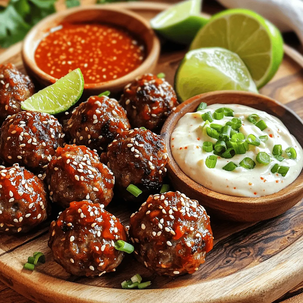 - 1 lb ground beef (or pork) - 1/4 cup breadcrumbs - 2 green onions, finely chopped - 2 cloves garlic, minced - 2 tablespoons soy sauce - 1/2 cup mayonnaise - 1 tablespoon gochujang - 1 tablespoon lime juice - 1 teaspoon sriracha - Sesame seeds - Additional chopped green onions Korean BBQ meatballs are flavorful and easy to make. The mix of beef and spices gives them a special taste. You can use ground beef or pork, depending on your choice. The breadcrumbs help keep the meatballs tender and juicy. For the spicy mayo dip, mayonnaise is the base. Gochujang adds heat, while lime juice gives it a fresh taste. Sriracha can be added for extra spice if you like it hot. Garnishing with sesame seeds and green onions makes the dish look great. It also adds texture and flavor. These simple ingredients come together to create a dish that is both delicious and fun to eat. You can find the full recipe in the earlier sections for step-by-step guidance on making this dish. Set your oven to 400°F (200°C). This step warms the oven for even cooking. Line a baking sheet with parchment paper to stop the meatballs from sticking. In a large bowl, mix ground meat, breadcrumbs, green onions, garlic, and ginger. Add soy sauce, sesame oil, brown sugar, gochujang, black pepper, and the beaten egg. Use your hands or a spoon to combine everything well. This mix is the base for your tasty meatballs. With damp hands, grab a small amount of the meat mixture. Roll it into a ball about 1 inch wide. Place the meatballs on your prepared baking sheet, leaving space between each one. This helps them cook evenly. Put the baking sheet in the oven. Bake the meatballs for 15 to 20 minutes. They should turn brown and reach an internal temperature of 160°F (70°C). Checking the temperature ensures they are safe to eat. While the meatballs bake, whisk together mayonnaise, gochujang, lime juice, and sriracha in a small bowl. Mix until smooth and creamy. Taste it and add a pinch of salt if needed. This dip adds a spicy kick to your meatballs. Once the meatballs are ready, take them out of the oven. Sprinkle sesame seeds over them for a nice touch. Let them cool a bit before serving. Place the warm meatballs on a platter with the spicy mayo dip in the center. Enjoy your meal! For the full recipe, check the details above. To keep your meatballs juicy, start with fresh, high-quality ground meat. You can use beef, pork, or a mix for extra flavor. When mixing, don’t overwork the meat. Overmixing can make them tough. Instead, gently combine your ingredients until just mixed. Adding breadcrumbs will help too, as they soak up moisture. If you want to change the spice, gochujang is key. Start with a little, then taste. You can add more if you like heat. For the spicy mayo, try different amounts of sriracha. If the dip is too spicy, add more mayo to cool it down. Remember, you control the spice! For a fun presentation, serve your meatballs on a wooden platter. Line it with fresh greens for color. Place a small bowl of spicy mayo in the middle for dipping. You can add extra chopped green onions on top of the meatballs. It makes them look great and adds flavor. For sides, try rice or a fresh salad to balance the meal. For the full recipe, check out the details above! {{image_4}} You can switch the meat to chicken or turkey. These lighter meats work great too. Just use the same recipe. Chicken or turkey will give you a different taste. They’re also lower in fat. Remember to cook them until they reach 165°F (74°C). This keeps them safe to eat. Want to make meatballs without meat? You can use plant-based products. Ingredients like lentils or chickpeas make great meatballs. Mash them up and mix in breadcrumbs and spices. You can follow the same steps in the full recipe. This way, everyone can enjoy the dish, even if they don’t eat meat. You can add more flavors to your meatballs. Try mixing in chopped cilantro or lime zest. These ingredients will give your meatballs a fresh taste. You can also use garlic powder or onion powder for extra flavor. Feel free to experiment! The more you try, the more you will love your BBQ meatballs. To store leftover meatballs and dip, let them cool first. Place the meatballs in an airtight container. Add the spicy mayo dip in a separate container. Keep them in the fridge for up to three days. This will help keep their flavors fresh and tasty. For freezing, arrange the meatballs on a baking sheet. Make sure they do not touch each other. Freeze them for about two hours. Once frozen, transfer them to a zip-top bag. Remove as much air as possible. You can freeze the meatballs for up to three months. The dip does not freeze well, so it's best to make it fresh. To reheat meatballs, preheat your oven to 350°F (175°C). Place the meatballs on a baking sheet. Cover them lightly with foil to keep them moist. Bake for about 10-15 minutes until heated through. You can also microwave them for 1-2 minutes, but this may make them less crispy. Enjoy your delicious leftovers just like the first time! Yes, you can use store-bought meatballs. They save time and effort. However, homemade meatballs taste fresher and let you control flavors. Store-bought options may lack the rich taste of homemade ones. You miss out on the fun of mixing ingredients and forming meatballs yourself. Still, if you are in a hurry, go with store-bought. Just remember to pair them with the spicy mayo dip for a kick. Gochujang is a Korean chili paste. It has a rich, spicy, and slightly sweet flavor. You can find it in most grocery stores, especially in the Asian aisle. Local Asian markets often have many brands and sizes. If you can’t find it, you can order it online. Gochujang is key to making these meatballs flavorful and gives the dip its zest. To reduce spice, use less gochujang in the meatballs and dip. You can also mix in some plain mayonnaise to the dip. If you want, add honey to balance the heat. Another option is to use sour cream instead of mayonnaise for a milder flavor. This way, you can enjoy the dish without too much heat. Korean BBQ meatballs pair well with many sides. You could serve them with rice or noodles for a full meal. Fresh veggies like cucumber or carrots add a nice crunch. Try kimchi for a traditional touch. You can also serve a simple salad to balance the richness. These sides will enhance your dining experience and make the meal complete. For the full recipe, check out the detailed instructions above. You learned how to make Korean BBQ meatballs and a tasty spicy mayo dip. We covered the main ingredients, step-by-step instructions, tips for juicy meatballs, and variations for different diets. Remember, you can adjust spice levels and try new flavors like cilantro. Don’t hesitate to store leftovers safely or change up your serving ideas. These meatballs can impress at any gathering or brighten your weeknight meal. Enjoy the process and share your tasty creations! Happy cooking!