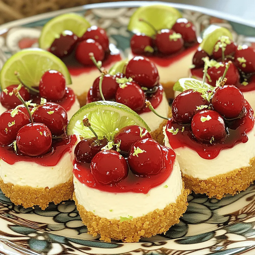 - 1 cup crushed graham crackers - 1/4 cup unsalted butter, melted - 2 tablespoons granulated sugar - 8 oz cream cheese, softened to room temperature - 1/2 cup granulated sugar - 1/4 cup sour cream - 2 large eggs, at room temperature - Zest of 1 lime - 2 tablespoons fresh lime juice - 1 cup cherry pie filling (canned or homemade) - Fresh cherries and lime slices for garnish (optional) When I bake, I trust certain brands for the best taste. For graham crackers, I recommend Honey Maid. They offer a great crunch and flavor. For cream cheese, Philadelphia is my go-to. It blends smoothly and tastes rich. For cherries, I like Libby’s cherry pie filling. It’s sweet and ready to use. If you need swaps, I have options. For a gluten-free version, use gluten-free graham crackers. If you avoid dairy, try a dairy-free cream cheese like Tofutti or Kite Hill. For a lower sugar option, you can use a sugar substitute, like stevia, in place of granulated sugar. Each option keeps the flavor while meeting your needs. For the full recipe, check out the complete instructions above. First, set your oven to 325°F (163°C) to preheat. This step is crucial. A preheated oven helps the cheesecakes bake evenly. In a medium bowl, mix 1 cup of crushed graham crackers, 1/4 cup of melted butter, and 2 tablespoons of sugar. Stir until it looks like wet sand. Next, line a muffin tin with cupcake liners. Take about 1 tablespoon of this mixture. Press it into the bottom of each liner. Make sure it is packed tightly. Bake the crusts for 5-7 minutes, until golden. Let them cool. In a large bowl, beat 8 oz of softened cream cheese with 1/2 cup of sugar. Mix until smooth and creamy. Add in 1/4 cup of sour cream. Beat in 2 large eggs one at a time. After each egg, mix well. Add the zest of 1 lime and 2 tablespoons of fresh lime juice. Mix until fully combined but don’t overmix. Now, pour the cheesecake filling into each cooled crust. Fill them about 3/4 full. This space lets them rise. Place the muffin tin back in the oven. Bake for 18-20 minutes. The edges should look set, while the centers stay slightly jiggly. Once done, remove them and let cool for about 30 minutes at room temperature. Then, transfer them to the refrigerator. Chill for at least 2 hours to set. After chilling, it’s time for the cherry topping. Spoon cherry pie filling generously over each mini cheesecake. For a nice touch, you can add fresh cherries and a slice of lime on top. This makes them look even more inviting. For the full recipe, you can refer to [Full Recipe]. One mistake is overmixing the batter. This can make the cheesecake too dense. Mix just until smooth. Another mistake is not cooling the cheesecakes properly. Let them cool at room temp before chilling. This helps set the texture just right. Finally, fill each crust only three-quarters full. This allows the cheesecakes to rise without spilling over. To get that creamy texture, use room-temperature cream cheese. Cold cream cheese can create lumps. Beat the cream cheese well until smooth before adding other ingredients. Add the eggs one at a time. This helps blend them well without overmixing. When baking, check for slight jiggle in the center. This signals they are done but still soft. For a beautiful display, use a decorative platter. Place the mini cheesecakes neatly, leaving space between them. Top with cherry filling just before serving. Add fresh cherries and lime slices for color. A sprig of mint can add a nice touch too. For extra flair, sprinkle lime zest on top. This makes the dessert look as good as it tastes. For the full recipe, check the section above. {{image_4}} You can switch up the flavor of these mini cheesecakes easily. Try strawberry lime for a fresh twist. Swap the cherry filling for strawberry filling. Use the same amount, and enjoy the fruity taste. Lemon blueberry is another fun option. Replace the lime juice with lemon juice. Add fresh blueberries to the filling for a burst of flavor. If you need a gluten-free treat, it's simple. Use gluten-free graham cracker crumbs for the crust. Check the label to ensure they are certified gluten-free. The rest of the ingredients are naturally gluten-free. So, you can enjoy these mini cheesecakes without worry. For a dairy-free version, use dairy-free cream cheese. Brands like Tofutti or Kite Hill work well. Substitute sour cream with coconut cream for a rich taste. You can use almond milk instead of regular milk in the filling. These swaps keep the flavor while meeting your dietary needs. Try these variations to keep your mini cheesecakes exciting and delicious! For the full recipe, check the details above. To store leftover mini cheesecakes, place them in an airtight container. Keep them in the fridge for up to five days. Make sure each mini cheesecake is covered to prevent drying out. If you have leftovers, enjoy them chilled for a creamy treat. You can freeze these mini cheesecakes for later. First, let them cool completely. Then, wrap each one in plastic wrap. Place them in a freezer-safe bag or container. They can last up to three months in the freezer. When ready to enjoy, thaw them in the fridge overnight. If you prefer warm cheesecake, reheat them gently. Place the cheesecakes on a microwave-safe plate. Heat them for about 10-15 seconds. Check to ensure they do not get too warm. Enjoy them warm, or top with cherry filling for a sweet treat. For the full recipe, refer back to the recipe section. Yes, you can make these mini cheesecakes ahead of time. They hold up well in the fridge. Just bake and chill them a day before your event. This gives the flavors time to meld. When you're ready, add the cherry topping right before serving. It will taste fresh and delicious. If you want to switch things up, you have options! You can use fresh cherries, blueberries, or strawberries. You can also make a quick fruit compote. Just cook your fruit with a bit of sugar and lemon juice until soft. This adds a lovely twist to your mini cheesecakes. Check for a slight jiggle in the middle of the cheesecakes. The edges should look set while the center remains soft. They will continue to firm up as they cool. If you're unsure, you can insert a toothpick into the edge. If it comes out clean, they are ready! For the full recipe, check the details above and enjoy making these Cherry Lime Mini Cheesecakes! In this blog post, we explored how to make delicious mini cheesecakes. We covered the key ingredients and brands to use, plus substitutions for dietary needs. You learned step-by-step instructions, helpful tips, and tasty variations. I shared how to store leftovers and answered common questions. Now you have all the tools to bake perfect mini cheesecakes. Enjoy experimenting with flavors and sharing them with loved ones. Your cheesecake journey starts here, so get baking!