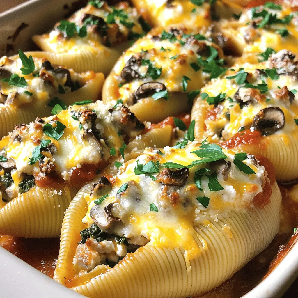 Let's gather everything we need for these creamy garlic mushroom stuffed shells. Here's the list of ingredients: - 20 large jumbo pasta shells - 2 cups fresh mushrooms (button and cremini) - 1 tablespoon olive oil - 4 cloves garlic, minced - 1 cup ricotta cheese - 1 cup shredded mozzarella cheese, divided - 1/2 cup grated Parmesan cheese - 1/4 cup fresh parsley, finely chopped - 1 cup spinach, wilted and roughly chopped - 1 teaspoon dried Italian herbs (oregano, basil, thyme) - Salt and freshly ground black pepper to taste - 2 cups marinara sauce Each ingredient plays a key role in creating the rich flavors and creamy texture of the dish. The jumbo shells serve as a perfect vessel for the filling. The mix of button and cremini mushrooms adds depth. Garlic brings a bold taste that pairs well with the creamy cheeses. Ricotta and mozzarella create a rich and smooth filling. Fresh parsley and spinach add brightness and color. The dried herbs enhance the overall flavor profile, while the marinara sauce adds a lovely tang that ties it all together. This combination of ingredients makes the creamy garlic mushroom stuffed shells a delightful dish. For further preparation steps, check the Full Recipe. - Cook jumbo pasta shells until al dente. - Drain and set aside to cool. - Warm olive oil in a skillet. - Sauté mushrooms for 5 minutes. - Add minced garlic and sauté for 1 additional minute. - Combine the sautéed mixture with cheeses and herbs. - Season with salt and pepper. - Mix thoroughly until well combined. - Fill each shell with the creamy mushroom mixture. - Arrange in a greased baking dish. - Pour marinara sauce over the stuffed shells. - Sprinkle with remaining mozzarella. - Cover with foil and bake for 20 minutes. - Remove foil and bake for an additional 10-15 minutes. This recipe is easy to follow. I love how the flavors blend and create magic! Check out the Full Recipe for all the details you need. If you want to make this dish vegan, swap the cheese. Use vegan ricotta and vegan mozzarella. You can find these at most grocery stores. They melt well and taste great. For mushrooms, try different kinds. Shiitake or portobello will add unique flavors. Mix them with the button and cremini for a fun twist. When cooking pasta shells, follow these tips. Boil them in salted water for the best flavor. Make sure to cook them al dente. This helps them hold up when stuffed. After draining, rinse them with cold water. This stops the cooking. For sautéing, always use medium heat. This keeps the garlic from burning. Stir often to keep the flavors bright. To make your dish even better, add herbs and spices. Fresh basil or thyme can boost the taste. A pinch of red pepper flakes adds a nice kick. If you want a twist, try different sauces. A creamy Alfredo sauce works well. You can also add a touch of pesto for an herby note. Experiment and find your favorite flavors! For the full recipe, click here: [Full Recipe]. {{image_4}} You can make these stuffed shells even heartier. Adding cooked chicken or sausage boosts flavor and protein. Shredded rotisserie chicken works well. You can also use spicy Italian sausage for a kick. Ground turkey or beef is another great choice. Brown the meat first, then mix it with the mushroom filling. Cheese makes this dish rich and creamy. While ricotta, mozzarella, and Parmesan are classic, you can explore other options. Try goat cheese for a tangy twist. Aged cheddar adds depth, while creamy feta can enhance flavor. Mixing different cheeses can balance the taste, too. Combine mozzarella with a sharp cheese for a delightful contrast. Feel free to get creative with veggies! Bell peppers or zucchini can enhance the filling. Chop them finely and sauté with the mushrooms. You can also add other greens apart from spinach. Kale or Swiss chard works well. Just make sure to wilt them first for the best texture. For the full recipe, check out the Creamy Garlic Mushroom Stuffed Shells 🧄. To keep your Creamy Garlic Mushroom Stuffed Shells fresh, let them cool first. Place leftovers in an airtight container. This helps keep the flavors intact. You can store them in the fridge for up to three days. I recommend using glass or BPA-free plastic containers for best results. When you’re ready to enjoy your leftovers, the best way to reheat them is in the oven. Preheat the oven to 350°F (175°C). Cover the dish with aluminum foil to keep moisture in. This helps the cheese stay creamy and the pasta soft. Heat for about 20 minutes, or until warmed through. You can also microwave them, but the oven gives better flavor. To freeze your stuffed shells, let them cool completely. Arrange the shells in a single layer on a baking sheet. Freeze them for about an hour until solid. Then, transfer the shells to a freezer-safe container or a zip-top bag. Make sure to remove as much air as possible to avoid freezer burn. They can last up to three months in the freezer. When you’re ready to eat, thaw them overnight in the fridge. Bake from frozen at 375°F (190°C) for about 35-40 minutes. Enjoy the deliciousness anytime! For the full recipe, check out the entire process. It takes about 20 minutes to prep and 30 minutes to cook. You will spend 50 minutes in total to make this dish. Yes, you can make these stuffed shells ahead of time. Prepare the filling and stuff the shells. Then, cover and refrigerate them up to a day before baking. These stuffed shells pair well with a simple green salad or garlic bread. You can also serve them with steamed broccoli or a fresh vegetable medley for balance. Yes, this recipe is great for meal prep. You can batch cook and store the shells in the fridge. Just reheat in the oven before serving. This blog post covered how to make Creamy Garlic Mushroom Stuffed Shells. We went through the ingredients you need, from jumbo pasta shells to fresh herbs. I shared step-by-step instructions, including cooking techniques and filling variations. You can swap ingredients, add proteins, or choose different cheeses for new flavors. Storing and reheating your leftovers was also discussed. I hope this guide inspires you to try making this tasty dish at home! Enjoy your cooking!