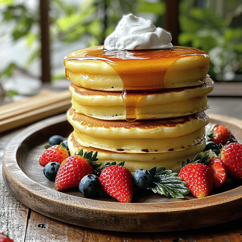 To make these tasty pancakes, you need just a few key items: - 2 large eggs, separated - 2 tablespoons granulated sugar - 1 tablespoon whole milk - 1 teaspoon pure vanilla extract These ingredients form the heart of the batter. The eggs provide structure and airiness. The sugar adds sweetness, while milk and vanilla bring flavor. Next, we need some dry ingredients to build the pancake's base: - 1/4 cup all-purpose flour - 1/4 teaspoon baking powder - A pinch of salt All-purpose flour gives the pancakes their shape. Baking powder helps them rise. The salt enhances all the flavors in your pancakes. Once your pancakes are fluffy and golden, you can dress them up: - Butter for cooking - Maple syrup - Whipped cream - Fresh fruits like strawberries, blueberries, or kiwi These toppings make your pancakes even more delicious and fun to eat. You can mix and match to find your favorite flavor combinations. For the full recipe, check out the details above. First, grab a clean mixing bowl. Use an electric mixer to whisk the egg whites. Keep whisking until soft peaks form. This usually takes about 2-3 minutes. Next, slowly add 1 tablespoon of the granulated sugar. Continue to whisk until the mixture reaches stiff peaks. Be gentle and avoid deflating the egg whites. This step is key to making the pancakes fluffy. In another bowl, whisk the egg yolks and the remaining sugar together. Keep whisking until the mixture becomes thick and pale. This can take about 2 minutes. Now, add in the milk and vanilla extract. Stir until everything is well combined. This mixture will add rich flavor to your pancakes. Now, sift the all-purpose flour and baking powder over the egg yolk mixture. Use a spatula to fold the dry ingredients in gently. Be careful not to overmix; it’s okay if some lumps remain. This gentle folding keeps the batter light and airy. Now, it’s time to add the egg whites. Preheat a non-stick skillet over low heat. Add a small pat of butter and let it melt. Place a round mold in the center of the skillet. Pour half of the pancake batter into the mold, filling it halfway. Cover the skillet with a lid. This helps the pancakes cook evenly and become fluffy. Cook for 4-5 minutes, then flip and cook for another 4-5 minutes. The pancakes should be golden brown and puffed up. Repeat this process for the rest of the batter. Once cooked, stack the pancakes on a warm plate. Drizzle with maple syrup, add whipped cream, and top with fresh fruits. Enjoy your Fluffy Japanese Souffle Pancakes! For the complete recipe, check out the Full Recipe section. To make your pancakes fluffy, egg whites are key. When you whip the egg whites, they trap air. This air makes the pancakes rise. Use a clean bowl to ensure the best results. Fold the egg whites into the yolk mixture gently. Don't stir too hard; you want to keep that air inside. Cooking temperature is also important. Use low heat to cook the pancakes. This helps them rise slowly and stay soft. If the heat is too high, the outside may burn before the inside cooks. A lid over the skillet traps steam, making them fluffier. The right tools make a big difference. Use a non-stick skillet for easy flipping. A small round mold, like a cookie cutter, helps shape the pancakes. This keeps them thick and fluffy. For whisking egg whites, an electric mixer is best. It saves time and gives you stiff peaks. If you don’t have one, a hand whisk works too, but it takes longer. A spatula is perfect for folding in the egg whites. To make your dish look great, stack the pancakes high. Place them on a warm plate. For color, add fresh fruits around the stack. Strawberries, blueberries, and kiwi make it pop. Drizzle maple syrup on top for shine. A dollop of whipped cream adds texture. For an extra touch, add a sprig of mint on top. This not only looks nice but adds a fresh flavor. For more ideas, check out the Full Recipe. {{image_4}} You can easily change the taste of your fluffy pancakes. Adding flavors can make them unique and exciting. Try adding matcha powder for a lovely green tea flavor. Mix in about 1-2 teaspoons with the flour. For a sweet twist, add chocolate chips. Fold in a handful before cooking. You can also use spices like cinnamon or nutmeg. A few drops of almond or lemon extract can also add a nice hint of flavor. This way, you can enjoy a new taste with each batch! The way you serve these pancakes can make breakfast even better. Drizzle maple syrup on top for sweetness. Fresh fruits like strawberries, blueberries, and kiwi add color and taste. You can also add a scoop of ice cream on the side for a special treat. If you have leftovers, use them in a fun way. Try making a pancake sandwich with nut butter and sliced bananas. You can also layer them with yogurt and berries for a tasty parfait. If you need to eat gluten-free, you can still enjoy these pancakes. Use almond flour or coconut flour instead of regular flour. These options can help keep the pancakes fluffy. When using almond flour, add a bit more liquid to your batter. For coconut flour, use less flour since it absorbs more liquid. Always check your baking powder to ensure it is gluten-free too. By making these simple swaps, you can enjoy fluffy pancakes that fit your diet! To keep your fluffy Japanese souffle pancakes fresh, store them properly. Place leftover pancakes in an airtight container. You can stack them with parchment paper between layers to avoid sticking. Refrigerate them for up to three days. For longer storage, freeze pancakes. First, cool them completely. Then, wrap each pancake in plastic wrap. Place the wrapped pancakes in a freezer-safe bag. They can last up to two months in the freezer. When reheating, keep your pancakes fluffy. The best method is to use a skillet. Heat the skillet over low heat. Add a small pat of butter to prevent sticking. Place the pancakes in the skillet and cover with a lid. Heat for about two to three minutes on each side. This keeps them soft and fluffy. You can also use a microwave. Place a pancake on a plate and cover it with a damp paper towel. Microwave for about 20-30 seconds. Check to see if it’s warm enough. If not, heat in short bursts. Serve the pancakes right after reheating for the best taste. For serving, drizzle with maple syrup and add fresh fruits or whipped cream. This adds beauty and flavor to your dish. Enjoy your fluffy pancakes! Fluffy Japanese Souffle Pancakes stay fresh for about 1-2 days in the fridge. Store them in an airtight container. If you want to keep them longer, freeze them. They can last up to a month in the freezer. Just wrap each pancake in plastic wrap before placing them in a freezer bag. This helps prevent freezer burn. Yes, you can make these pancakes in advance. You can prepare the batter and cook the pancakes later. Just keep the batter in the fridge for up to 24 hours. When ready, cook them fresh for the best texture. If you cook them ahead, store the pancakes in the fridge. Reheat them gently to keep them fluffy. Souffle pancakes differ mainly in texture and cooking method. They use whipped egg whites, which make them light and airy. Regular pancakes are denser and do not require this step. The cooking process is also different. Souffle pancakes cook slowly, often covered, to create steam that helps them rise. This results in a soft, cloud-like pancake that melts in your mouth. In this blog post, we explored the key ingredients and techniques for making fluffy Japanese souffle pancakes. You learned about essential items, step-by-step instructions, and useful tips. We also discussed variations and storage options to keep your pancakes fresh. With these insights, I hope you feel inspired to create your own dreamy pancakes. Enjoy your cooking and share your delicious results!