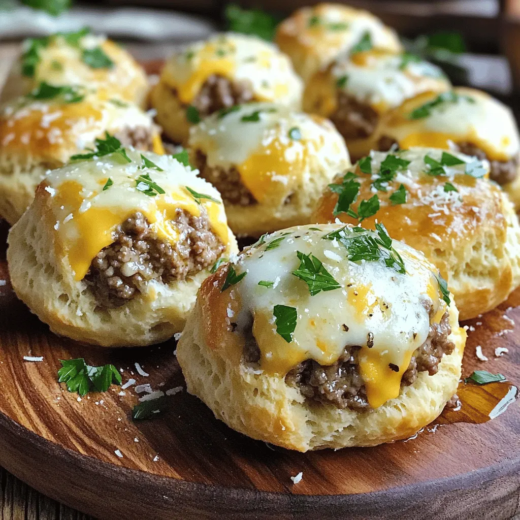 - 1 lb ground beef - 1 cup shredded sharp cheddar cheese - 1 cup shredded mozzarella cheese - 1 tablespoon garlic powder - 1 teaspoon onion powder - 1 teaspoon salt - 1 teaspoon black pepper - 1 can (16 oz) refrigerated biscuit dough - 1/2 cup grated parmesan cheese - 2 tablespoons fresh parsley, chopped (for garnish) - 1 tablespoon olive oil The ingredients are key to making these Garlic Parmesan Cheeseburger Bombs delicious. You want to start with fresh ground beef. It gives a rich flavor and juicy texture. I recommend sharp cheddar and mozzarella cheese for that gooey, melty goodness. For the seasonings, garlic powder adds a strong kick. Onion powder enhances the taste without being too sharp. Salt and black pepper bring out the flavors of the beef and cheese. Every bite should be packed with flavor. The biscuit dough is the outer layer that holds everything together. It’s soft and flaky, making it perfect for these bombs. Grated parmesan on top adds a nice crust as it bakes. Fresh parsley is your finishing touch. It brings color and a hint of freshness. For the full recipe, you can check the earlier section. It lists the steps to bring all these great ingredients together. Enjoy creating this tasty treat! - Preheat oven to 375°F (190°C). - Mix ground beef, sharp cheddar, mozzarella, garlic powder, onion powder, salt, and black pepper in a bowl. Start by turning on your oven. This step is key for the best cooking results. Then, in a large mixing bowl, combine all your ingredients. I like to use my hands to mix everything well. This ensures the meat is evenly coated with the spices and cheese. - Separate and flatten biscuit dough circles. - Fill each circle with the cheeseburger mixture. Next, open the can of biscuit dough. Carefully pull apart each biscuit. Place them on a clean surface. Use your hands or a rolling pin to flatten each biscuit into a circle about 4 inches wide. After that, scoop a generous tablespoon of the cheeseburger mix into the center of each circle. - Sear stuffed biscuit balls in heated olive oil. - Bake in the oven for 15-18 minutes. Heat olive oil in a skillet over medium heat. Once it is hot, add the stuffed biscuit balls. Sear them for about 2 minutes on each side until they turn golden brown. After searing, place the bombs on a baking sheet lined with parchment paper. This helps with easy cleanup. Sprinkle parmesan cheese on top before baking. Bake them in the oven for 15 to 18 minutes. They will be golden brown and delicious when done. For the full recipe, check the section above. To make sure your bombs stay sealed, pinch the edges tightly. This step is key. You want to avoid any filling leaking out while cooking. Use your fingers to fold the dough over the filling. It helps to create a strong seal. For flattening the biscuit dough evenly, use a rolling pin. Make each circle about 4 inches wide. If you don't have a rolling pin, you can use your hands. Just press the biscuit down gently. Aim for even thickness. To boost the flavor, consider adding spices. A pinch of paprika or cayenne adds heat. You can also mix in some chopped green onions for extra taste. These small changes make a big difference. For dipping sauces, ranch or barbecue sauce works well. You can even try a spicy mayo. These sauces complement the cheeseburger flavors nicely. Ovens can vary, so check your bombs often. If your oven runs hot, lower the temperature slightly. This way, you avoid burning the outside while the inside cooks. To prevent overcooking, keep an eye on the time. Use a meat thermometer to check doneness. The center should reach 160°F (70°C). This keeps your cheeseburger bombs juicy and tasty. For the [Full Recipe], follow all the steps carefully. Enjoy your cooking! {{image_4}} You can change the cheese for a new twist. Try using pepper jack for some heat. Feta adds a tangy kick. Cream cheese gives it a creamy texture. If you want a vegetarian option, use plant-based meat. It works just as well in this recipe. You can keep the same seasonings for great flavor. To boost the flavor, add spices like paprika or cayenne. Paprika gives a smoky taste, while cayenne adds heat. You can also try fresh herbs. Chopped basil or oregano can make it taste fresh and bright. Mixing in some chopped green onions can add a nice crunch too. These cheeseburger bombs pair well with many sides. Serve them with crispy fries for a classic combo. A fresh salad can lighten up the meal. You can also use them as appetizers at a party. Place them on a platter with dipping sauces. Try ranch, ketchup, or spicy mustard for extra fun. For a colorful touch, garnish them with fresh parsley before serving. For the full recipe, check out the section above. To keep your cheeseburger bombs fresh, use airtight containers. Glass or plastic containers work well. Place the bombs inside and seal them tight. In the fridge, they last about three days. If you want them to last longer, you can freeze them. In the freezer, they can stay good for up to three months. The best way to reheat the bombs is in the oven. Preheat it to 350°F (175°C). Place the bombs on a baking sheet and cover them with foil. Heat for about 10-15 minutes. This method keeps them crispy and warm. You can also use a microwave, but they may get soggy. If you use a microwave, heat for 30-60 seconds at a time. If you want to freeze uncooked cheeseburger bombs, place them on a baking sheet first. Freeze them for about one hour until firm. Then, transfer them to a freezer bag. For cooked bombs, let them cool completely before freezing. Use a freezer-safe container or bag. To thaw, you can leave them in the fridge overnight. If you need them fast, use the microwave. Just make sure to check them often. Enjoy your Garlic Parmesan Cheeseburger Bombs later with ease! For the full recipe, check above. Yes, you can make cheeseburger bombs ahead of time. To prepare them for meal prep, follow these steps: - Prepare the filling. Mix the ground beef and cheese as described. - Assemble the bombs but do not bake them. - Place them on a baking sheet and cover with plastic wrap. - Store in the fridge for up to 24 hours. When you are ready to cook, just bake them straight from the fridge. You have many options for different proteins or meat alternatives: - Use ground turkey for a leaner choice. - Ground chicken can also work well. - For a vegetarian option, try black beans or lentils. - Plant-based meat substitutes are great too. Make sure to adjust cooking times based on the protein you choose. To check if the cheeseburger bombs are cooked through, follow these tips: - Use a meat thermometer. The center should reach 160°F (71°C) for ground beef. - Look for a golden brown color on the outside. - If you cut one open, the filling should be hot and bubbly. This ensures they are safe to eat and fully cooked. In this blog post, I shared a simple and tasty recipe for cheeseburger bombs. You learned the ingredients needed, including beef and cheese, and how to prepare the dough. I provided cooking steps and tips for the best results. Lastly, I included variations, storage info, and answers to common questions. These cheeseburger bombs are fun and versatile. Try them for your next meal or snack. Enjoy creating your own delicious versions!