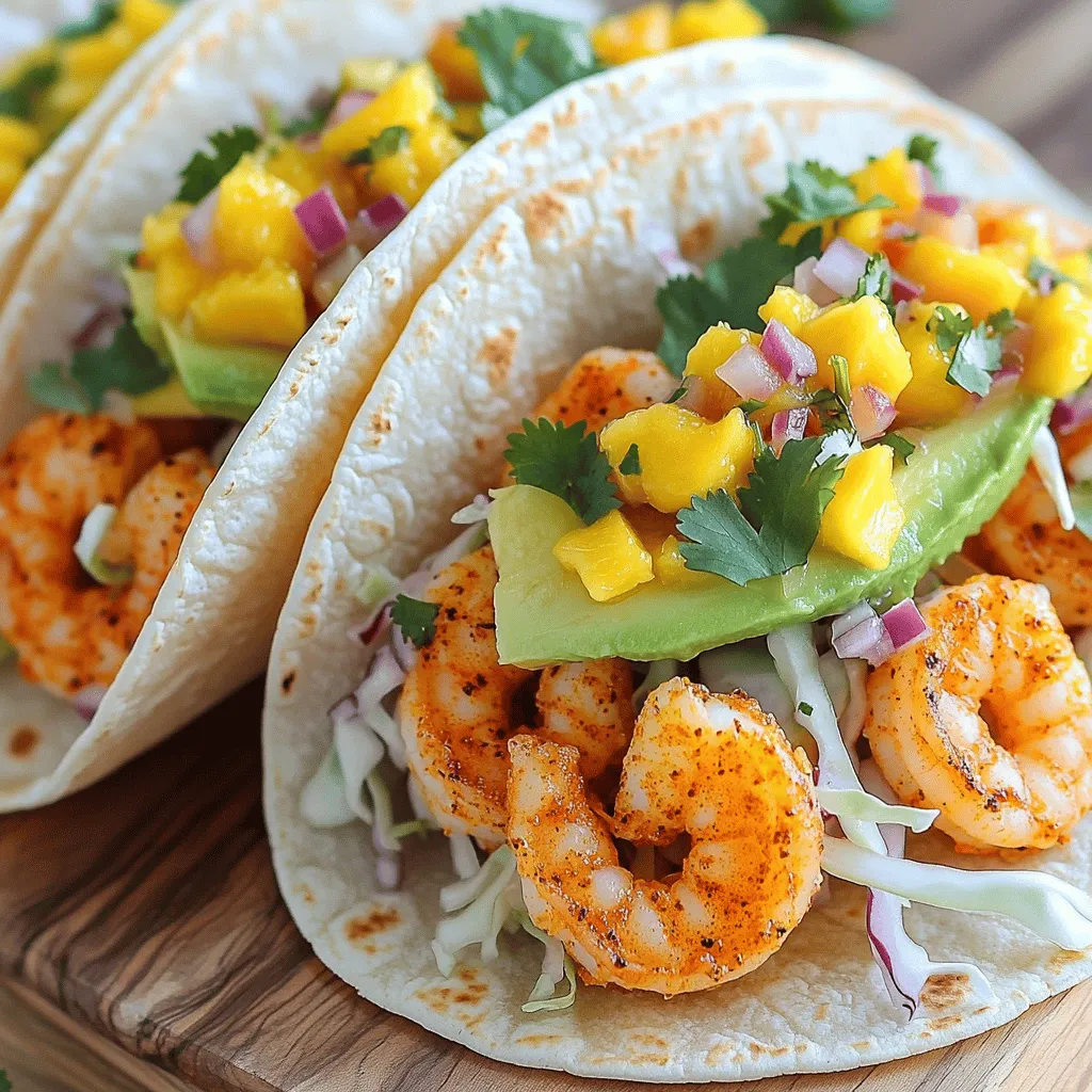 - 1 pound large shrimp, peeled and deveined - 2 tablespoons extra virgin olive oil - Spices: smoked paprika, ground cumin, chili powder - 8 small corn tortillas The shrimp is the star of this dish. Choose large shrimp for the best bite. The olive oil adds richness and helps the spices stick. The spices bring warmth and depth to your tacos. - 1 ripe mango, diced - 1/2 medium red onion, finely chopped - 1 jalapeño pepper, minced - Juice of 1 lime - Salt to taste Mango salsa adds a fresh twist. The sweet mango balances the spicy shrimp. Red onion gives crunch and a mild bite. Lime juice brightens the salsa, making it zesty and lively. - Fresh cilantro sprigs - Sliced avocado - Finely shredded cabbage These garnishes enhance flavor and texture. Cilantro adds freshness. Avocado brings creaminess. Cabbage adds crunch, making each bite exciting. For the full recipe, check out the details above! First, we need to marinate the shrimp. Take your 1 pound of peeled and deveined shrimp. In a bowl, mix it with 2 tablespoons of olive oil, 1 teaspoon of smoked paprika, 1 teaspoon of ground cumin, 1/2 teaspoon of chili powder, and some salt and pepper. Toss everything until the shrimp are covered. Let them sit for about 15 minutes. This helps the shrimp soak up the spices. If you like it spicy, add more chili powder or a dash of cayenne. Next, let’s make the mango salsa. In a new bowl, combine 1 ripe diced mango, 1/2 finely chopped red onion, and 1 minced jalapeño. Squeeze in the juice of 1 lime and add a pinch of salt. Stir gently to mix. Let the salsa sit for a bit. This resting time helps the flavors blend well. The longer it sits, the better it tastes. Now, it’s time to cook the shrimp. Heat a non-stick skillet over medium-high heat. Once hot, add the marinated shrimp in a single layer. Cook for 2 to 3 minutes on each side. They should turn pink and opaque when done. Watch closely to avoid overcooking. Overcooked shrimp can become tough. Let’s warm the tortillas next. In the same skillet, lightly warm each of the 8 corn tortillas for about 30 seconds on each side. They should become soft and flexible. Keep an eye on them so they don’t get crispy. If you prefer, you can use flour tortillas or even lettuce wraps for a low-carb option. Now comes the fun part: assembling the tacos! Take a warm tortilla and add a handful of finely shredded cabbage. Next, place several pieces of the cooked shrimp on top. Add a few slices of avocado and a generous spoonful of mango salsa. For a nice touch, sprinkle fresh cilantro on top. Serve the tacos right away to enjoy all the fresh flavors. For an appealing look, use a colorful platter and add some lime wedges on the side. For the full recipe, check the complete details above! To get juicy shrimp, use high heat for cooking. I recommend a non-stick skillet for best results. Cook the shrimp for just 2 to 3 minutes on each side. This keeps them tender. If you want more flavor, try brining the shrimp. Mix water with salt and soak for 15 minutes. This simple step adds moisture and taste. Mango salsa is flexible. You can swap mango for pineapple or peach for a twist. If you want less heat, remove the jalapeño seeds or add more mango. To spice things up, add a pinch of cayenne pepper or diced chili. Adjust the lime juice too, to balance the sweetness. Serve your spicy shrimp tacos with sides like rice or black beans. These add substance and flavor. You can also offer a fresh salad. For drinks, pair with a light beer or a fruity margarita. These will enhance the dish's vibrant taste. For the full recipe, check out the Zesty Shrimp Tacos with Tropical Mango Salsa. {{image_4}} You can swap shrimp for chicken or tofu. Chicken offers a hearty taste, while tofu gives a nice, chewy texture. If you choose chicken, cook it longer. Aim for about 5 to 7 minutes per side. For tofu, cut it into cubes and pan-fry for 4 to 5 minutes until golden. Adjust spices to fit these proteins for flavor balance. Tacos can be crispy or soft. Crispy tacos add a delightful crunch, while soft tortillas are more tender. You can also try serving the filling in lettuce wraps. This option is low-carb and light. It’s fun to mix and match styles based on personal taste. Add a spicy crema or sour cream for creaminess. Spicy crema gives a nice kick that pairs well with shrimp. You can also add pickled vegetables for extra zest. Pickled onions or jalapeños can brighten up the dish and add a tangy contrast to the sweetness of the mango salsa. To keep your spicy shrimp tacos fresh, store each part separately. Place the shrimp in an airtight container. This keeps them juicy and flavorful. The mango salsa should also go in its own container. This helps maintain its fresh taste and crunch. For the tortillas, wrap them tightly in foil. This keeps them soft and prevents them from drying out. Use plastic wrap if you want extra protection. Always try to finish the tacos within two days for the best taste. When it's time to reheat, ensure the shrimp stays tender. Heat them in a skillet over low heat. This prevents them from getting tough. Stir gently until they are warm. You can add a splash of water to help keep them moist. For the tortillas, use the same skillet. Warm them on low for about 15 seconds on each side. This softens them without losing their quality. If you prefer a crispier tortilla, you can toast them briefly. You can freeze the shrimp, but not the salsa. Freezing the shrimp works well for future meals. To freeze, place the shrimp in a single layer on a baking sheet. Once frozen, transfer them to a freezer bag. Remove as much air as possible. They can last up to three months in the freezer. When you're ready to use them, thaw overnight in the fridge. Cook them the same way as before. The salsa is best fresh, so enjoy it right away. If you have leftover salsa, it can sit in the fridge for a couple of days, but it won't freeze well. To clean shrimp, follow these steps: 1. Choose Fresh Shrimp: Look for shrimp with a firm texture and a fresh smell. 2. Rinse: Rinse the shrimp under cold water to remove any dirt. 3. Peel: Start at the head end. Pinch and pull the shell off, working down to the tail. 4. Devein: Use a small knife to make a shallow cut along the back. Remove the dark vein. 5. Rinse Again: Give the shrimp a quick rinse to remove any residue. This method keeps shrimp clean and ready for your spicy shrimp tacos. Yes, you can make mango salsa ahead. Here’s how: - Mix Ingredients: Combine diced mango, onion, jalapeño, lime juice, and salt in a bowl. - Chill: Cover the bowl and place it in the fridge for up to 24 hours. - Stir Before Serving: Mix the salsa again just before serving. This helps the flavors blend well. Making salsa early saves time on taco night and enhances the flavors. You can get creative with toppings! Here are some ideas: - Cheese: Cotija or feta adds a nice salty kick. - Salsas: Try a pineapple or avocado salsa for a twist. - Creamy Toppings: A drizzle of sour cream or spicy crema adds richness. - Lettuce: Shredded lettuce gives a nice crunch. - Pickled Vegetables: They add tang and color. Feel free to mix and match to suit your taste! Adjusting spice is simple! Here are some tips: - Remove Seeds: For milder heat, remove the seeds from jalapeños. - Use Less Chili Powder: Cut back on the chili powder for a less spicy dish. - Add Heat: For more spice, add more jalapeños or a dash of hot sauce. Taste as you go to find the right balance for you. Yes, this recipe is gluten-free. Here’s why: - Shrimp and Vegetables: These are naturally gluten-free. - Corn Tortillas: Ensure your tortillas are labeled gluten-free to avoid any gluten. - Spices: Check that all spices used do not contain gluten additives. Enjoy these tacos worry-free, knowing they fit a gluten-free diet. For the full recipe, check out the ingredients and instructions above. You now have a complete guide to making delicious shrimp tacos with mango salsa. I detailed key ingredients, step-by-step instructions, and helpful tips. Experiment with different proteins and flavors to suit your taste. Whether you're cooking for yourself or hosting friends, these tacos are sure to impress. Remember, fresh ingredients elevate your meal. Enjoy your cooking journey and embrace the joy of great food!