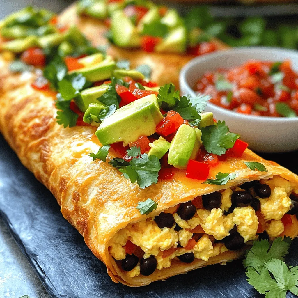 - Flour tortillas - Eggs - Black beans - Bell peppers - Red onion To make a great breakfast burrito, you need a few key items. Flour tortillas hold it all together. Eggs add fluffiness. Black beans give protein and fiber. Bell peppers bring color and crunch. Red onions add a nice bite. - Shredded cheese - Avocado - Salsa or hot sauce - Fresh cilantro You can dress up your burrito with optional ingredients. Shredded cheese melts wonderfully inside. Avocado adds creaminess and healthy fats. Salsa or hot sauce brings heat and flavor. Fresh cilantro gives a bright finish. - Ground cumin - Smoked paprika - Salt and pepper Spices make a big difference in taste. Ground cumin adds warmth. Smoked paprika gives a nice smoky flavor. Salt and pepper enhance all the ingredients. You can adjust these to your liking for the perfect kick. For the full recipe, check out the detailed instructions on how to prepare these delicious breakfast burritos. - Sautéing red onion and bell peppers: Heat 1 tablespoon of olive oil in a large skillet over medium heat. Add 1/4 cup of finely chopped red onion and 1/2 cup of diced bell peppers. Stir these veggies for about 3-4 minutes until they soften and smell great. This step builds a tasty base for your burrito. - Preparing the egg mixture: In a bowl, crack 4 large eggs. Whisk them together with 1 teaspoon of ground cumin, 1/2 teaspoon of smoked paprika, and a pinch of salt and pepper. Once mixed, pour this egg mixture into the skillet with the sautéed veggies. - Incorporating black beans and cheese: After the eggs cook for about 5-6 minutes, add 1/2 cup of rinsed black beans and 1/2 cup of shredded cheese. Stir everything together. The cheese should melt a bit, making the filling creamy and delicious. - Monitoring egg doneness: Keep an eye on the eggs. They should be fully set but still soft. Remove the skillet from heat to prevent overcooking. No one likes dry eggs in their burrito! - Warming the tortillas: To make the tortillas soft, warm them in a dry skillet over low heat or microwave them for 20-30 seconds. This step makes it easier to fold and roll your burritos. - Filling and folding techniques: Take a warm tortilla and place a scoop of the egg mixture in the center. Add slices of avocado on top and sprinkle with more cheese. Fold the sides of the tortilla inward and roll it from the bottom up. This secures all the tasty filling inside. - Achieving a crispy exterior: If you want a crunchy burrito, toast them! Place the filled burritos seam-side down in the skillet. Cook for 2-3 minutes on each side until golden brown. This adds a nice texture and makes every bite even more enjoyable. For the full recipe, check out the complete guide. Enjoy your savory breakfast burritos! To make your tortillas soft, heat them gently. You can warm them in a dry skillet or microwave them for 20-30 seconds. This step makes them easier to fold. To avoid overcooking your eggs, stir gently and keep an eye on them. Remove the skillet from heat when the eggs are just set. This helps keep them soft and fluffy. To enhance flavor, add toppings like fresh avocado, salsa, or hot sauce. A sprinkle of cilantro adds brightness too. Consider serving your burritos with a side of salsa or guacamole. This pairing makes for a tasty and colorful plate. When scaling the recipe, simply multiply the ingredients by the number of servings you need. This keeps things simple and easy. To keep burritos warm, wrap them in foil or place them in a warm oven. This way, everyone enjoys a hot meal! {{image_4}} You can easily make a vegetarian breakfast burrito. Add extra vegetables like spinach, mushrooms, or zucchini. These veggies add flavor and nutrients. If you want a cheese-only option, skip the eggs. Just use your favorite cheese in the warm tortilla. It melts nicely and tastes great. If you follow a keto diet, you can swap out the tortillas. Use lettuce wraps or low-carb tortillas instead. This keeps the meal low in carbs. For the filling, replace black beans with avocado or more cheese. These swaps keep it filling and delicious. You can spice up your breakfast burritos in many ways. For a spicy kick, add jalapeños or hot sauce to the filling. If you like Southwest flavors, mix in corn and cilantro. For a Mediterranean twist, use feta cheese and olives. Each option gives you a unique taste experience to enjoy. For the full recipe, check here: [Full Recipe]. To keep your breakfast burritos fresh, store them in the fridge. Wrap each burrito in plastic wrap or foil. Place them in an airtight container. This keeps them safe from air and moisture. Eat the leftovers within three to four days. If you want to save them for later, freezing is a great option. Wrap each burrito tightly in plastic wrap. Then, place them in a freezer-safe bag. Be sure to push out as much air as possible. This helps prevent freezer burn. You can enjoy these burritos for up to three months in the freezer. When you're ready to eat your burritos, reheating is key. The best method to keep the texture nice is the oven. Preheat your oven to 350°F (175°C). Place the burritos on a baking sheet. Cover them with foil to keep them moist. Heat for about 15-20 minutes or until warm. If you're short on time, a microwave works too. Just wrap the burrito in a damp paper towel. Heat for about 30-60 seconds, checking for warmth. This helps keep the tortillas soft. How long do breakfast burritos last? If stored in the fridge, they stay good for three to four days. In the freezer, they can last up to three months. Just remember to label your bags with the date. This way, you know when to eat them! Enjoy your delicious creations even after a busy morning. Yes, you can make breakfast burritos ahead. Here’s how: - Prepare the filling and let it cool. - Fill the tortillas and roll them up. - Wrap each burrito in plastic wrap or foil. - Store them in the fridge for up to 3 days or freeze for up to 3 months. When you are ready to eat, just reheat in the microwave or skillet. This makes breakfast easy and quick! If you need a change, try these options: - Corn tortillas for a gluten-free choice. - Lettuce wraps for low-carb needs. - Cauliflower tortillas for a healthy twist. These alternatives keep the flavor while fitting your diet. You can mix and match ingredients for your taste: - Add cooked sausage or bacon for meat lovers. - Use spinach or kale for extra greens. - Try different cheeses like pepper jack or feta. Feel free to be creative with seasonings too! Yes, breakfast burritos can be healthy. They can offer: - Protein from eggs and beans. - Fiber from vegetables and beans. - Healthy fats from avocado. To keep them healthy, watch the cheese and sauces you use. To find the best breakfast burritos near you: - Check local food trucks and diners. - Ask friends for their favorite spots. - Look for local reviews online. Exploring new places can lead to tasty surprises! To get that perfect crunch, try these steps: - Toast the burritos in a skillet after rolling them. - Cook seam-side down to seal it. - Use medium heat to avoid burning. This will give you a delightful texture with every bite! You now have a clear guide to making tasty breakfast burritos. From choosing the right ingredients to mastering the cooking steps, every detail counts. Remember to include optional toppings and variations to make them unique. Storage tips help you enjoy leftovers later. Whether you're cooking for yourself or a crowd, customizing your burrito can add fun. I hope this helps you create delicious breakfast burritos. Enjoy your cooking adventure!