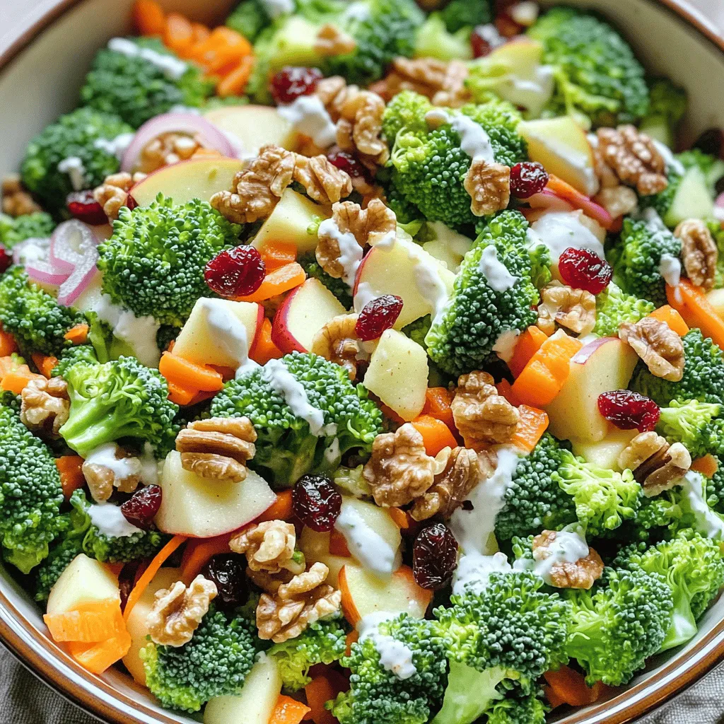 To make the Honeycrisp Apple Broccoli Salad, gather these fresh and tasty items: - 2 cups fresh broccoli florets - 1 large Honeycrisp apple, cored and diced into bite-sized pieces - 1 cup shredded carrots (about 2 medium carrots) - 1/2 cup red onion, thinly sliced - 1/2 cup dried cranberries for a sweet touch - 1/2 cup toasted walnuts (or substitute with pecans for a different flavor) - 1/4 cup plain Greek yogurt for creaminess - 2 tablespoons apple cider vinegar to add tang - 1 tablespoon honey for natural sweetness - Salt and black pepper to taste This salad is not only delicious but also healthy. Here’s what you get per serving: - Calories: Approximately 180 - Protein: 5 grams - Carbohydrates: 27 grams - Fiber: 4 grams - Sugars: 10 grams - Fat: 7 grams The Honeycrisp apple adds vitamin C, while broccoli brings in vitamin K. The walnuts give healthy fats, making this salad a nutrient-packed choice. When picking fresh produce, look for vibrant colors and firm textures. For broccoli: - Choose florets that are bright green and tightly packed. - Avoid any with yellowing or wilting leaves. For apples: - Select Honeycrisp apples that feel firm and have smooth skin. - A sweet smell often means good flavor. Fresh ingredients make all the difference in your salad. To start, fill a pot with water and bring it to a boil. Next, add the fresh broccoli florets. Blanch them for about 2-3 minutes. This makes them bright green and slightly tender. Once done, quickly transfer the florets into an ice bath. This stops the cooking and keeps their color vibrant. After a few minutes, drain the broccoli and set it aside. In a large bowl, add the diced Honeycrisp apple, shredded carrots, thinly sliced red onion, dried cranberries, and toasted walnuts. These ingredients work well together, creating a crunch that you will love. Gently stir them to combine, making sure every piece is included. Now, grab a small bowl. Whisk together the plain Greek yogurt, apple cider vinegar, honey, salt, and black pepper. Mix until you have a smooth and creamy dressing. This will bring the salad together and add great flavor. Pour the dressing over the salad base. Use a spatula or a large spoon to toss everything gently. Make sure the fruits and vegetables are well coated with the dressing. This step is key to blending all the delicious flavors. After combining all the ingredients, cover the salad with plastic wrap. Place it in the refrigerator for at least 30 minutes. This chilling time allows the flavors to meld and intensify. Trust me, it makes a big difference! You can find the full recipe and details in the [Full Recipe]. Enjoy your fresh and crisp salad! To make the best Honeycrisp Apple Broccoli Salad, start with fresh ingredients. Choose bright green broccoli florets. They should feel firm and look vibrant. For the Honeycrisp apple, pick one that is crisp and fragrant. This ensures a sweet and juicy bite. When you prepare the broccoli, blanch it quickly. This keeps it crunchy and colorful. Use an ice bath right after cooking. It stops the cooking process and helps keep that bright green color. To boost the flavors, balance sweetness with tang. The Honeycrisp apple adds natural sweetness. The apple cider vinegar adds a nice tang. It’s important to mix the dressing well. This helps coat all the salad ingredients evenly. You can add spices for more depth. A pinch of cinnamon can bring warmth. If you like spice, try a dash of cayenne pepper. This adds a fun kick to your salad. Presentation makes food more appealing. Serve the salad in a bright bowl to draw the eye. Garnish it with extra walnuts and cranberries. This adds texture and color. You can also serve individual portions in cups. This makes it easy for guests to grab and enjoy. For a special touch, consider adding fresh herbs like parsley or mint on top. They add freshness and a pop of green. For the complete recipe, check out the Full Recipe section. {{image_4}} You can change ingredients for your taste. If you want a crunchier texture, try adding chopped celery. For a sweeter kick, diced pears work well too. If you don’t have Greek yogurt, use sour cream or a dairy-free option. You can swap walnuts with sunflower seeds for a nut-free salad. These substitutions can keep your salad fresh and exciting. To make your salad more filling, add proteins. Grilled chicken or turkey slices mix well with the flavors. For a vegetarian option, consider chickpeas or black beans. Both add protein and fiber. You can also sprinkle feta cheese for creamy goodness. These additions turn a light dish into a satisfying meal. Seasonal changes bring new flavors! In summer, add tomatoes or cucumbers for a refreshing twist. During fall, try roasted squash or pumpkin seeds for warmth. In winter, consider using Brussels sprouts or kale for a hearty base. These seasonal variations keep your Honeycrisp Apple Broccoli Salad fun and relevant all year round. Store leftover Honeycrisp apple broccoli salad in an airtight container. Use a container that fits the salad snugly. This helps keep it fresh and prevents the dressing from soaking in. Keep the salad in the fridge. It tastes best when cold. The salad lasts up to three days in the fridge. After three days, the veggies may get soggy. You can freeze the salad, but it won't taste as fresh. If you freeze it, only freeze the broccoli and the apples. The other ingredients do not freeze well. To revive leftover salad, add fresh ingredients. Chop up more apples or toss in fresh nuts. You can also add a splash of apple cider vinegar or a drizzle of honey. This will help refresh the flavors. Mixing in new ingredients makes it feel like a brand-new dish. For the full recipe, check out the Honeycrisp Apple Broccoli Salad. Yes, you can use other apples. Try Gala or Fuji apples for sweetness. They both add a nice crunch. Just remember that the flavor will change a bit. Honeycrisp apples are sweet and crisp. They balance the salad's flavors well. You can store this salad for about three days. Keep it in the fridge in an airtight container. The apples and broccoli stay fresh, but the dressing may soften the veggies over time. Enjoy it as soon as you can for the best taste. You can try several dressings. A simple vinaigrette works great. Mix olive oil and lemon juice for a zesty flavor. You can also use a creamy ranch or a tahini dressing. These options will give the salad a new twist. Yes, this salad is perfect for meal prep. You can make it ahead and store it. Just keep the dressing separate until you’re ready to eat. This way, the salad stays fresh and crunchy. Pack it in individual containers for easy lunches. To make this salad vegan, swap the Greek yogurt for a plant-based yogurt. You can use almond or coconut yogurt. Replace honey with maple syrup for sweetness. These changes keep the salad tasty and plant-based. Enjoy your wholesome meal! For the full recipe, check out the Honeycrisp Apple Broccoli Salad. This blog post covered how to make Honeycrisp Apple Broccoli Salad. We began with the key ingredients and their nutritional value. I shared tips for selecting fresh produce. Then, I provided detailed steps for preparation and mixing. I included effective tips for enhancing flavor and presentation. Variations let you customize with different ingredients or proteins. I also covered essential storage info and answered common questions. In short, this salad is healthy, easy, and fun to make. Enjoy your culinary journey with fresh ingredients!