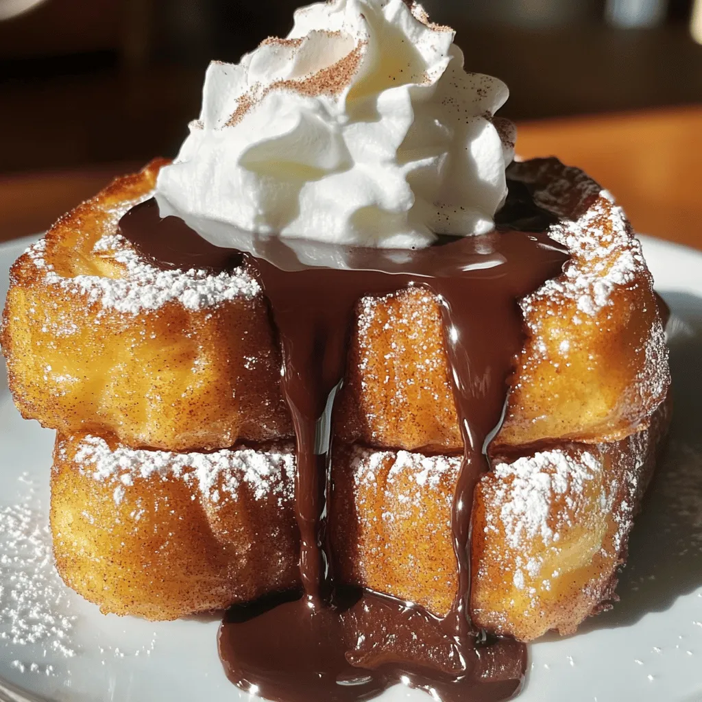 To make Churro French Toast, you'll need a few key ingredients: - 4 slices of thick-cut bread (brioche or challah works best) - 2 large eggs - 1 cup milk - 1 tablespoon pure vanilla extract - 1 teaspoon ground cinnamon - 1 tablespoon granulated sugar - 1 cup granulated sugar (for coating) - 1 teaspoon ground cinnamon (for coating) - 2 tablespoons unsalted butter (for frying) You can dress up your Churro French Toast with fun toppings: - Whipped cream for fluffiness - Rich chocolate sauce for sweetness - Fresh berries for a fruity touch - A dusting of powdered sugar for a classic look Choosing the right bread is key for great texture: - Brioche: Soft and buttery, perfect for soaking up the egg mix. - Challah: Slightly sweet, with a rich flavor that enhances the dish. - Texas Toast: Thick and sturdy, great for a hearty bite. These ingredients will set you up for a delicious breakfast treat! For a full breakdown of the recipe, check out the Full Recipe. Start with a medium bowl. Crack 2 large eggs into it. Add 1 cup of milk. Pour in 1 tablespoon of pure vanilla extract. Sprinkle in 1 teaspoon of ground cinnamon and 1 tablespoon of granulated sugar. Whisk all these together. Keep whisking until the mixture is smooth and frothy. This mixture will coat your bread, giving it flavor and richness. Now, grab a non-stick skillet or griddle. Preheat it over medium heat. Add 1 tablespoon of unsalted butter. Let it melt and coat the pan evenly. Take your slices of thick-cut bread and dip each one into the egg mixture. Make sure to soak both sides. Let any extra egg mixture drip back into the bowl. Once the skillet is hot, place the soaked bread carefully onto it. Cook for about 2-3 minutes on each side. Look for a golden-brown crust to form. While your French toast cooks, prepare the cinnamon sugar. Mix 1 cup of granulated sugar with 1 teaspoon of ground cinnamon in a shallow dish. After cooking each slice, transfer it right into the cinnamon sugar mixture. Press down gently to coat both sides well. Repeat the frying and coating process with any remaining bread slices. Add more butter as needed to keep your skillet ready. - Serving Suggestions: Serve your Churro French Toast warm. Pile on fluffy whipped cream and drizzle with rich chocolate sauce for a treat that feels special. You can stack the coated slices on a plate. For extra flair, sprinkle with powdered sugar or fresh berries. Enjoy the sweet crunch and soft center in every bite! To make your French toast just right, focus on the heat. Keep your skillet at medium heat. If it’s too hot, the bread burns before cooking through. If it’s too low, the toast takes too long and gets soggy. You want a nice golden-brown crust. This gives it a great texture and flavor. If you are cooking in batches, keep cooked French toast warm. Preheat your oven to 200°F (93°C). Place the cooked slices on a baking sheet and put them in the oven. This way, they stay warm without overcooking. Serve all at once for the best experience! You can switch things up for more flavor. Try different types of bread like sourdough or cinnamon swirl. You can also change the milk. Almond or oat milk can add a nice twist. For a fun flavor, add a splash of orange juice to the egg mixture. It brightens the taste and makes it special. For the full recipe, check out the details! {{image_4}} To make Chocolate Churro French Toast, add chocolate to the egg mix. Use 1/4 cup of cocoa powder for a rich taste. You can also sprinkle chocolate chips over the bread before cooking. This gives you gooey bursts of chocolate in every bite. After cooking, coat the toast in cinnamon sugar as usual. Serve it warm with a drizzle of chocolate sauce on top. For a savory twist, swap the sugar with cheese and herbs. Use 1/2 cup of shredded cheese like cheddar or mozzarella. Mix in chopped herbs like chives or parsley for flavor. You can also add diced cooked bacon or ham. Cook as you normally would, but omit the cinnamon sugar. This version is great for brunch or a light lunch. You can make a vegan version using plant-based ingredients. Replace eggs with 1/2 cup of almond milk and 1 tablespoon of ground flaxseed. Let it sit for 5 minutes to thicken. Use almond milk or oat milk instead of regular milk. For the coating, use coconut sugar and cinnamon to keep it vegan. This version tastes just as good and is friendly for plant-based diets. Each variation offers a unique twist on the classic Churro French Toast. You can find even more ideas in the Full Recipe. To store leftover Churro French Toast, let it cool completely. Place slices in an airtight container. You can keep it in the fridge for up to three days. If you want to keep it longer, use the freezer instead. Just make sure to separate the slices with parchment paper. To reheat, you have a few options. The best way is to use an oven. Preheat the oven to 350°F (175°C). Place the slices on a baking sheet and warm them for about 10-15 minutes. This keeps them crispy. You can also use a toaster or microwave, but the oven gives the best results. For freezing, wrap each slice in plastic wrap. Then, place them in a freezer bag. This way, they won’t stick together. You can freeze Churro French Toast for up to three months. To enjoy, just thaw in the fridge overnight before reheating. Yes, you can prepare Churro French Toast ahead of time. Cook the French toast and let it cool. After it cools, store it in an airtight container in the fridge. It will stay fresh for up to three days. When you want to eat it, just reheat it in a skillet or microwave. This way, you save time on busy mornings. Churro French Toast pairs well with many toppings. Here are a few ideas: - Whipped cream for a light and fluffy touch - Fresh berries like strawberries or blueberries for a fruity twist - Maple syrup for sweetness - A drizzle of chocolate sauce for extra indulgence - A sprinkle of nuts for crunch These options make your dish even more fun! Churro French Toast can be both! It tastes great any time of day. Many enjoy it for breakfast because it’s sweet and filling. Others love it as a dessert. It has that sweet churro flavor, making it perfect for a treat after dinner. You can even serve it at brunch with friends. - Explore the Full Recipe here. This blog post covered all you need for making delicious Churro French Toast. We looked at essential ingredients and helpful tips for perfect cooking. I shared great variations to try, from sweet to savory. Lastly, you learned how to store and reheat leftovers. Enjoying Churro French Toast can be fun and easy. Don't hesitate to get creative with your flavors. Dive into this tasty dish and make it your own!