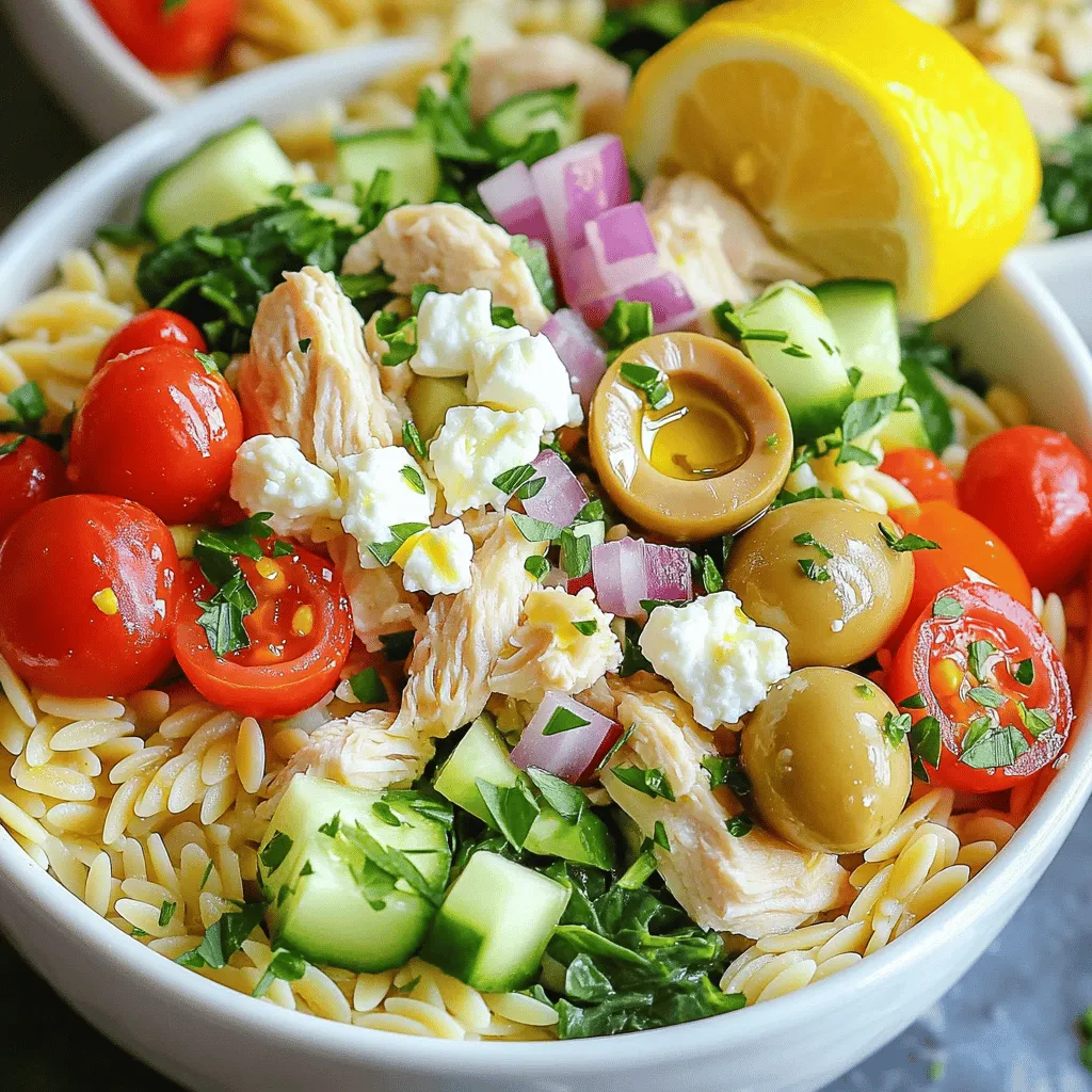 To create delicious Greek Chicken Orzo Power Bowls, gather these ingredients: - 1 lb chicken breast, diced - 1 cup orzo pasta - 1 cup cherry tomatoes, halved - 1 cucumber, diced - 1/2 red onion, thinly sliced - 1 cup baby spinach or arugula - 1/2 cup feta cheese, crumbled - 1/4 cup Kalamata olives, pitted and halved - 3 tablespoons olive oil - Juice of 1 lemon - 1 teaspoon dried oregano - Salt and pepper to taste - Fresh parsley, chopped (for garnish) You can make this meal your own. Here are some optional ingredients: - Grilled bell peppers for added sweetness - Avocado for creaminess and healthy fats - Chickpeas for extra protein and fiber - Fresh herbs like dill or mint for added freshness - Red pepper flakes for some heat Each ingredient plays a role in flavor and health: - Chicken: This lean protein keeps you full and helps build muscle. - Orzo: This pasta adds a comforting texture and offers carbs for energy. - Cherry tomatoes: They provide sweetness and are rich in vitamins. - Cucumber: This adds crunch and hydration with low calories. - Red onion: It gives a sharp taste and is full of antioxidants. - Spinach/Arugula: These greens add vitamins and minerals, boosting nutrition. - Feta cheese: This adds creaminess and calcium for bone health. - Kalamata olives: They bring a briny flavor and healthy fats. - Olive oil: This heart-healthy fat enhances taste and helps absorb nutrients. - Lemon juice: This brightens the dish and adds vitamin C. - Dried oregano: This herb adds a classic Greek flavor and has anti-inflammatory properties. When you mix these ingredients, you create a meal that's tasty and packed with nutrients. For the full recipe, check out the detailed instructions. Start by boiling a large pot of salted water. Once it boils, add the orzo pasta. Cook it for about 8 to 10 minutes. You want it to be firm, or al dente. After cooking, drain the orzo and place it in a mixing bowl. This will be the base of your power bowl. Next, take 1 pound of diced chicken breast. In a medium bowl, mix the chicken with 1 tablespoon of olive oil, lemon juice, and dried oregano. Don't forget to add salt and pepper! Make sure you coat the chicken well. Heat a skillet over medium heat and add the marinated chicken. Cook it for 7 to 10 minutes. Stir it often until it’s golden and cooked through. While the chicken cooks, chop your veggies. Dice 1 cucumber, halve 1 cup of cherry tomatoes, and thinly slice 1/2 of a red onion. Also, get 1 cup of baby spinach or arugula ready. All these will add freshness and crunch to your bowl. Now it’s time to put everything together! In the bowl with the orzo, add the cooked chicken, chopped tomatoes, cucumber, red onion, baby spinach, and 1/4 cup of Kalamata olives. Crumble 1/2 cup of feta cheese on top. Drizzle 2 tablespoons of olive oil over the mix. Season with salt and pepper to taste. Gently toss everything until well combined. This colorful blend is your Greek Chicken Orzo Power Bowl. To make your orzo just right, start with salted water. Bring it to a boil first. Add the orzo and cook it until it's al dente. This means it should still have a slight bite. Drain the orzo and let it cool in a big bowl. For the chicken, marinating is key. Use lemon juice, olive oil, and oregano to add flavor. Sauté the chicken over medium heat. Cook until it's golden brown and fully cooked through. This usually takes about 7-10 minutes. For an extra flavor boost, add more herbs. Fresh parsley or dill can brighten the dish. You can also mix in more lemon juice for zest. If you like heat, try adding red pepper flakes. Kalamata olives add a nice salty punch, so don’t skip them. You can also toss in a pinch of smoked paprika for depth. Lastly, using good-quality feta cheese makes a big difference. When serving, make each bowl beautiful. Layer the orzo and chicken, then add the veggies on top. Arrange everything in sections for a colorful look. A sprinkle of chopped parsley on top adds a nice touch. You can also serve with lemon wedges on the side. This not only looks great but gives a fresh squeeze when eating. Remember, we eat with our eyes first! Check out the Full Recipe for more details on assembling. {{image_4}} You can easily make a vegetarian version of Greek Chicken Orzo Power Bowls. Instead of chicken, use chickpeas or grilled vegetables. These options add protein and flavor. For chickpeas, use one can, drained and rinsed. For grilled vegetables, try zucchini, bell peppers, or eggplant. Just toss them with olive oil and herbs before grilling. This will keep the dish hearty and satisfying. If you need a gluten-free option, swap orzo for quinoa or rice. Both grains work well and keep the meal filling. For a dairy-free version, leave out the feta cheese. You can use dairy-free cheese or avocado for creaminess. This still gives the bowl a rich taste without dairy. To boost protein, consider adding grilled shrimp or tofu. Both options are great choices and add different flavors. You can also mix in nuts or seeds for added crunch. Sunflower seeds or walnuts work well. They add nutrients and texture to your meal. Feel free to customize your bowl based on what you enjoy. For the full recipe, check out the Greek Chicken Orzo Power Bowls above! To keep your Greek Chicken Orzo Power Bowls fresh, store leftovers in airtight containers. This helps prevent moisture loss and keeps flavors intact. Make sure to separate the chicken from the orzo if possible. This keeps the orzo from getting too soggy. Leftovers can last in the fridge for about three days. Always check for any signs of spoilage before eating. Reheat your bowls gently to keep the chicken moist. I find the best method is using the microwave. Place your bowl in the microwave and cover it with a damp paper towel. Heat in short bursts, about 30 seconds at a time. Stir between intervals to ensure even heating. If you prefer, you can also reheat on the stove. Just add a splash of water to a pan, and warm over low heat. Stir until everything is heated through. To maintain freshness, consider these tips: - Use glass containers: They help reduce odors and keep food fresh. - Cool completely before sealing: This prevents condensation inside the container. - Label containers with dates: This makes it easy to track how long they've been stored. - Freeze for longer storage: If you want to keep leftovers for weeks, freeze individual portions. They can last up to three months in the freezer. For more details on preparing this dish, check out the Full Recipe. To make these bowls vegan, swap chicken with chickpeas or tofu. Cook the chickpeas or tofu as you would the chicken. Use vegetable broth instead of chicken broth to cook the orzo. You can also add more veggies, like bell peppers or zucchini, to boost flavor and nutrition. Yes, you can prepare these bowls in advance. Cook the orzo and chicken ahead of time. Store them separately in airtight containers. Chop the veggies and keep them in the fridge. Assemble the bowls just before serving to keep everything fresh. These bowls pair well with a light salad or some warm pita bread. You can also serve a side of tzatziki sauce for dipping. This adds a nice creamy texture and enhances the flavors. To make a simple dressing, mix 3 tablespoons of olive oil, juice of 1 lemon, and a pinch of salt and pepper. You can add a teaspoon of dried oregano for extra flavor. Whisk the ingredients together until blended. Drizzle this dressing over your bowls for a tasty finish. For the full recipe, check out the [Full Recipe]. Greek Chicken Orzo Power Bowls are simple and tasty. We covered the ingredients, cooking steps, and tips for the best flavor. You can easily customize your bowl to fit your diet. Learning to store and reheat leftovers helps minimize waste. I hope you feel inspired to make this dish. Enjoy healthy eating with these easy and fun bowls. Happy cooking!