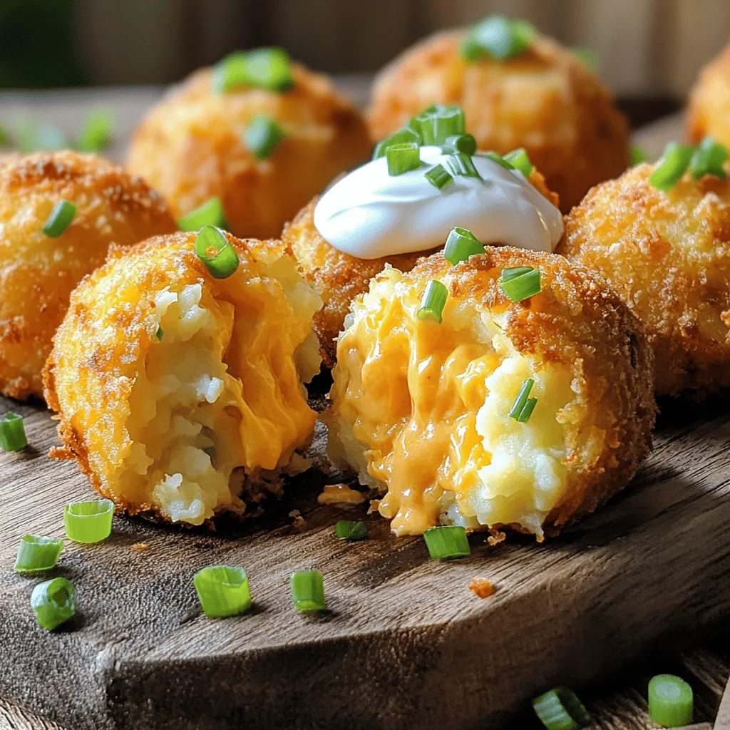 - Leftover Mashed Potatoes: 2 cups - Cheddar Cheese: 1 cup shredded sharp - Parmesan Cheese: 1/2 cup grated - Green Onions: 1/4 cup finely chopped - Seasonings: 1/2 teaspoon garlic powder, 1/2 teaspoon onion powder, salt and pepper - Bread Crumbs: 1 cup (panko recommended) - Egg: 1 large, beaten - Olive Oil or Cooking Spray: for brushing To make these air fryer cheesy mashed potato balls, you need simple ingredients. First, leftover mashed potatoes are key. They create a great base. Next, sharp cheddar cheese adds a creamy and rich flavor. Parmesan cheese gives a salty kick and depth. Don’t forget the green onions for a fresh taste. For seasonings, use garlic powder, onion powder, salt, and pepper. These will enhance every bite. Panko bread crumbs work best for a crispy outside. The egg helps the breading stick to the balls. Finally, olive oil or cooking spray ensures they cook evenly and do not stick to the air fryer. This recipe is easy and full of flavors. The ingredients come together to make a delightful treat. You can view the Full Recipe for detailed steps on preparing these cheesy delights. - Combining Ingredients: Start by mixing the leftover mashed potatoes, cheeses, green onions, garlic powder, onion powder, salt, and pepper in a large bowl. Make sure everything blends well. This creates a creamy and flavorful base for your potato balls. - Forming the Balls: Once mixed, use clean hands to scoop and shape the mixture into balls. Aim for 1 to 2 inches in diameter. You should get about 12 to 15 balls from this mix. - Setting Up Breading Station: Next, set up your breading station. Place the beaten egg in one bowl and the bread crumbs in another. This makes breading easier and neater. - Dipping Process: Take each ball and dip it into the beaten egg first. Make sure it’s fully coated. Then roll it in the bread crumbs. Gently press the crumbs onto the ball so they stick well. - Preheating the Air Fryer: Preheat your air fryer to 375°F (190°C). This step is key to getting a nice, crispy exterior. - Arranging the Balls: Lightly spray the air fryer basket with cooking spray. Arrange the potato balls in a single layer, leaving space between them. This ensures even cooking. - Cooking Time: Air fry the balls for 10 to 12 minutes. Shake the basket halfway through cooking to help them brown evenly. When they turn golden brown, they are ready to enjoy. For the complete recipe, check the [Full Recipe]. For a crispy outer layer, choose panko over traditional bread crumbs. Panko gives a light and airy crunch. This texture makes each bite more enjoyable. Traditional bread crumbs can be denser. They may not provide that same delightful crunch. Even cooking is key to great potato balls. When you place them in the air fryer, space them out. Crowding the basket can lead to uneven cooking. Also, remember to shake the basket halfway through the cooking time. This helps ensure all sides get that perfect golden brown color. Adding extra seasonings can elevate your cheesy mashed potato balls. You might try herbs like parsley or chives. A pinch of smoked paprika adds a nice smoky flavor. Cayenne pepper can give it a spicy kick, too. When it comes to cheese, select varieties that melt well. Mozzarella is a fantastic option for extra gooeyness. Gouda offers a rich and creamy taste. Mixing different cheeses can create a flavor explosion. Just be sure to balance stronger flavors with the milder ones. For even more ideas, check out the Full Recipe for more tips on customizing your dish! {{image_4}} Gluten-Free Options: To make these cheesy mashed potato balls gluten-free, swap regular bread crumbs for gluten-free options. You can use crushed rice cereal or almond flour. Both provide a nice crunch without gluten. Just remember to check labels to avoid hidden gluten. Vegan Alternatives: If you're looking for vegan options, replace the cheese with dairy-free cheese. You can also use a flax egg instead of a real egg. Simply mix one tablespoon of ground flaxseed with three tablespoons of water. Let it sit for a few minutes to thicken. This will bind your potato balls just like an egg. Additional Ingredients: Want to spice things up? Try adding crispy bacon bits for a smoky flavor. You could also mix in diced jalapeños for a kick of heat. Fresh herbs like parsley or chives can really brighten up the taste too. Just be sure to chop them finely so they blend well. Sauce Pairings: Dipping sauces can elevate your potato balls. A creamy ranch or tangy buffalo sauce works great. You might also love a zesty garlic aioli. Each sauce adds a unique twist that complements the cheesy goodness of the balls. For more delicious ideas, check out the Full Recipe for Air Fryer Cheesy Mashed Potato Balls. To keep your cheesy mashed potato balls fresh, store them properly. For refrigeration, place the cooled potato balls in an airtight container. They stay good for about 3 to 5 days. When reheating, make sure to warm them gently to keep that crispy outside. For freezing, follow these steps: - Cool Completely: Let the potato balls cool down to room temperature. - Arrange on a Tray: Place them in a single layer on a baking sheet. - Freeze: Freeze the tray for a couple of hours until the balls are solid. - Transfer to Bags: Move them to a freezer-safe bag or container. They can last up to 3 months in the freezer. When it's time to enjoy your leftovers, you have two great options: the oven or the air fryer. Both methods help maintain the crispiness. - Oven: Preheat your oven to 375°F (190°C). Line a baking sheet with parchment paper and place the potato balls on it. Heat for 10 to 15 minutes, turning halfway through. - Air Fryer: This method is quicker. Preheat your air fryer to 375°F (190°C). Air fry the potato balls for about 5 to 8 minutes, shaking the basket halfway for even heating. Quick Reheat Tips: - For either method, check that the center is hot. - Avoid overcooking to keep them crispy. Can I use fresh mashed potatoes instead of leftover? Yes, you can use fresh mashed potatoes. Just make sure they are cool before mixing. This helps the balls hold their shape. What types of cheese work best for this recipe? I love using sharp cheddar and Parmesan. They melt well and add great flavor. You can also try mozzarella for a gooey texture. How can I make these potato balls ahead of time? You can shape the balls and store them in the fridge for up to a day. Just make sure to cover them well. You can also freeze them for later use. Are air fryer cheesy mashed potato balls suitable for freezing? Yes! After you shape the balls, freeze them on a baking sheet. Once solid, transfer them to a freezer bag. They last for about a month. What dipping sauces pair well with cheesy mashed potato balls? I recommend sour cream or ranch dressing. You can also try spicy ketchup or a creamy garlic dip. These add extra flavor to each bite. How do I know when the potato balls are fully cooked? Look for a golden brown color on the outside. This usually takes about 10 to 12 minutes in the air fryer. You can also poke one with a fork to check if it's hot inside. In this post, we covered how to make tasty air fryer cheesy mashed potato balls. We discussed the key ingredients, step-by-step instructions, and helpful tips for achieving the best results. You learned about variations for dietary needs and flavor enhancements too. These potato balls are a fun and delicious way to use leftovers. Try making them with your favorite cheeses or dipping sauces. Enjoy your creation!