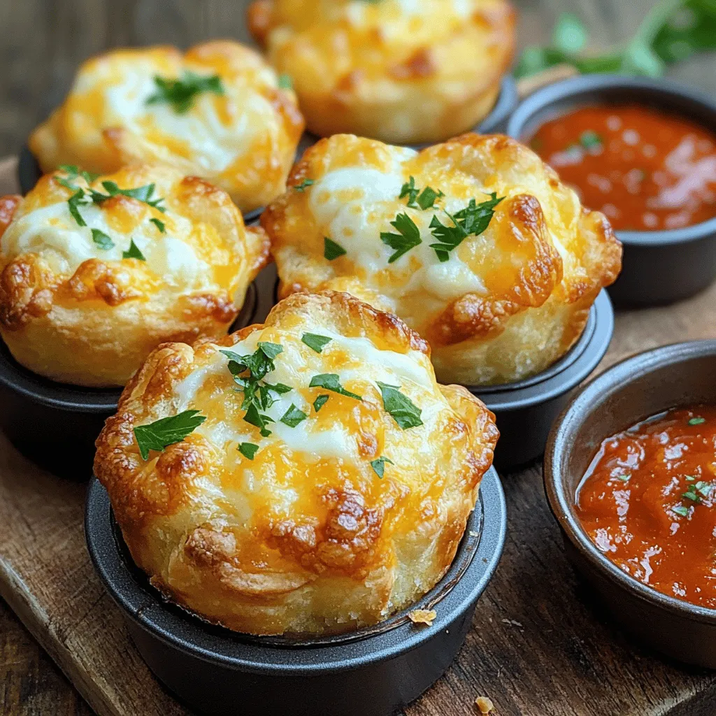 To make Garlic Cheesy Cruffins, gather these simple ingredients: - 2 cups all-purpose flour - 1/2 cup cold unsalted butter, cubed - 1/4 cup grated Parmesan cheese - 1 cup shredded mozzarella cheese - 1 tsp garlic powder - 1 tsp dried oregano - 1/2 tsp salt - 1/2 cup warm water (100°F - 110°F for optimal yeast activation) - 1 tsp instant yeast - 1 tbsp sugar - 1/4 cup fresh parsley, chopped (for garnish) When measuring flour, spoon it into your cup and level it off. This helps avoid too much flour. For butter, use cold cubes straight from the fridge. If you do not have a kitchen scale, you can use measuring cups. However, a scale gives the best results. Make sure your water is warm, not hot, to activate the yeast. Too hot water can kill the yeast. If you need to make swaps, here are some ideas: - Use whole wheat flour for a nuttier flavor. - Swap mozzarella with cheddar or gouda for a different taste. - If you don’t have garlic powder, fresh minced garlic works too. - You can replace dried oregano with Italian seasoning for a more complex flavor. - For a dairy-free option, try a plant-based butter and cheese. These tips help you make Garlic Cheesy Cruffins just the way you like. You can check the Full Recipe for detailed steps. First, combine warm water, sugar, and instant yeast in a small bowl. Stir it gently until the yeast dissolves. Let it sit for 5-10 minutes. You want it to get frothy. This shows the yeast is alive. In a large bowl, mix the all-purpose flour, garlic powder, dried oregano, and salt with a whisk. Make sure it’s well combined. Next, pour the frothy yeast mix into the dry ingredients. Use a spoon or spatula to mix until soft dough forms. Transfer this dough to a floured surface. Knead it for about 5 minutes until it feels smooth and elastic. Now roll the dough into a rectangle, about 1/4 inch thick. Spread the cubed cold butter evenly over the dough. Then, sprinkle the grated Parmesan cheese and shredded mozzarella cheese on top of the butter. Make sure to cover the whole surface. From one long edge, roll the dough tightly into a log. Keep it even as you roll to make uniform pieces. Slice the log into 1-inch thick rounds. Place each round upright in a greased muffin tin. They should stand on their cut edges. Cover the muffin tin with a towel. Find a warm spot for it, letting the cruffins rise for about 30 minutes. You want them to puff up noticeably. While the cruffins rise, preheat your oven to 375°F (190°C). Once they have risen, place the muffin tin in the oven. Bake them for 20-25 minutes. They should turn a lovely golden brown color on top. After baking, take the tin out and let the cruffins cool slightly. Before serving, sprinkle some fresh chopped parsley on top. This adds color and a fresh taste. If you want, serve them warm with marinara sauce for dipping. Enjoy your delightful Garlic Cheesy Cruffins! For the full recipe, check the ingredients section. To make your cruffins soft, use cold butter. Cold butter helps create layers. Knead the dough gently for just five minutes. This keeps the dough tender. Let your dough rise in a warm area. This helps the yeast work its magic. Avoid overbaking; watch for a golden color on top. One common mistake is using warm water that’s too hot. Water should be 100°F to 110°F for the best yeast rise. Another mistake is not letting the dough rise enough. Patience is key for fluffy cruffins. Also, be careful not to roll your dough too thin. Thick layers create a better texture. Serve your cruffins warm for the best taste. They pair well with marinara sauce for dipping. For an extra kick, sprinkle red pepper flakes on top. You can also add fresh herbs for color and flavor. Try serving them as a side dish with pasta or soup. These cruffins make a great appetizer, too! Check out the Full Recipe for more tips. {{image_4}} You can switch up the cheese in your cruffins. Use cheddar for a sharp bite. Gouda adds a creamy texture. Feta gives a salty kick. Experiment with vegan cheese if you prefer plant-based options. Each cheese brings a new taste to your cruffins. Fresh herbs can elevate your cruffins. Try adding basil or thyme for a fragrant touch. Chives add a mild onion flavor, while rosemary gives a woodsy note. Mix in dried herbs if fresh ones aren't available. They enhance the flavor profile and add freshness. For a flavor boost, consider add-ins. Chopped sun-dried tomatoes bring sweetness and depth. Cooked bacon or ham adds a savory crunch. You can also fold in sautéed spinach for greens. Each option offers a unique twist to your Garlic Cheesy Cruffins. Check the Full Recipe for more ideas. To keep your leftover cruffins fresh, place them in an airtight container. Store them at room temperature for up to two days. If you want them to last longer, move them to the fridge. They will stay good there for about a week. When you're ready to enjoy your cruffins again, reheat them in the oven. Preheat your oven to 350°F (175°C). Wrap each cruffin in foil to keep them moist. Heat them for about 10-12 minutes. You can also use a microwave. Heat on medium for about 20-30 seconds. This method is quicker but might make them a bit chewy. To freeze your cruffins, wrap each one in plastic wrap, then place them in a freezer bag. They can stay frozen for up to three months. When you want to eat them, just thaw them in the fridge overnight. Reheat them in the oven or microwave as mentioned above. This way, you can always have a tasty treat on hand. For the full recipe, check back to ensure you have all the steps covered! Garlic cheesy cruffins are a delicious mix of garlic, cheese, and flaky dough. They have a soft, airy texture and a cheesy flavor that makes them hard to resist. Each cruffin is like a savory pastry, perfect for breakfast, snacks, or side dishes. The warm garlic aroma fills your kitchen, making everyone eager to try them! Garlic cheesy cruffins can last up to three days when stored properly. Keep them in an airtight container at room temperature. If you want them to last longer, you can refrigerate them for up to a week. However, the best taste comes fresh from the oven! Yes, you can prepare the dough ahead of time! After you make the dough, shape it and place it in the muffin tin. Cover it and keep it in the fridge overnight. When you're ready to bake, let them sit at room temperature for about 30 minutes before baking. This way, you can enjoy fresh cruffins with less work! For the full recipe, check out the detailed instructions above. Cruffins are a fun treat, blending croissants and muffins. This post covers ingredients, preparation, and the best tips to make them perfect. You learned how to choose ingredients and make great substitutions. I shared baking steps to create soft, tasty cruffins and stored them properly. Remember to try different flavors and avoid common mistakes. Enjoy your cruffins fresh or reheated! With these tips, you’ll impress everyone with your baking skills.