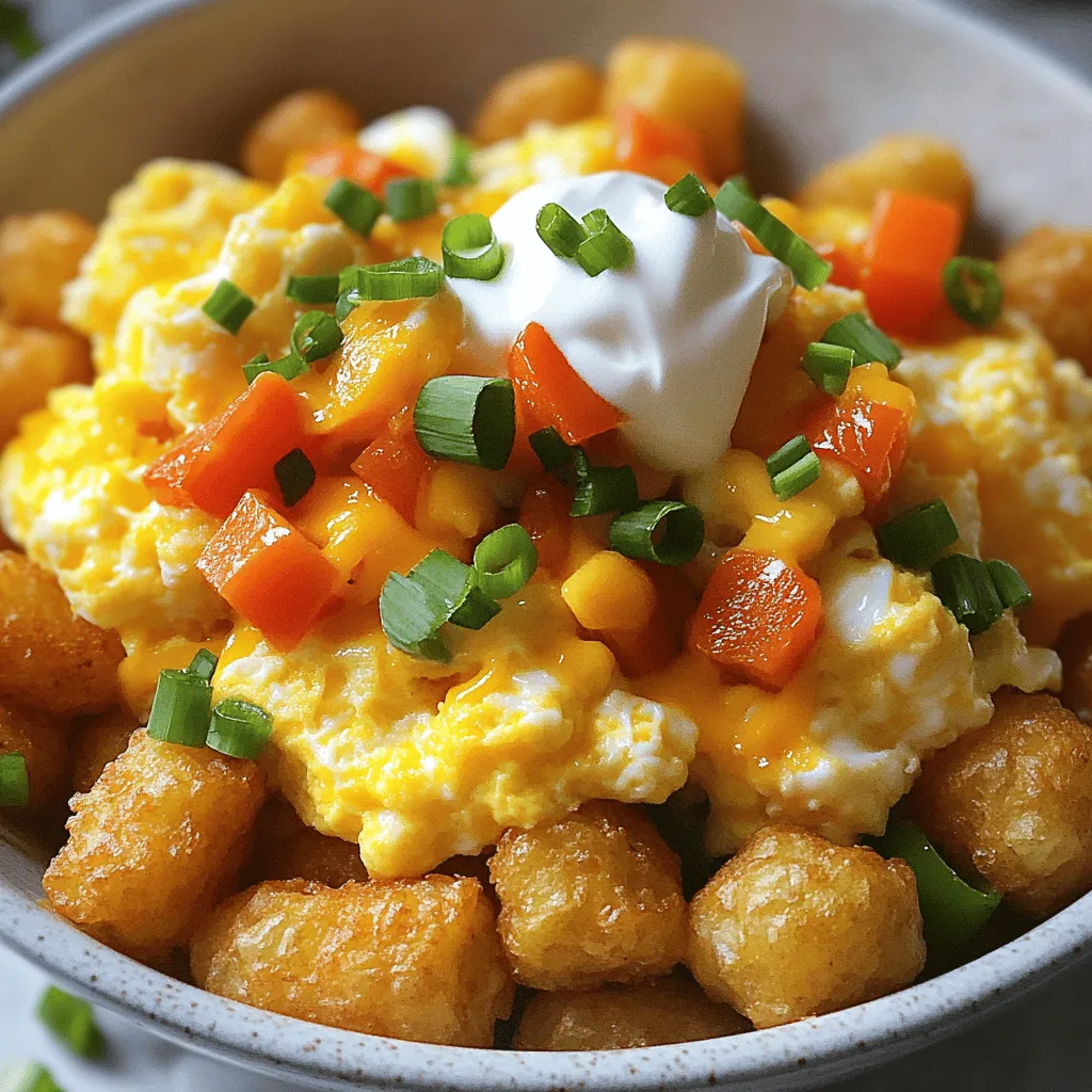 - 2 cups frozen tater tots - 4 large eggs - 1/2 cup shredded sharp cheddar cheese - 1/4 cup fresh green onions, thinly sliced - 1/2 cup bell peppers, diced These ingredients make the base of your Tater Tot Breakfast Bowl. The frozen tater tots give a nice crunch. The eggs add protein and fluffiness. Cheese melts into a creamy layer, while bell peppers bring color and flavor. Green onions give a fresh taste. - 1/4 cup cooked sausage, crumbled - 1/4 cup sour cream - Additional garnishes (like hot sauce or extra green onions) Adding crumbled sausage boosts the flavor even more. Sour cream adds creaminess and a tangy kick. You can also add garnish options for extra flair. Hot sauce gives a spicy touch, while more green onions add crunch. These options let you customize your bowl to your liking. This flexibility makes your breakfast fun and tasty. You can check the Full Recipe for all the steps. Preheating the Oven First, preheat your oven to 425°F (220°C). This step is key for crispy tater tots. Baking the Tater Tots Next, arrange 2 cups of frozen tater tots on a baking sheet. Make sure they are in a single layer. Bake them for 25-30 minutes. Flip them halfway through. This helps them cook evenly and get golden brown. Sautéing Bell Peppers While the tater tots bake, heat a non-stick skillet over medium heat. Add a drizzle of olive oil. Once hot, toss in 1/2 cup of diced bell peppers. Sauté them for about 3-4 minutes. Stir them often until they start to soften. Whisking and Cooking the Eggs If you want to add flavor, crumble in 1/4 cup of cooked sausage. Cook it with the peppers for an extra 3-4 minutes. In a bowl, crack 4 large eggs and whisk them well. Season with salt and pepper. Pour the eggs into the skillet with the veggies. Stir gently for about 3-4 minutes until the eggs are just set but still creamy. Layering the Tater Tots and Egg Mixture When the tater tots are ready, take them out of the oven. Spoon the fluffy egg mixture over the hot tater tots. Adding Cheese and Garnishes Sprinkle 1/2 cup of shredded sharp cheddar cheese on top. Return the dish to the oven for 1-2 minutes, just until the cheese melts. For the final touch, add 1/4 cup of fresh green onions and a dollop of 1/4 cup sour cream. This makes each bite fresh and creamy. For the full recipe, check out the complete instructions! - Ensuring Crispy Tater Tots For crispy tater tots, spread them out on the baking sheet. Avoid overcrowding. Flip them halfway to get all sides golden brown. Bake them until they are crunchy, which usually takes about 25-30 minutes at 425°F (220°C). - Cooking Eggs to Ideal Creaminess When cooking your eggs, use medium heat and stir gently. This keeps them soft and creamy. Whisk them well before cooking to add air. Cook them for about 3-4 minutes until just set, but still a bit runny. This keeps them fluffy and delicious. - Serving Suggestions Serve the breakfast bowl in individual bowls for a fun touch. You can layer the tater tots at the bottom, then add the egg mixture on top. This makes it easy for everyone to dig in. - Garnishing Techniques Use fresh green onions as a garnish for color and flavor. A dollop of sour cream adds creaminess. For those who like spice, drizzle hot sauce on top. You can also add extra cheese for a cheesy finish. {{image_4}} You can make your Tater Tot Breakfast Bowl unique. Try different cheeses to boost flavor. Cheddar is a classic choice, but other options work well too. - Pepper Jack adds a nice kick. - Mozzarella offers a creamy texture. - Feta gives a tangy twist. Don't forget about veggies! You can swap or add to your mix. - Mushrooms add earthiness. - Zucchini offers a light crunch. - Cherry tomatoes add sweetness. Want a lighter bowl? Use egg whites instead of whole eggs. This reduces fat and calories but keeps protein high. Another way to boost nutrition is by adding greens. Spinach or kale can sneak in vitamins and minerals. - Spinach wilts down nicely and adds iron. - Kale provides a hearty bite and fiber. These small changes make your meal both tasty and healthy. - Refrigeration Guidelines: Store your Tater Tot Breakfast Bowl in an airtight container. It stays fresh in the fridge for about 3 days. Make sure to cool it down before sealing it. This helps keep it from getting soggy. - Freezing Tips: If you want to save it for later, freeze the bowl. Place it in a freezer-safe container or bag. It can last up to 2 months. To keep the tater tots crispy, consider freezing them separately from the egg mixture. - Best Methods for Reheating Tater Tot Breakfast Bowls: The oven is best for reheating. Preheat it to 350°F (175°C). Place the bowl inside for about 15-20 minutes. This keeps the tater tots crispy. You can also use a microwave for quick reheating. Heat in 30-second intervals, stirring in between, until warm. Just note that this may make the tater tots a bit softer. Enjoy your breakfast bowl warm and delicious! Can I use fresh tater tots instead of frozen? Yes, you can use fresh tater tots. Fresh tater tots will give you a nice taste. Just make sure to cook them until they are crispy. Follow the same baking time and temperature as frozen tots. What can I substitute for sour cream? If you don’t want to use sour cream, try Greek yogurt. It has a similar texture and adds creaminess. You can also use avocado for a fresh twist. Both options taste great on top of your breakfast bowl. How do I make this dish vegetarian? To make a vegetarian Tater Tot Breakfast Bowl, skip the sausage. You can add extra veggies like mushrooms or spinach. These will give you great flavor and nutrition without meat. What should I serve with a Tater Tot Breakfast Bowl? You can serve fresh fruit or a simple salad on the side. This adds color and a healthy touch. A small glass of juice or coffee pairs well too. How can I make this breakfast bowl ahead of time? To prepare in advance, cook the tater tots and egg mixture the night before. Store them in the fridge. In the morning, just reheat and add cheese. This way, you enjoy a tasty breakfast with less fuss. For the complete recipe, check the Full Recipe section. The Tater Tot Breakfast Bowl is fun and easy to make. We covered essential and optional ingredients, like eggs and sausage. You learned how to bake tater tots and cook eggs perfectly. I shared tips for crispy tots and tasty garnishes. You can customize your bowl with different cheeses or veggies. Lastly, storing leftovers and reheating tips help keep your meal fresh. Enjoy making your own tasty breakfast bowl!