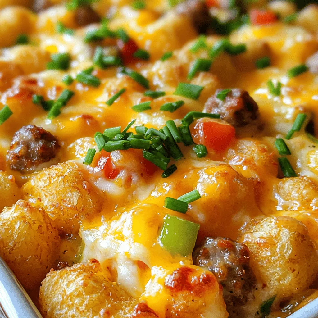 To make a tasty tater tot breakfast casserole, you need these simple ingredients: - 32 ounces of frozen tater tots - 8 large eggs - 1 cup of whole milk - 1 cup of shredded sharp cheddar cheese - 1 cup of cooked breakfast sausage, crumbled - 1 cup of diced bell peppers (a mix of colors for vibrant appearance) - 1 small red onion, finely diced - 1 teaspoon of garlic powder - 1 teaspoon of smoked paprika - Salt and black pepper to taste - Fresh chives or parsley, finely chopped, for garnish Each ingredient plays a key role in the dish. The frozen tater tots give a crispy base. Eggs and milk create a rich, creamy texture. Cheese adds a melty, savory layer. Sausage brings flavor and heartiness. Bell peppers and onions add color and crunch. Seasonings like garlic powder and smoked paprika enhance the taste, while fresh herbs brighten the dish. For the full recipe, check the details above. - Preheating the oven Start by preheating your oven to 350°F (175°C). This step is key for even cooking. - Preparing the egg mixture In a big bowl, crack open 8 large eggs. Add 1 cup of whole milk, 1 teaspoon of garlic powder, and 1 teaspoon of smoked paprika. Sprinkle in some salt and black pepper too. Whisk it all together until the mix is smooth and even. - Layering the ingredients Grab a greased 9x13 inch baking dish. Lay out 32 ounces of frozen tater tots on the bottom. Make sure they cover the whole base. Then, sprinkle 1 cup of crumbled cooked breakfast sausage over the tots. Next, add a cup of diced bell peppers and 1 small finely diced red onion. Finally, pour your egg mixture over everything. Make sure it gets into all the gaps. Top it off with 1 cup of shredded sharp cheddar cheese. - Timing and temperature for baking Slide the casserole into your preheated oven. Bake it for about 45-50 minutes. Keep an eye on it, as it needs to cook through well. - Checking for doneness The casserole is done when the eggs are set and the cheese is golden brown and bubbly. This shows that everything is cooked perfectly. Let it cool for about 5 minutes before cutting. Enjoy your Tater Tot Breakfast Casserole! For the full recipe, check the details above. To ensure even cooking, follow a few simple steps. First, spread the frozen tater tots in a single layer. This helps them cook evenly. When you pour the egg mixture over the top, make sure it covers all the tater tots. This helps bind everything together. For flavor enhancements, consider adding different spices. A pinch of cayenne can bring heat. You might also add fresh herbs like thyme or basil. These will boost the dish’s taste and aroma. For presentation tips, slice the casserole into squares. Arrange them on a large platter. This makes it look inviting and fun. You can also add a sprinkle of fresh chives or parsley on top. It adds a nice color contrast. Complementary side dishes can elevate your meal. A simple green salad pairs well. You can also serve fresh fruit for a sweet touch. These sides balance the savory casserole and make your breakfast complete. Check out the Full Recipe for more insights and tips to make this dish a family favorite! {{image_4}} You can easily customize your tater tot breakfast casserole. If you want a vegetarian option, swap the sausage for black beans or cooked lentils. These add protein and texture without meat. You can also use mushrooms for a savory flavor. For cheese, feel free to change it up. Instead of sharp cheddar, try pepper jack for heat or mozzarella for a gooey finish. Feta cheese gives a tangy taste that works well, too. Mixing different cheeses can also create a rich flavor. Adding spices can really enhance the dish. Try some cumin for warmth or chili powder for a kick. Fresh herbs like thyme or rosemary can add depth, too. Just remember to adjust the salt to keep it balanced. You can also switch up the meats or proteins. Bacon or ham can give a smoky flavor. If you’re feeling adventurous, use chorizo for a spicy twist. You can even add tofu for a plant-based protein option. This way, your casserole stays exciting every time you make it. For the full recipe, check the link above! To store your Tater Tot Breakfast Casserole, let it cool first. Once cool, cut it into portions. Place the pieces in airtight containers. This keeps the casserole fresh and prevents spills. You can also wrap it tightly in plastic wrap. Make sure to remove as much air as possible. To reheat, the best method is the oven. Preheat your oven to 350°F (175°C). Place the casserole pieces in an oven-safe dish. Cover with foil to keep moisture in. Heat for about 20 minutes or until warm. If you're in a hurry, you can use the microwave. Heat on medium power for 2-3 minutes. This method is quick but may change the texture a bit. Remember, a good reheat keeps the flavors nice and the texture soft. Enjoy your meal again with all the great taste! For the full recipe, check out the earlier sections. Yes, you can use fresh tater tots. Fresh tater tots cook faster than frozen ones. This can make your casserole a bit crispier. If you use fresh, reduce the baking time a little. Frozen tater tots are great because they are easy to store and use. They also cook evenly in the oven. To make this casserole gluten-free, swap the breakfast sausage. Look for a gluten-free sausage brand. You can also use gluten-free seasonings. Make sure to check all labels to avoid hidden gluten. You can use gluten-free bread crumbs as a topping for extra crunch. You can keep leftovers in the fridge for about 3 to 4 days. Store them in an airtight container. If you want to keep them longer, freeze the casserole. It can last up to 2 months in the freezer. Just make sure to thaw it in the fridge before reheating. This blog post covered how to make a tasty tater tot casserole. You learned about the key ingredients, like frozen tater tots, eggs, cheese, and your favorite meats. I shared simple steps to prepare and bake, plus helpful tips for great flavor. You also explored fun variations, storage tips, and answers to common questions. Try making this dish your own. Enjoy every bite!