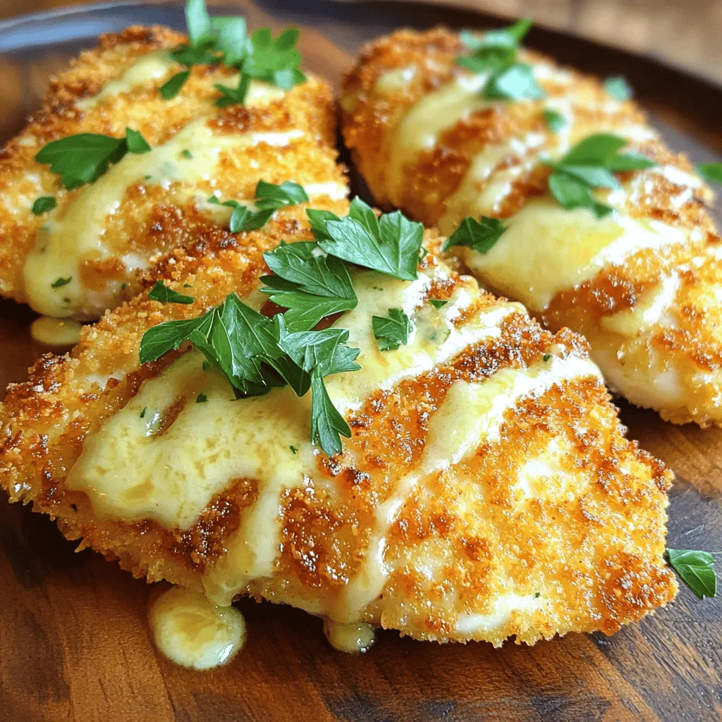 - 2 boneless, skinless chicken breasts - 1 cup breadcrumbs (panko preferred) - 1/2 cup freshly grated Parmesan cheese - 1 teaspoon garlic powder - 1 teaspoon Italian seasoning - 1/2 teaspoon salt - 1/2 teaspoon freshly ground black pepper - 3 cloves garlic, finely minced - 1/2 cup heavy cream - Fresh parsley, for garnish For this crispy Parmesan chicken, I use simple yet tasty ingredients. The star of the dish is, of course, the chicken. I like to use boneless and skinless chicken breasts. They cook evenly and get so tender. For the coating, I prefer panko breadcrumbs. They add a light crunch that makes each bite delightful. Mixing them with freshly grated Parmesan cheese gives the chicken a rich flavor. Next, I add some seasoning to make the chicken pop. Garlic powder and Italian seasoning bring warmth and depth. The salt and pepper round out the taste perfectly. Now, let’s talk about the garlic sauce. Fresh garlic is a must for a strong flavor. I finely mince it to release its oils. Heavy cream makes the sauce rich and creamy. Finally, I top it with fresh parsley for a pop of color and flavor. You can find the full recipe to make this dish at home. Get ready to impress your family and friends with this delicious meal! - Preheat your oven to 400°F (200°C). Line a baking sheet with parchment paper. - Set up your dredging station. Place all-purpose flour in one bowl. In another bowl, crack two eggs and beat them well. - In a shallow dish, mix the breadcrumbs, grated Parmesan cheese, garlic powder, Italian seasoning, salt, and pepper. Stir until well combined. - Take each chicken breast. Coat it in flour first, shaking off the extra. Then, dip it in the beaten eggs. Finally, press it into the breadcrumb mix to coat evenly. - Heat two tablespoons of olive oil in an oven-safe skillet over medium heat. - Once the oil is hot, add the breaded chicken. Cook it for about 3-4 minutes on each side until golden brown. - Transfer the skillet to the preheated oven. Bake the chicken for 15-20 minutes until it reaches 165°F (75°C) inside. This ensures it is fully cooked. These steps will help you create Crispy Parmesan Chicken with Garlic Sauce that is both easy and delicious. For the complete recipe, check the [Full Recipe]. Enjoy every bite! To get the best crunch, use panko breadcrumbs. They create a light, airy texture. When you coat the chicken, make sure to cover every inch. Press the breadcrumbs firmly to help them stick. This ensures a uniform crunch that is simply delightful. Timing is key for the garlic sauce. Start making it when the chicken is baking. This way, it stays fresh and hot. To adjust the flavor, taste and season as needed. A pinch of salt or pepper can really enhance the sauce. Drizzle the garlic sauce over the chicken just before serving. This adds a nice touch and keeps the chicken looking fresh. Add some fresh parsley as a garnish. It brightens the dish and makes it visually appealing. Serve on warm plates to keep everything at the perfect temperature. Enjoy your meal! {{image_4}} You can make this dish even better with some fun tweaks. Try different cheeses like mozzarella or gouda for a new taste. Each cheese adds its own twist. You can also mix in herbs or spices. Basil, thyme, or even a pinch of cayenne pepper can change the flavor profile. Experimenting will keep your meals exciting! Looking for a lighter option? Baking instead of frying works great. It cuts down on oil and keeps the chicken crispy. You can also use whole wheat breadcrumbs. They add more fiber and nutrients, making your meal healthier without losing taste. These small swaps can make a big difference in your cooking. What’s the best way to enjoy your Crispy Parmesan Chicken? Pair it with sides like roasted vegetables or a fresh salad. The crunch of the chicken goes well with the freshness of the veggies. A lemon wedge on the side adds a zesty kick. Squeeze it over the chicken for a burst of flavor. It elevates the dish and makes it feel special. To keep your Crispy Parmesan Chicken fresh, store leftovers in an airtight container. This helps lock in flavor and moisture. In the fridge, the chicken stays good for about three to four days. Make sure it cools down before packing it away. This ensures it stays crispy. Freezing is a great way to save leftover chicken for later. First, let the chicken cool completely. Then, wrap it tightly in plastic wrap. Place it in a freezer-safe bag or container. This helps prevent freezer burn. You can freeze the chicken for up to three months. When you’re ready to enjoy it, thaw it in the fridge overnight for the best taste. To reheat your chicken without losing its lovely crunch, use the oven. Preheat it to 350°F (175°C). Place the chicken on a baking sheet and heat for about 10-15 minutes. This method helps keep the crust crispy. Avoid reheating in the microwave, as it can make the coating soggy. If you must use the microwave, try a short burst on low power. It takes about 15 minutes to prep and 25 minutes to cook. The total time is around 40 minutes. You will have a delicious meal ready to enjoy in no time. Yes, you can make the garlic sauce ahead. Simply prepare the sauce and store it in the fridge. When ready to serve, just reheat it gently on the stove. This saves time when you want to enjoy your chicken. If your chicken isn’t crispy, check your coating. Make sure you use enough breadcrumbs. Panko breadcrumbs add the best crunch. Also, ensure you heat your oil well before adding the chicken. If the oil isn’t hot enough, the chicken will not crisp up. Another tip is to avoid overcrowding the pan; this keeps the heat steady and helps each piece cook evenly. This blog covered all you need for making Crispy Parmesan Chicken. You learned about key ingredients, step-by-step instructions, and tips for success. I shared ideas for variations, storage, and answers to common questions. Cooking can be fun and simple with these methods. Enjoy trying new flavors and techniques in your kitchen. Mix and match ideas for your perfect dish. With practice, you'll impress everyone with your crispy chicken. Happy cooking!