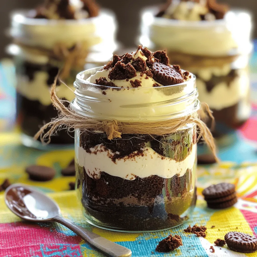 To make this tasty treat, you need the following cake ingredients: - 1 cup crushed chocolate sandwich cookies (like Oreos) - 1 cup all-purpose flour - 1 teaspoon baking powder - 1/2 teaspoon baking soda - 1/4 teaspoon salt - 1/2 cup unsalted butter, softened - 1 cup granulated sugar - 2 large eggs - 1 teaspoon pure vanilla extract - 1/2 cup buttermilk, at room temperature For the toppings and garnishes, gather these: - 1 cup whipped cream (store-bought or homemade) - Additional crushed cookies for garnish When choosing chocolate sandwich cookies, I recommend using classic Oreos. They provide a rich flavor and great crunch. If you prefer something unique, try flavored varieties like mint or peanut butter. For butter, always use unsalted butter. It gives you control over salt levels. As for cream, heavy whipping cream works best for a rich and fluffy texture. It whips up beautifully and adds a lovely finish to your jars. Make sure your ingredients are fresh for the best taste and texture. Enjoy creating your Cookies and Cream Cake Jar Delight! 1. Preheat and Grease the Cake Pan: Start by preheating your oven to 350°F (175°C). Grab a 9-inch round cake pan. Grease it with butter and dust it lightly with flour. This helps the cake come out easily after baking. 2. Mix Dry and Wet Ingredients: In a medium bowl, whisk together 1 cup of all-purpose flour, 1 teaspoon of baking powder, 1/2 teaspoon of baking soda, and 1/4 teaspoon of salt. Set this dry mix aside. In a larger bowl, mix 1/2 cup of softened butter and 1 cup of sugar with an electric mixer until fluffy. This should take about 3 to 4 minutes. Next, add 2 large eggs one by one. Mix well after each egg. Stir in 1 teaspoon of pure vanilla extract. - Importance of Baking Time: Gradually add the dry mixture and 1/2 cup of buttermilk to the wet mix, starting and ending with the dry mix. Mix just until combined. Overmixing can make the cake tough. Fold in 1 cup of crushed chocolate sandwich cookies. Pour the batter into your prepared pan. Bake for 25 to 30 minutes. Check with a toothpick; it should come out clean or with a few crumbs. - Cooling Process Tips: After baking, allow the cake to cool in the pan for 10 minutes. Then, transfer it to a cooling rack. Let it cool completely for about an hour. A cool cake is easier to crumble and layer. 1. Instructions for Crumbling the Cake: Once cooled, crumble the cake into small pieces in a large bowl. Make sure the pieces are uniform for even layering. 2. How to Layer the Jars for the Best Presentation: Get clean jars or dessert cups ready. Start with a spoonful of crumbled cake at the bottom of each jar. Add a layer of whipped cream. Repeat this process, adding more cake and cream until you fill the jars. End with whipped cream on top. For a finishing touch, sprinkle extra crushed cookies on top. Chill the jars in the fridge for at least 30 minutes before serving. This lets the flavors meld beautifully. To see the full recipe, check out the [Full Recipe]. To get a light and soft cake, you need to mix the batter just right. Start by mixing your butter and sugar until they seem fluffy. This helps add air to your cake. When you add the eggs, do it one at a time. Make sure to mix well after each egg. For even baking, always preheat your oven to the right temperature. This step makes sure your cake cooks evenly. Place the cake pan in the center of the oven. This helps the heat circulate around it. You can make this cake even more fun by trying different flavors. For a twist, swap some of the vanilla for chocolate. You can also add a hint of mint for a fresh kick. When it comes to presentation, use clear jars to show off those beautiful layers. Add a dollop of whipped cream on top and sprinkle some crushed cookies for a nice finish. Use colorful twine to tie a small spoon to the jar for a cute touch. If you're interested in the full recipe, check out the complete instructions above. {{image_4}} To keep your cookies and cream cake jars fresh, store them in the fridge. Use an airtight container or cover each jar tightly with plastic wrap. This will help prevent the whipped cream from absorbing any odors. Your cake jars will stay tasty for about 3 to 5 days. After that, the cake may dry out and the cream might lose its fluffiness. If you have extra cake, crumble it and store it in a sealed bag. It can last up to a week in the fridge. For leftover whipped cream, place it in a clean container with a tight lid. Whipped cream can stay fresh for about 3 days. If it starts to separate, just whisk it a bit to bring back the creaminess. How to make cookies and cream cake jars ahead of time? You can prepare the cake and cream the night before. Just layer them in jars the next day. This saves time and lets the flavors blend well. Keep the jars in the fridge until you are ready to serve. Can I use different types of cookies? Yes, feel free to try other cookies. Vanilla wafers or chocolate chip cookies work great too. Just remember to match the cookie flavor with your cake for the best taste. What is the best way to serve cake jars? Serve the jars chilled for a refreshing treat. You can place them on a colorful tray. Add small spoons for easy eating. This makes your dessert look fun and inviting. What to do if the cake is too dry? If your cake turns out dry, add a little milk or cream to the jar. This can help soften the cake layers. Also, avoid overbaking next time. Keep an eye on the time! How to fix layers that don’t stick together? If the layers don’t stick, use more whipped cream between them. This helps hold the layers in place. You can also try crumbling the cake a bit finer for better layering. In this post, we covered how to create a delicious Cookies and Cream Cake Jar. We looked at essential ingredients and tips for choosing the best ones. You learned step-by-step instructions for making the cake, layering it, and enhancing its flavor. Plus, we shared storage tips and answered common questions. The joy of making cake jars lies in their fun and flexible nature. With practice, you can create a treat that impresses everyone. Enjoy experimenting with flavors and make these jars your own!